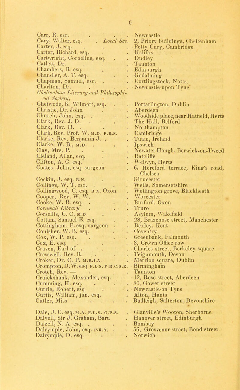 Carr, R. esq. Gary, Walter, esq. . Local Sec. Carter, J. esq. Carter, Richard, esq. Cartwright, Cornelius, esq. Catlett, Dr. . . Chambers, R. esq. Chandler, A. T. esq. Chapman, Samuel, esq. . Charlton, Dr. Cheltenham Literary and Fhilosophi- cal Society^ Chetwode, K. Wilmott, esq. Christie, Dr. John Church, John, esq. . Clark, Rev. J. D. . . . Clark, Rev. H. . Clark, Rev. Prof. W. m.d. f.r.s, Clarke, Rev. Benjamin J. , Clarke, W. B., m.d. . Clay, Mrs. P. . . Cleland, Allan, esq. Clifton, A. C. esq. Coates, John, esq. surgeon Cockin, J. esq. r.n. Ceilings, W. T. esq. . Collingwood, C. esq. b.a. Oxon. Cooper, Rev. W. W. Cooke, W. R. esq. . Cornwall Library Corsellis, C. C. m.d. Cottam, Samuel E. esq. Cottingham, E. esq. surgeon . Coulsher, W. B. esq. Cox, W. P. esq. Cox, E. esq. Craven, Earl of . Cressvvell, Rev. R. . . . Croker, Dr. C. P. m.r.i.a. Crompton,D. W.esq f.l.s. f.r.c.s.e. Crotch, Rev. — . . . Cruickshank, Alexander, esq. Gumming, H. esq. Currie, Robert, esq Curtis, William, jun. esq. Cutler, Miss Dale, J. G. esq. M.A. F.L.S. c.p.s. Dalyell, Sir J. Graham, Bart. Dalzell, N. A esq. . Dalrymple, John, esq. f.u.s. . Dalrymple, D. esq. Newcastle 2, Priory buildings, Cheltenham Petty Cury, Cambridge Halifax Dudley Taunton Edinl)iirgh Godalming Cortlingstock, Notts. Newcastle-upon-Tyne' Portarlington, Dublin Aberdeen Woodside place,near Hatfield, Herts The Hall, Belford Northampton Cambridge Tuam, Ireland Ipswich Newater Haugh, Berwick-on-Tweed RatcHflfe Welwyn, Herts 6, Hereford terrace. King's road, Chelsea Gloucester Wells, Somersetshire Wellington grove, Blackheatli Worcester Burford, Oxon Truro Asylum, Wakefield 28, Brazen ose street, Manchester Bexley, Kent Coventry Greenbank, Falmouth 3, Crown Office row Charles street, Berkeley square Teignmouth, Devon Merrion square, Dublin Birmingham Taunton 12, Rose street, Aberdeen 80, Gower street Newcastle-on-Tyne Alton, Hants Budleigh, Salterton, Devonshire Glanville's Wooton, Sherborne Hanover street, Edinburgh Bombay 56, Grosvenor street. Bond street Norwich