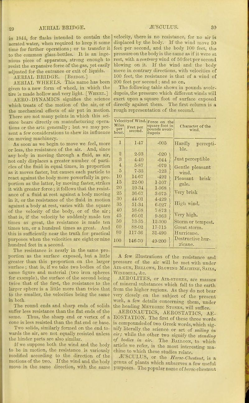 AEEIAL BRIDGE. /E'SCULUS. 80 in 1844, for flasks intended to contain the aerated water, wlien required to keep it some time for further operations; or to transfer it to the common glass-bottles. It is an inge- nious piece of apparatus, strong enough to resist the expansive force of the gas, yet easily adjusted for the entrance or exit of liquids. AERIAL BRIDGE. [Bkidge.] AilRIAL WHEELS. This name has been given to a new form of wheel, in which the tire is made hoUow and very light. [Wheel.] AERO-DYNAMICS signifies the science which ti-eats of the motion of the air, or of the mechanical efiects of air put in motion. There are not many points in which this sci- ence bears directly on manufactuiing opera- tions or the arts generally ; but we may pre- sent a few considerations to shew its influence on moving machinery. As soon as we begin to move we feel, more or less, the resistance of the air. And, since any body in moving through a fluid, as au-, not only displaces a greater number of parti- cles of the fluid in equal times, in proportion as it moves faster, but causes each pailicle to react against the body more powerfully in pro- portion as the latter, by moving faster, strilies it with greater force ; it follows that the resist- ance of a fluid at rest against a body moving in it, or the resistance of the fluid in motion against a body at rest, varies ivith the square of the velocity of the body, or of the air; that is, if the velocity be suddenly made ten times as great, the resistance is made ten times ten, or a hundred times as great. And this is sufficiently near the truth for practical purposes when the velocities ai'e eight or nine hundred feet in a second. The resistance is nearly in the same pro- portion as the surface exposed, but a little gi'eater than this proportion on the larger surface ; that is, if we take two bodies of the same figure and material (two iron spheres for example), the surface of the second being twice that of the first, the resistance to the larger .sphere is a httle more than t-\^dce that to tlio smaller, the velocities being the same in both. The round ends and shai-p ends of solids sufler less resistance than the flat ends of the same. Thus, the sharp end or vertex of a cone is less resisted than the flat end or base. Two solids, similarly formed on the end to- wards the air, are not equally resisted unless tlie hinder parts arc also similar. If we suppose both the wind and the body to be in motion, the resistance is variously modified according to the direction of the motions of the two. If the wind and the body move in the same direction, with the same velocity, there is no resistance, for no air in displaced by the body. If the wud move 50 feet per second, and the body 100 feet, tho pressure on the body is tlie same as if it were at rest, v/ith acontravj/ynnd of 50 feet per second blowing on it. If the wind and the body- move in contrary directions, \nth velocities of 100 feet, the resistance is that of a wind of 200 feet per second ; and so on. The following table shows in pounds avoir- dupois, the pressure which different winds will exert upon a square foot of surface exposed directly against them. The first column is a rough representation of the second. Velocityof Wind. Force on the Miles Feet per second. square foot in Character of the per hour. pounds avoir- dupois wind. 1 1-47 •005 Hardly p creep ti ble. 2 2-93 •020 ) •044 1 3 4-40 Just perceptible 4 5 5-87 7-33 •079 •123 ^ I Gentle pleasant ■wind. 10 14-07 ■492 Pleasant brisk 15 22-00 1-107 1 gale. 20 29-34 1-908 25 30-07 3-075 1 Veiy brisk 30 44-01 4-429 35 51-34 6-027 High wind. 40 58-08 7-873 45 eo-oi 9-903 Very high. 50 73-35 12-300 Storm or tempest. 00 88-02 17-715 Great storm. 80 117-30 31-490 Huiricane. 100 146-70 49-200 Destructive hur- xicane. A few illustrations of the resistance and pressm-e of the air will bo met with under Aip.-GUN, Bellows, Blowing Machine, Sails, Windmill, <fec. AEROLITES, or Aih-stones, are masses of mineral substances which fall to the earth from the higher regions. As they do not bear very closely on the subject of the present work, a few details concerning them, under the heading Meteohic Stones, will suffice. AERONAUTICS, AEROSTATICS, AE- ROSTATION. The first of these three words IS compounded of two Greek words, which sig- nify literally the science or art of sailing in air; while the other two signify the staudiiiff of ladies in air. The Balloon, to which article we refer, is the most interesting ma- chine to which these studies relate. iE'SCULUS, or the Horse-Cliushmt, is a genus of plants winch subserves a few useful purposes. The popular name of/iorsf-che.stjiut