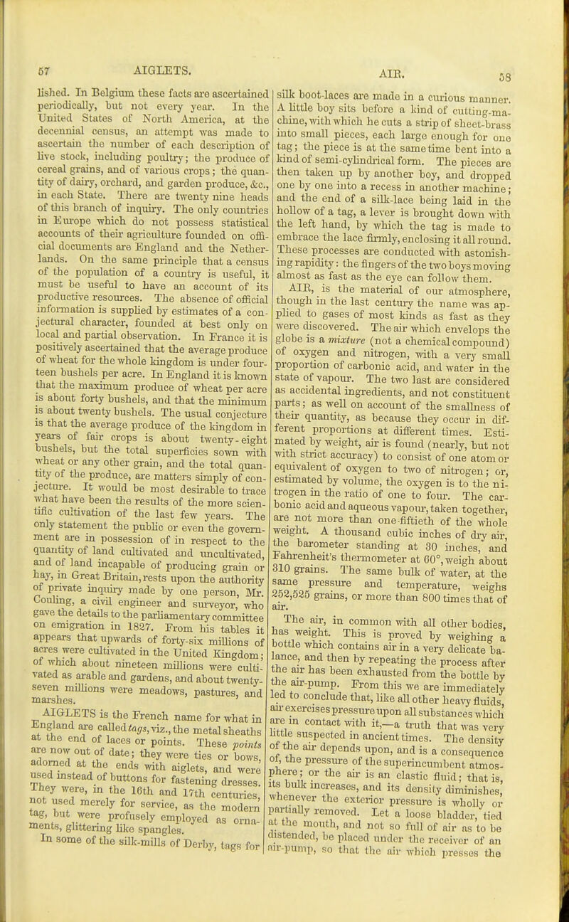 57 AIGLETS. lished. In Belgium these facts ai'e ascertained periodically, but not every yeai\ In the United States of North America, at the decennial census, an attempt was made to ascertain the number of each description of live stock, including poulti-y; the produce of cereal grains, and of various crops; the quan- tity of dairy, orchard, and garden produce, &c., in each State. There ai-e twenty nine heads of tliis branch of inquiry. The only countries m Em-ope which do not possess statistical accounts of their agriculture founded on offi- cial documents are England and the Nether- lands. On the same principle that a census of the population of a country is useful, it must be useful to have an account of its productive resources. The absence of official infoi-mation is supphed by estimates of a con- jectm-al character, founded at best only on local and partial observation. In France it is positively ascertained that the average produce of wheat for the whole kingdom is under four- teen bushels per acre. In England it is known that the maximum produce of wheat per acre is about forty bushels, and that the minunum is about twenty bushels. The usual conjecture IS that the average produce of the kingdom m years of fair crops is about twenty-eight bushels, but the total superficies sown with wheat or any other grain, and the total quan- tity of the produce, ai-e matters simply of con- jecture. It would be most desirable to trace what have been the results of the more scien- tific cultivation of the last few yeai-s. The only statement the pubhc or even the govern- ment are in possession of in respect to the quantity of land cultivated and uncultivated, and of land incapable of producing grain or hay, m Great Britain, rests upon the authority of private mqiury made by one person, Mr. Couhng, a civil engineer and surveyor, who gave the details to the parliamentary committee on emigration in 1827. From his tables it appears that upwards of forty-six millions of acres were cultivated in the United Kingdom; of which about nineteen miUions were culti vated as arable and gardens, ajid about twenty- seven milhons were meadows, pastures, and marshes. AIGLETS is the French name for what in England axe called ^a^5, viz., the metal sheaths at the end of laces or points. These points are now out of date; they were ties or bows adorned at the ends with aiglets, and were used mstead of buttons for fastening dresses. lot iZ7' -^ '^^tnries, not used merely for service, as the modern ments, glittering hke spangles. In some of the sUk-mills of Derby, tags for 58 silli boot-laces ai-e made in a curious manner. A Httle boy sits before a kind of cutLiug-ma- chine, with which he cuts a strip of sheet-brass into small pieces, each lai-ge enough for one tag; the piece is at the sometime bent into a kind of semi-cyhndrical form. The pieces are then talcen up by another boy, and dropped one by one into a recess in another machine; and the end of a silk-lace being laid m the hollow of a tag, a lever is brought down with the left hand, by which the tag is made to embrace the lace firmly, enclosing it all round. These processes are conducted with astonish- ing rapidity: the fingers of the two boys moving almost as fast as the eye can follow them. AIE, is the material of om- atmosphere, though in the last century the name was ap- pUed to gases of most Mnds as fast as they were discovered. The air which envelops the globe is & mixture (not a chemical compound) of oxygen and nitrogen, with a very small proportion of carbonic acid, and water m the state of vapour. The two last are considered as accidental ingredients, and not constituent parts; as well on account of the smallness of then- quantity, as because they occur in dif- ferent proportions at difierent times. Esti- mated by weight, air is found (nearly, but not with strict accuracy) to consist of one atom or equivalent of oxygen to two of nitrogen; or, estimated by volume, the oxygen is to the ni- trogen m the ratio of one to fom-. The car- bonic acid and aqueous vapoiu, taken together, are not more than one-fiftieth of the whole weight. A thousand cubic mches of dry air, the barometer standing at 30 inches, and Fahrenheit's thei-mometer at 60°, weigh about 310 grains. The same bulk of water, at the same pressure and temperature, weighs 252,525 grahis, or more than 800 times that of air. The air, in common with all other bodies has weight This is proved by weighing a bottle which contains an- in a veiy dehcate ba- lance, and then by repeating the process after the air has been exhausted from the bottle by the air-pump From this we are immediately led to conclude that, like aU other hea^'y fluids air exercises pressure upon aU substances which are m contact ivith it,-a truth that was very httle suspected in ancient times. The density of the au- depends upon, and is a consequence 0^ the pressure of the superincumbent atmos- phere; or the air is an clastic fluid; that is, Its bulk increases, and its density diminishes whenever the exterior pressure is wholly or partially removed. Let a loose bladder, tied at the mouth, and not so full of air as to be distended, be placed under the receiver of an air-pump, so that the air which presses the