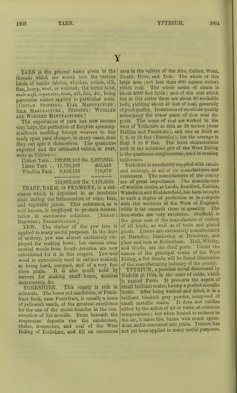 1803 YAEN. YTTEIUM. 1304 Y YARN is tlie general name given to the threads which are woven into the various kinds of textile fabrics, whether, cotton, silk, flax, hemp, wool, or worsted; the terms twist, mule-wcj'l, organzine, tram, ahh, line, &c., being particular names applied to pai'ticular sorts. [Cotton Spinning; Fi.ax Manufacture; Silk Manufactuee ; Spinning ; Woollen AND Woested Manufactuees.] The exportation of yam has nbif become very lai'ge,the perfection of English spiiiiiibg- machines enabling foreign weavers to buy ready-spun yam cheaper, in many cases, than they can spin it themselves. The quantities exported and the estimated values, iii 1848, were as foUows:— Cotton Yarn . .133,831,162 lbs. 5,927,831/. LiiienYarn .. 11,722,182 493,449 Woollen Yai-n . 8,429,152 770,975 155,982,496 lbs. 7,198,255/. YEAST, BAEM, or FEEMENT, is a sub- stance which is- deposited in an ilisOliible state dm-ing the fermentation Of win6j beer, and vegetable juices. This substdnce, as is well known, is employed to produce fermen- tation in sacchai-ine solutions. [Beead ; Eeewing; Eeementation.] Y^W. The timber of the yew tree is applied to many useful purposes. In the days of ai-chery, yew was almost exclusively em- ployed for making bows; but vaiious orna- mental woods from South America are now substituted for it in this respect. Yeiv-tree wood is extensively used in cabinet making, as being hard, compact, and of a very fine close grain. It is also much used by turners for making snuff-boxes, musical instruments, &c. YOEKSHIEE. This county is rich in minerals. The lower red sandstone, or Ponte- fract Eock, near Pontefract, is usually a mass of yellowish sands, of the greatest excellence for the use of the metal-founder in the con- struction of his moulds. From beneath the magnesian deposits rise the sandstones, shales, ironstones, and coal of the West Eiding of Yorksliire, and fill an enonnous area in the valleys of the Aire, Calder, Went, Dearn, Dove, and Don. The whole of this large area (not less than 600 squaie miles) yields coal. The whole series of strata is about 4000 feet thick; and of the coal which lies in this series there are about 20 workable beds, yielding about 40 feet of coal, generally of good quality. Ironstones of excellent quality accompany the lower parts of this coal de- posit. The seam of coal are worked in the west of Yorkshire as thin as 18 inches (near HaUfax and Penistoiie), and one as thick as 8, 9,- or 10 feet (Bamsley), but the average is from 3 to 6 feet. The most characteristic rock in the millstone grit of the West Eiding is the qtiartzose conglomerate, used in making millstones. Yorkshire is exceUeritly supplied with canals and railways, in aid of its manufactures and commerce. The manufactm-es of the county are of great importance. The manufactm-e of woollen cloths, at Leeds, Bradford, Haht'ax, Wakefield, and Huddersfield, has been brought to such a degree of perfection as to compete with the woollens of the West of England, while it far exceeds them in quantity. The iron-works are very extensive. ShefiBeld is the great seat of the manufacture of cutleiy of aU kinds, as well as of tools and plated goods. Linens are extensively manufactui-ed at Bai-nsley, blanketing at Dewsbmy, and glass and iron at Eotherham. HuU, mitby, and Goole, ai-e the chief ports. Under the names of the principal towns of the West Eiding, a few details will be found illustrative of the manufactming industry of the county. YTTEIUM, a pecuhar metal discovered by Gadolin in 1794, in the state of oxide, which is named Yitria. It presents the aspect of small briUiant scales, having a perfect metallic lustre. After being washed and diied, it is a briUiant blackish gray powder, composed of small metallic scales. It does not oxidise either by the action of air or water, at common temperatures; but when heated to redness in the au-, it takes fire, burns with much splen- dour, and is converted into ji-tria. Yttrium has not yet been appUed to many useful purposes.