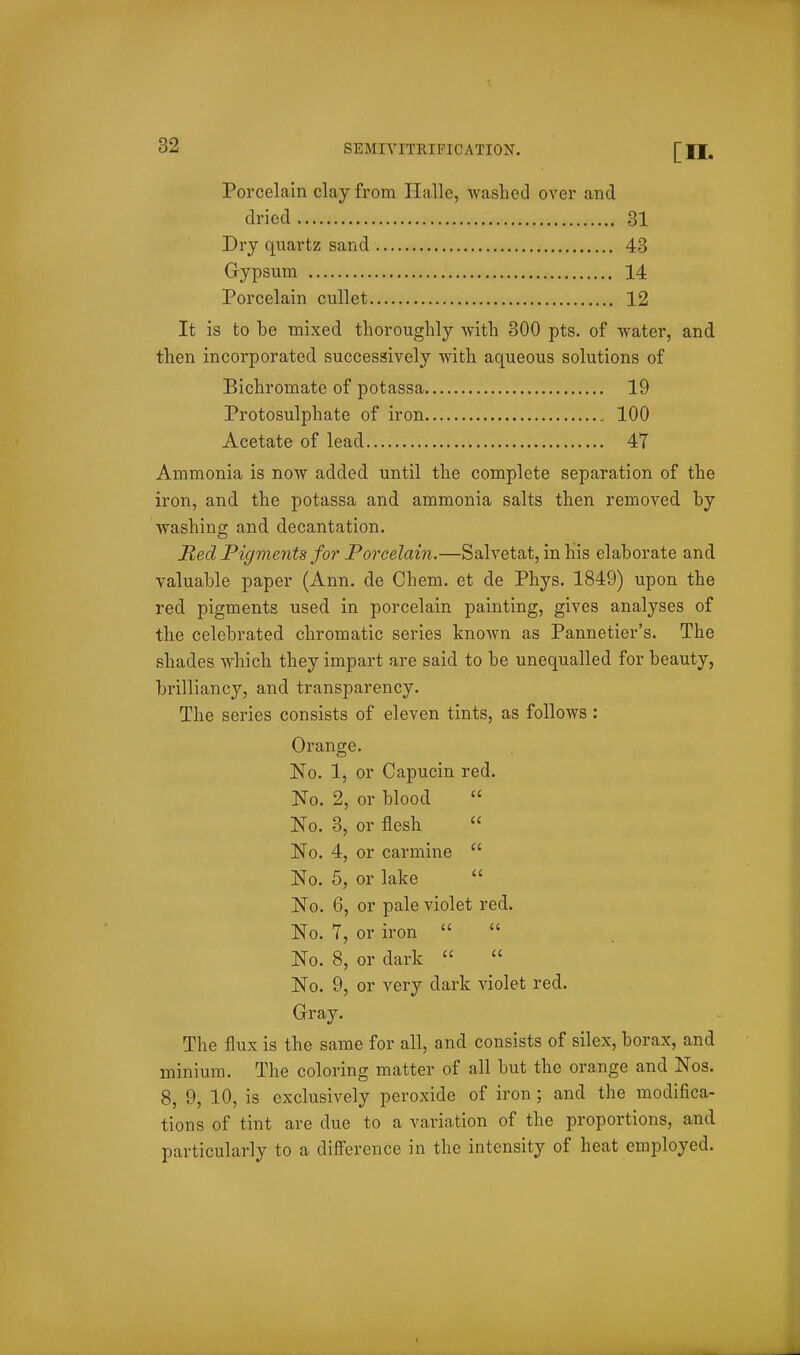 Porcelain clay from Halle, washed over and dried 31 Dry quartz sand 43 Gypsum 14 Porcelain cullet 12 It is to be mixed thoroughly with 300 pts. of water, and then incorporated successively with aqueous solutions of Bichromate of potassa 19 Protosulphate of iron 100 Acetate of lead 47 Ammonia is now added until the complete separation of the iron, and the potassa and ammonia salts then removed by washing and decantation. Red Pigments for Porcelain.—Salvetat, in his elaborate and valuable paper (Ann. de Chem. et de Phys. 1849) upon the red pigments used in porcelain painting, gives analyses of the celebrated chromatic series known as Pannetier's. The shades which they impart are said to be unequalled for beauty, brilliancy, and transparency. The series consists of eleven tints, as follows : Orange. No. 1, or Capucin red. No. 2, or blood No. 3, or flesh No. 4, or carmine No. 5, or lake No. 6, or pale violet red. No. 7, or iron No. 8, or dark No. 9, or very dark violet red. Gray. The flux is the same for all, and consists of silex, borax, and minium. The coloring matter of all but the orange and Nos. 8, 9, 10, is exclusively peroxide of iron; and the modifica- tions of tint are due to a variation of the proportions, and particularly to a difference in the intensity of heat employed.