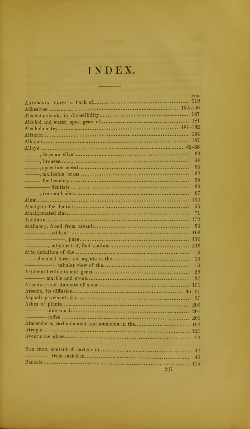 INDEX. PAGE Adansonia digitata, bark of. 118 Adhesives 152-156 Alcoholic drink, its digestibility 187 Alcohol and water, spec. grav. of 181 Alcoholometry 181-182 Alizarin 134 Alkanet 13 AUoys 62-68 , German silver 63 ■ , bronzes 64 , speculum metal 64 , malleable brass 64 for bearings 65 dentists 66 , iron and zinc 67 Alum 102 Amalgam for dentists 66 Amalgamated zinc 71 Amidulin 172 Antimony, freed from arsenic 53 , oxide of 106 , pure 116 , sulphuret of, S,nd sodium 116 Arts, definition of the 9 chemical force and agents in the 10 tabular view of the 16 Artificial brilliants and gems 28 marble and stone 87 Arseniate and stannate of soda 131 Arsenic, its diffusion 45, 51 Asphalt pavement, &c 37 Ashes of plants 200 pine wood 201 coffee 201 Atmosphere, carbonic acid and ammonia in the 192 Atropin ]21 Aventurine glass 26 Bab. iron, content of carbon in 42 :- from cast-iron 43 Benzole 225