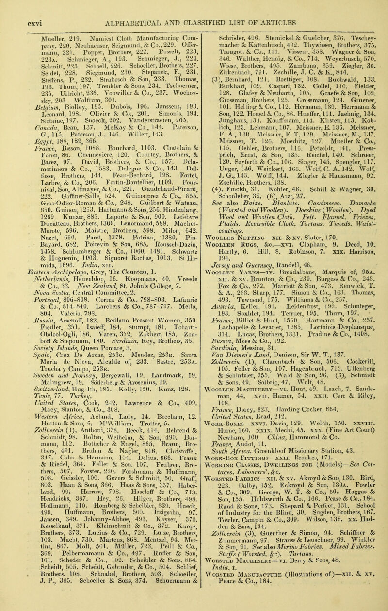 Mueller, 219, Namiest Cloth Manufacturing Com- paiiv, 220. Neuhaeuser, Seigmund, & Co., 229. Offer- iTiann, 221. Popper, Brothers, 222. Posselt, 223, 223a. Schmieger, A., 193. Schmleger, J., 224. Schmitt, 225. Schoell, 226. Schoeller, Brothers, 227. Seldel, '228. Siegmund, 230. Stepanek, F., 231. Steffens, P., 232. Strakosch & Son, 233. Thomas, 196. Thum, 197. Treiikler & Sons, 234. Tsdioeruer, 235. UUricht, 236. Vonwiller & Co., 237, Wochov- sky, 203. WolfVum, 301. Belgium, Biolley, 195. Dubois, 196. Janssens, 193, Leonard, 198, Olivier & Co., 201. Simonis, 194. Sirtaine, 197. Snoeck, 202. Vanderstraeten, 205. Canada, Bean, 137. McKay & Co., 144. Paterson, G., 115. Paterson, J., 146. Willett, 143. Ikfi/pt, 188, 189, 366. France, Bisson, 1088. Bouchard, 1103. Chatelain & Foron, 86. Chenneviere, 120. Courtey, Brothers, & Barez, 97. David, Brothers, & Co., 157. Dela- moviniere & Co., 1583. Delegue & Co., 143, Del- fosse, Brothers, 144. Feau-Bechard, 198. Forte), Larbre, & Co., 206. Fortin-Boutellier, 1109. Four- nival, Son, Altmayer, & Co., 221. Gaudchaud-Picard, 222. Goffinet-Salle, 524. Guinonprez & Co., 855. Gros-Odier-Roman & Co., 248. Guilbert & Wateau, 860. Guinon, 1263. Hartmann & Sons, 256. Hindenlang, 1269. Kunzer, 883. Laporte & Son, 900. Lefebvre Ducatteau, Brothers, 1309. Lenormand, 588. Machet- Marote, 596. Maistre, Brothers, 598. Milon, 642. Nazet, 660. Paret, 1378. Patriau, 1380. Pin- • Bayard, 682. Poitevin & Son, 685. Roussel-Dazin, 1458. Schlumberger & Co., 1000, 1481. Schwartz & Huguenin, 1003. Signoret Rochas, 1013. Si Ha- mida, 1696. India, xii. Eastern Archipelago, Grey, The Countess, 1. Netherlands, Heuveldop, 16. Koopmans, 40. Vreede «& Co., 33. New Zealand, St. John's College, 7. Nova Scotia, Central Committee, 2. Portugal, 806-808. Correa & Co., 798-803. Lafaurie & Co., 814-840. Larchers & Co., 787-797.. Mello, 804. Valerio, 79S. Mussia, Arsenoff, 182. Bedlano Peasant Women, 350. Fiedler, 351. Isaieff, 184. Stumpf, 181. Tcharti- Obdool-Ogli, 186. Varen, 352. Zakhert, 185. Zou- bofF& Stepounin, 180. Sardinia, Key, Brothers, 35. Society Islands, Queen Pomare, 3. Spain, Cruz De i^rcas, 253c. Mendez, 253b. Santa Maria de Nieva, Alcalde of, 233. Sastre, 253a. Trueba y Campo, 253e. Sweden and Norway, Bergewall, 19. Landmark, 19. Malmgrevi', 19. Soderberg & Arosenius, 19. Switzerland,Yi\ig-\W\, 185. Kelly, 150. Kunz, 128. Tunis, 77. Turkey. United States, Cook, 242. Lawrence & Co., 409. Macy, Stanton, & Co., 368. Western Africa, A eland, Lady, 14. Beech am, 12. Hutton & Sons, 6, M'WilHam. Trotter, 5, Zollverein (I), Anthonl, 378. Beeck, 494. Behvend & Schmidt, 98. Bolten, Welhelm, & Son, 490. Bor- mann, 112. Bothcher & Engel, 865. Brann, Bro- thers, 491. Bruhm & Nagler, 816. Christoffel, 347. Cohn & Hermann, 104. Delius, 866, Feaux & Riedel, 364. Feller & Son, 107. Feulgen, Bro- thers, 507, Forster, 220. Forshmann & Hutlmann, 508. Geissler, 100. Gevers & Schmidt, 50. Graflf, 803. Haan & Sons, 366. Haas & Sons, 357. Haberl land, 99. Harrass, 798. Haseloff & Co., 713. Hendrichs, 367. Hey, 26, Hilger, Brothers, 498. Hoffmann, 110. Homberg & Scheibier, 339. Hueck, 499. Huffmann, Brothers, 500. Itzigsohn, 97! Jansen, 349. Johanny-Abhoe, 493. Kayser, 370. Kesselkaul, 371. Kleinschmit & Co., 372. Knops, Brothers, 373. Lucius & Co., 729. Lutze, Brothers, 103. Macht, 730. Martens, 868. Mentzel, 94. Mer- lins, 867. Moll, 501. MiiUer, 723. Peill & Co., 369. Pelbermamann & Co., 497. Rufler & Son, 101. Scheder & Co., 102. Scheibler & Sons, 864. Scheidt, 505. Scheidt, Gebruder, & Co., 504. Schlief, Brothers, 108. Schnabel, Brothers, 503. Schoeller, J. P., 365, Schoeller & Sons, 374. Schuermann & Schroder, 496. Sternickel & Guelcher, 376. Teschey- macher & Kattenbusch, 492. Tliywissen, Brothers, 375. Traugott & Co., Ill, Visseur, 358. Wagner & Son, 346. Walther, Hennig, & Co., 714. Weyerbusch, 570. Wiese, Brothers, 495. Zambona, 359. Ziegler, 36. Zirkenbach, 791. Zschille, J. C. & K,, 844. (3) , Bernhard, 121. Boettiger, 108. Buchwald, 133. Burkhart, 109. Caspari, 132. Collel, 110. Fielder, 128. Glafey & Neubarth, 105. Graefe & Son, 102. Grossman, Brothers, 125. Grossmann, 124. Gruener, 101. Helling & Co., 112. Hermann, 139. Herrmann & Son, 122, Hoesel & Co,, 86. Hueff'er, 111. Jaehnig, 134. Junghans, 131. Kauffmann, 114. Kirsten, 113. Kob- lich, 123. Lehmann, 107. Meissner, E. 136. Meissner, F. A., 130. Meissner, F. T, 129. Meissner, M., 137. Meissner, T. 126, Moerbitz, 127. Mueller & Co., 115, Oehler, Brothers, 116. Petzoldt, 141. Press- prich, Ernst, & Son, 135, Reichel, 140, Schroeer, 120. Seyferth & Co., 106. Singer, 145. Spengler, 117. Unger, 146. Weickert, 166. Wolf, C A. 142. Wolf, J. G., 143. Wolff, 144. Ziegler & Haussmann, 92. Zschille, Brothers, 138. (4) , Finckh, 31. Kohler, 46, SchiU & Wagner, 30. Schonleber, 32. (6), Arzt, 27. See also Baize. Blankets. Cassimeres, Damasks (Worsted and Woollen'). Doeskins {Woollen'). Dyed Wool and Woollen Cloth. Felt. Flannel. Friezes. Plaids. Reversible Cloth. Tartans. Tweeds. Waist- coatings. Woollen Netting—xii, & xv. Slater, 170, Woollen Rugs, &c.—xvi. Clapham, 9. Deed, 10. Hartly, 6. Hill, 8. Robinson, 7. xix. Harrison, 194. Jersey and Guernsey, Randell, 46. Woollen Yarns—iv. Breadalbane, Marquis of, 95a. XII. &XV. Brunton, & Co., 230. Burgess & Co., 243. Fox & Co., 272. Marriott & Son, 473. Ken wick, T. & A., 233. Sharp, 177. Simon & Co., 163. Thomas, 493. Townend, 175. Williams & Co., 257, Austria, Keller, 191. Leidenfrost, 192, Schmieger, 193. Soxhlet, 194. Tetruer, 195. Thum, 197. France, Billiet & Huot, 1550. Hartmann & Co., 257. Lachapelle & Levarlet, 1285, Lorthiois-Desplansque, 314. Lucas, Brothers, 1331. Pradine & Co., 1408. Russia,^ Moes & Co., 192. Sardinia, Messina, 31. Van Diemen's Land, Denison, Sir W. T., 137. Zollverein (1), Ciarenbach & Son, 506. Cockerill, 105. Feller & Son, 107. Hagenbruch, 712. Ullenberg & Schintzler, 355, Wald & Son, 96. (3), Schmidt & Sons, 49. Solbrig, 47. Wolf, 48. Woollen Machinery—vi. Hunt, 49. Leach, 7. Sande- man, 44. xvii. Hamer, 54. xxii. Carr & Riley, 108. France, Dorey, 823. Harding-Cocker, 864. United States, Read, 212. Work-Boxes—xxvi. Davis, 129. Welch, 150. xxvm. Home, 160. xxix. Mechi, 45. xxx. (Fine Art Court) Newham, 100, China, Hammond & Co. France, Audot, 11. South Africa, Groenkloof Missionary Station, 43. WoRK-Box Fittings—XXII. Brookes, 171. Working Classes, Dwellings for (Models)—See Cot- tages, Labourers', Sfc. Worsted Fabrics—xii, & xv. Akroyd & Son, 130. Bird, 223, Dalhy, 152. Eckroyd & Son, 130a. Fowler & Co., 309. George, W, T, & Co,, 50. Haggas & Son, 155. Holdsworth & Co., 166. Pease & Co,, 184. Rand & Sons, 173. Shepard & Perfect, 131. School of Industry for the Blind, 30. Sugden, Brothers, 167. Towler, Campin & Co., 309, Wilson, 138. xx. Had- den & Sons, 134, Zollverein (3), Guenther & Simon, 94. Schiffner & Zimmermann, 97. Strauss & Leuschner, 99, Winkler & Son, 91. See also Merino Fabrics. Mixed Fabrics. Stuffs rWorsted, Sfc). Tartans. Worsted Machinery—vi. Berry & Sons, 48. India, i. Worsted Manufacture (Illustrations of)—Xil. & xv. Peace & Co., 184.