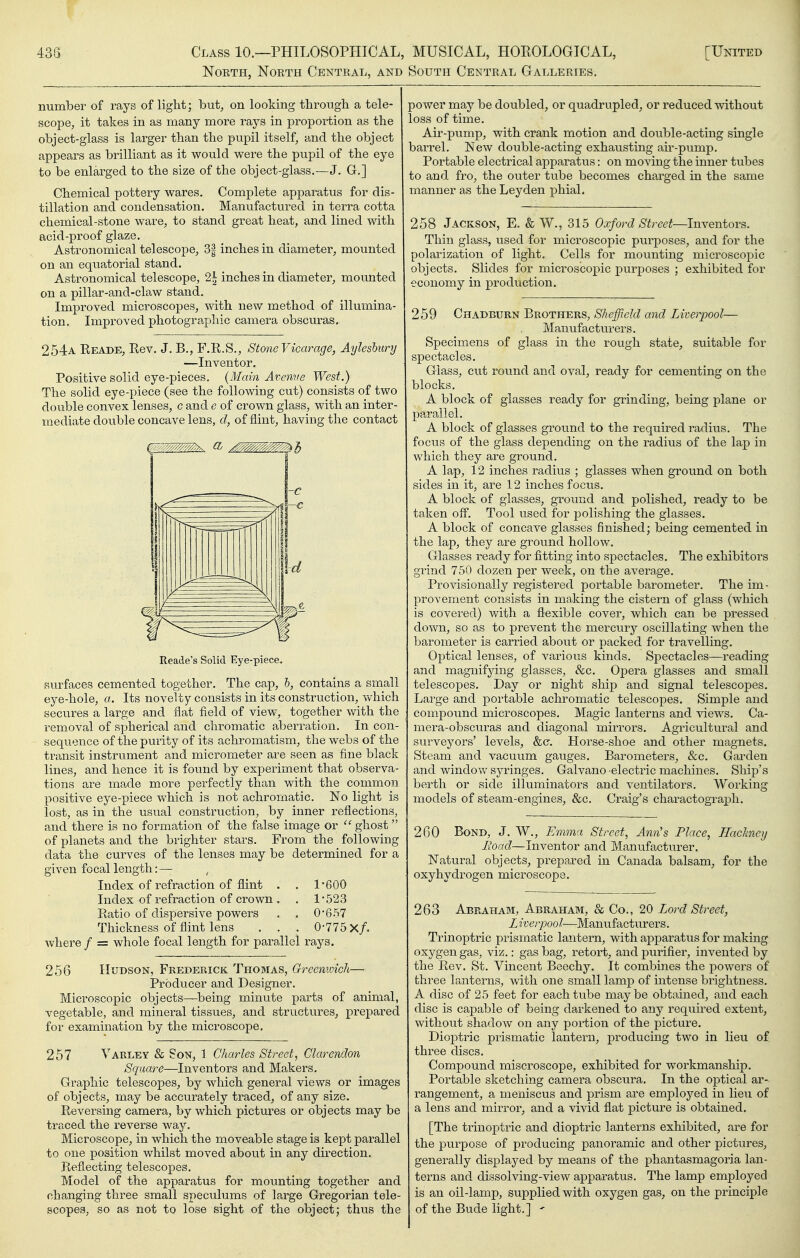 North, North Central, and South Central Galleries. number of rays of light; but, on looking through a tele- scope, it takes in as many more rays in proportion as the object-glass is larger than the pupil itself, and the object appears as brilliant as it would were the pupil of the eye to be enlarged to the size of the object-glass.—J. G.] Chemical pottery wares. Complete apparatus for dis- tillation and condensation. Manufactured in terra cotta chemical-stone ware, to stand great heat, and lined with acid-proof glaze. Astronomical telescope, 32 inches in diameter, mounted on an equatorial stand. Astronomical telescope, 2^ inches in diameter, mounted on a pillar-and-claw stand. Improved microscopes, with new method of illumina- tion. Improved photographic camera obscuras. 254a Reade, Rev. J. B., F.R.S., Stone Vicarage, Aylesbury —Inventor. Positive solid eye-pieces. {Main Avenve West.) The solid eye-piece (see the following cut) consists of two double convex lenses, c and e of crown glass, with an inter- mediate double concave lens, d, of flint, having the contact Reade's Solid Eye-piece. surfaces cemented together. The cap, h, contains a small eye-hole, a. Its novelty consists in its construction, v^^hich secures a large and flat field of view, together with the removal of spherical and chromatic aberration. In con- sequence of the purity of its achromatism, the webs of the transit instrument and micrometer are seen as fine black lines, and hence it is found by experiment that observa- tions are made more perfectly than with the common positive eye-piece which is not achromatic. No light is lost, as in the usual construction, by inner reflections, and there is no formation of the false image or  ghost  of planets and the brighter stars. From the following data the curves of the lenses may be determined for a given focal length :— Index of refraction of flint . . 1-600 Index of refraction of crown . . 1-523 Ratio of dispersive powers . . 0-657 Thickness of flint lens . . . 0-775 X/, where / = whole focal length for parallel rays. 256 Hudson, Frederick Thomas, Greenwich— Producer and Designer. Microscopic objects—^being minute parts of animal, vegetable, and mineral tissues, and structures, prepared for examination by the microscope. 257 Varley & Son, 1 Charles Street, Clarendon Square—Inventors and Makers. Graphic telescopes, by which general views or images of objects, may be accurately ti-aced, of any size. Reversing camera, by which pictures or objects may be traced the reverse way. Microscope, in which the moveable stage is kept parallel to one position whilst moved about in any direction. Reflecting telescopes. Model of the apparatus for movmting together and changing three small sx)eculums of large Gregorian tele- scopes, so as not to lose sight of the object; thus the power may be doubled, or quadrupled, or reduced without loss of time. Air-pump, with crank motion and double-acting single barrel. New double-acting exhausting air-pump. Portable electrical apparatus: on moving the inner tubes to and fro, the outer tube becomes charged in the same manner as the Ley den phial. 258 Jackson, E. & W., 315 Oxford Street—Inventors. Thin glass, used for microscopic purposes, and for the polarization of light. Cells for mounting microscopic objects. Slides for microscopic purposes ; exhibited for economy in production. 259 Chadburn Brothers, Sheffield and Liverpool— Manufacturers. Specimens of glass in the rough state, suitable for spectacles. Glass, cut round and oval, ready for cementing on the blocks. A block of glasses ready for grinding, being plane or parallel. A block of glasses ground to the required radius. The focus of the glass depending on the radius of the lap in which they are ground. A lap, 12 inches radius ; glasses when ground on both sides in it, are 12 inches focus. A block of glasses, ground and polished, ready to be taken off*. Tool used for polishing the glasses. A block of concave glasses finished; being cemented in the lap, they are ground hollow. Glasses ready for fitting into spectacles. The exhibitors ginnd 750 dozen per week, on the average. Provisionally registered portable barometer. The im- provement consists in making the cistern of glass (which is covered) with a flexible cover, which can be pressed down, so as to prevent the mercury oscillating when the barometer is carried about or packed for travelling. Optical lenses, of various kinds. Spectacles—reading and magnifying glasses, &c. Opera glasses and small telescopes. Day or night ship and signal telescopes. Large and portable achromatic telescopes. Simple and compound microscopes. Magic lanterns and views. Ca- mera-obscuras and diagonal mirrors. Agricultural and surveyors' levels, &c. Horse-shoe and other magnets. Steam and vacuum gauges. Barometers, &c. Garden and windov7 syringes. Galvano electric machines. Ship's berth or side illuminators and ventilators. Working models of steam-engines, &c. Craig's charactograph. 260 Bond, J. W., Emma Street, Ann's Place, Haclmey Road—Inventor and Manufacturer. Natural objects, prepared in Canada balsam, for the oxyhydrogen microscope. 263 Abraham, Abraham, & Co., 20 Lord Street, Liverpool—Manufacturers. Trinoptric prismatic lantern, with apparatus for making oxygen gas, viz.: gas bag, retort, and purifier, invented by the Rev. St. Vincent Beechy. It combines the powers of three lanterns, with one small lamp of intense brightness. A disc of 25 feet for each tube maybe obtained, and each disc is capable of being darkened to any required extent, without shadow on any portion of the picture. Dioptric prismatic lantern, producing two in lieu of three discs. Compound miscroscope, exhibited for workmanship. Portable sketching camera obscura. In the optical ar- rangement, a meniscus and prism are employed in lieu of a lens and mirror, and a vivid flat picture is obtained. [The trinoptric and dioptric lanterns exhibited, are for the purpose of producing panoramic and other pictures, generally displayed by means of the phantasmagoria lan- terns and dissolving-view apparatus. The lamp employed is an oil-lamp, supplied with oxygen gas, on the principle of the Bude light.] '