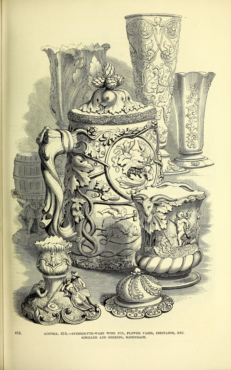 412. AUSTRIA. 614.—SYDEROLYTE-WARE WINE JUG, FLOWER VASES, INKSTANDS, ETC. SCHILLER AND GERBING, BODENBACH.