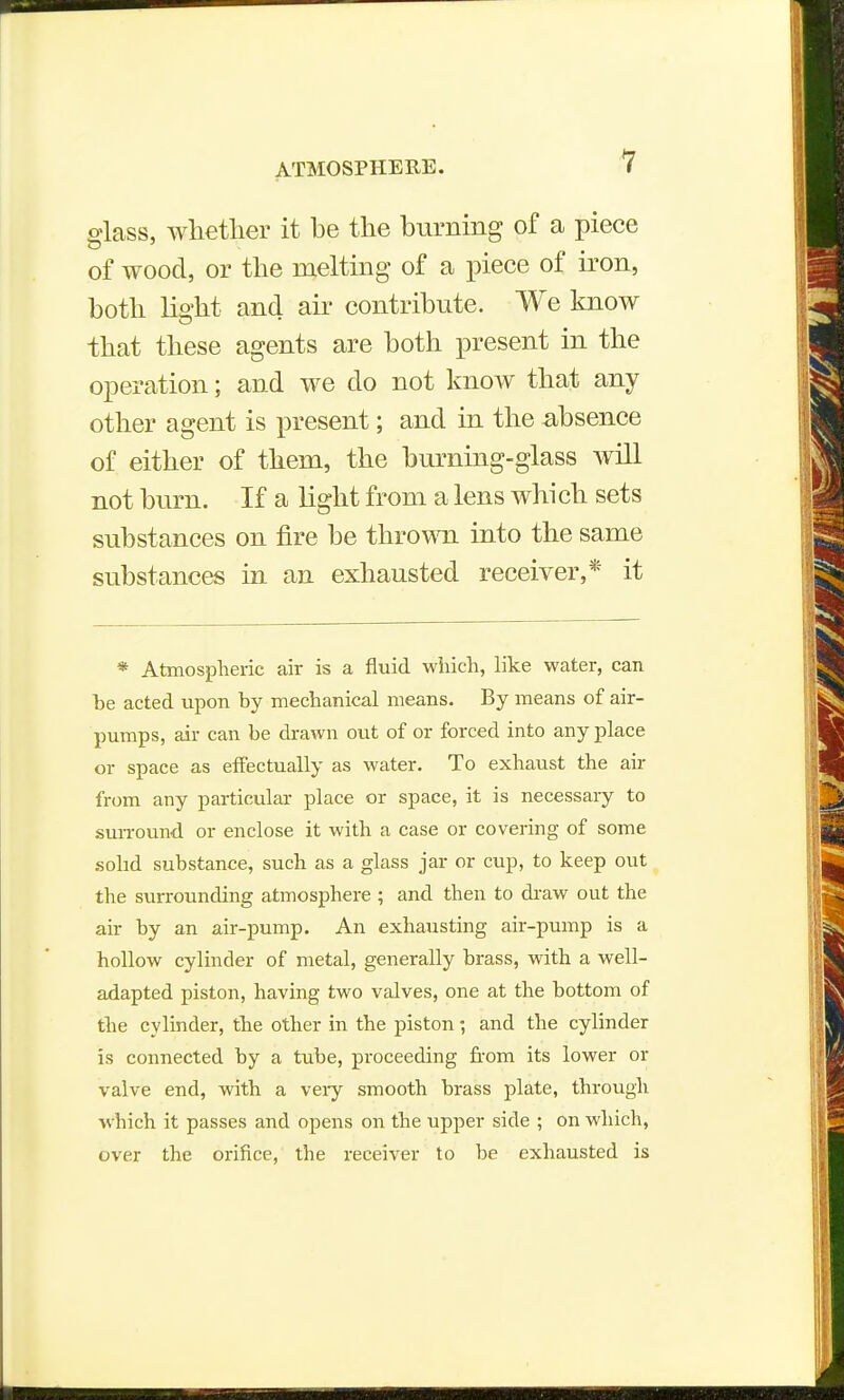 o'lass, whether it be the burning of a piece of wood, or the melting of a piece of iron, both light and air contribute. We know that these agents are both present in the operation; and we do not know that any other agent is present; and in the absence of either of them, the burning-glass will not bm-n. If a light from a lens which sets substances on fire be throwTi into the same substances in an exhausted receiver,* it * Atmospheric air is a fluid which, like water, can be acted upon by mechanical means. By means of air- pumps, air can be drawn out of or forced into any place or space as efiectually as water. To exhaust the air from any particular place or space, it is necessary to suiTound or enclose it with a case or covering of some .sohd substance, such as a glass jar or cup, to keep out the surrounding atmosphere ; and then to draw out the air by an air-pump. An exhausting air-pump is a hollow cylinder of metal, generally brass, with a well- adapted piston, having two valves, one at the bottom of the cylinder, the other in the piston; and the cylinder is connected by a tube, proceeding from its lower or valve end, with a very smooth brass plate, through which it passes and opens on the upper side ; on which, over the orifice, the receiver to be exhausted is
