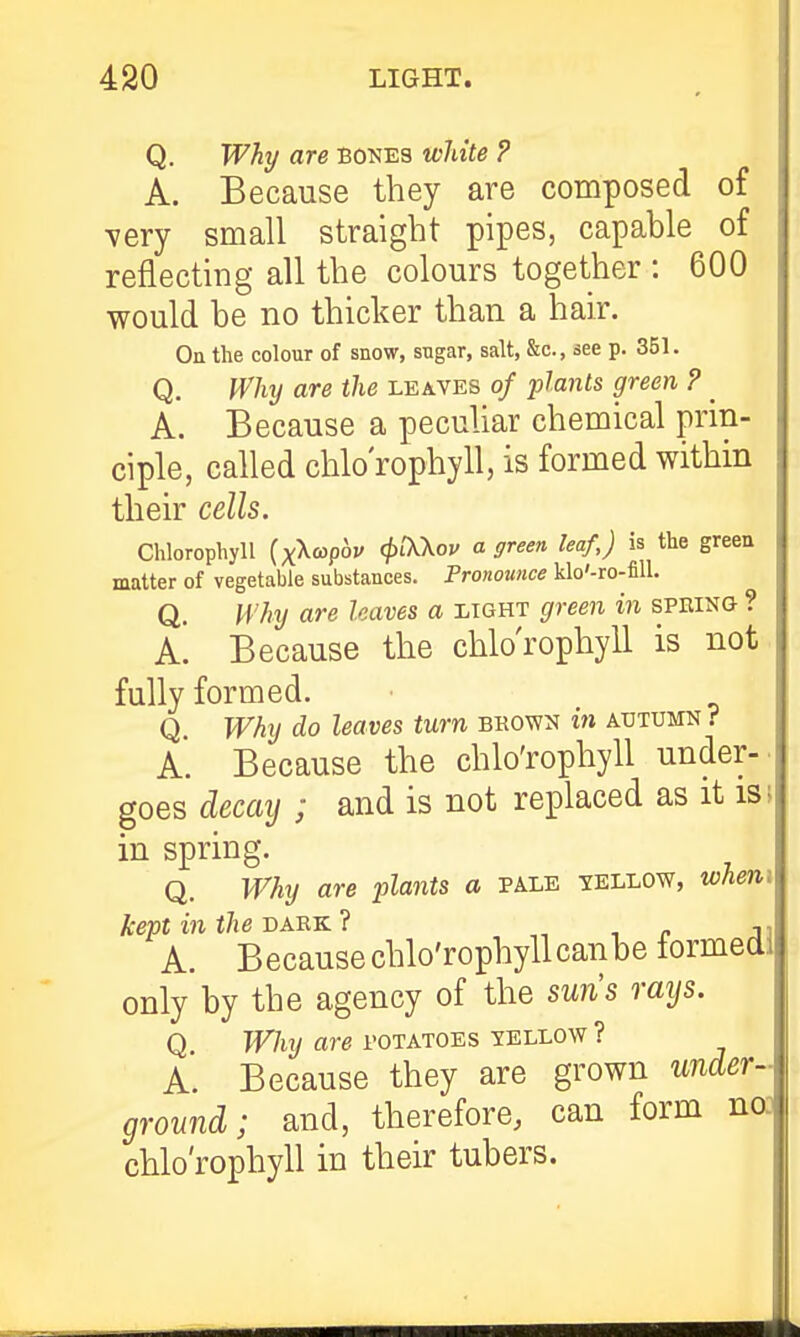 Q. Why are bones white ? A. Because they are composed of Yery small straight pipes, capable of reflecting all the colours together : 600 would be no thicker than a hair. Ou the colour of snow, sugar, salt, &c., see p. 351. Q. Why are the leaves of plants green ? _ A. Because a peculiar chemical prin- ciple, called chlorophyll, is formed within their celh. Chlorophyll (xXwpiv <^^ov a green leaf,) is the green matter of vegetable substances. Pronounce klo'-ro-fiU. Q. Why are leaves a light green in sPEiNa ? A. Because the chlo'rophyll is not fully formed. Q Why do leaves turn brown in autumn A. Because the chlo'rophyll under- goes decay ; and is not replaced as it is; in spring. Q. Why are plants a pale tellow, wheni kept in the DAnK? A. Because chlo'rophyllcanbe lormedl only by the agency of the suns rays. Q Why are i-otatoes yellow ? a'. Because they are grown under ground; and, therefore, can form no: chlo'rophyll in their tubers.