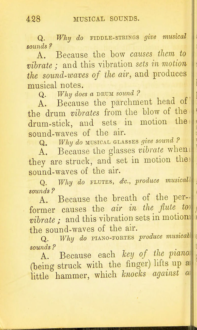 Q. WJiy do FiDDLE-sTRiKGS gtve musical 1 sounds ? ! A. Because the bow causes them to vibrate ; and this vibration sets in motion i tlie sound-waves of the air, and produces musical notes. ' Q. Why does a drum sound ? ] A. Because the parchment head of the drum vibrates from the blow of the ' drum-stick, and sets in motion thei . sound-waves of the air. i Q. Why do musical glasses yive sound ? | A. Because the glasses vibrate wheni they are struck, and set in motion the; , sound-waves of the air. Q. Why do FLUTES, dc, produce musicall , sounds ? r» 1 ' A. Because the breath of the per- former causes the air in the flute io? / vibrate; and this vibration sets in motiom s the sound-waves of the air. Q. Why do piAi^o-FORTES produce musicall ( sounds? . ]t A. Because each Tceij of the piana ^ (being struck with the finger) lifts up a little hammer, which hiocks against a
