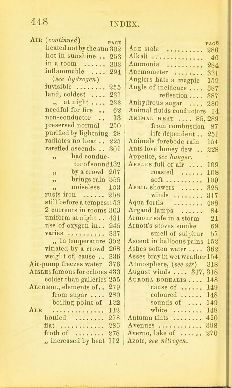 AiB {continued) •pkoti heatednotby the sun 302 hot in sunshine .. 2!)3 in a room 303 inflammable .... 294 {see hydrogen) invisible 255 laud, coldest .... 231 „ at night 233 needful for fire .. 62 non-conductor .. 13 preserved normal 250 purified by lightning 28 radiates no heat .. 223 rarefied ascends .. 301 „ bad conduc- tor()fsound432 „ by a crowd 267 „ brings rain 355 „ noiseless 153 rusts iron 258 still before a tempesti53 2 currents in rooms 303 uniform at night.. 431 use of oxygen in.. 245 varies 337 „ in temperature 352 vitiated by a crowd 268 weight of, cause .. 336 Air-pump freezes water 376 AiSLEsfamousforechoes 433 colder than galleries 255 AieoHOL, elements of.. 279 from sugar 280 boiling point of 122 Ale 112 bottled 278 flat 286 froth of 278 „ increased by heat 112 AiE stale 286 Alkali 46 Ammonia 284 Anemometer ........ 331 Anglers hate a magpie 159 Angle of incidence .... 387 reflection 387 Anhydrous sugar .... 280 Animal fluids conductors 14 Animal heat 85,289 from combustion 87 life dependent .. 251 Animals forebode rain 154 Ants love honey dew .. 228 Appetite, see hi/iif/ei: Apples full of air 109 roasted 108 soft 109 Apeil showers 325 ■winds 317 Aquafortis 488 Argaud lamps 84 Armour safe in a storm 21 Arnott's stoves smoke 69 smell of sulphur 57 Ascent in balloons pains 152 Ashes soften water .... 362 Asses bray in wet weather 154 Atmosphere, {see air) 318 August winds .... 317, 318 AcBOnA BOREALIS .... 148 cause of 149 coloured 148 sounds of .... 149 white 148 Autumn tints 420 Avenues 398 Averno, lake of 270 Azote, see nitrogen.