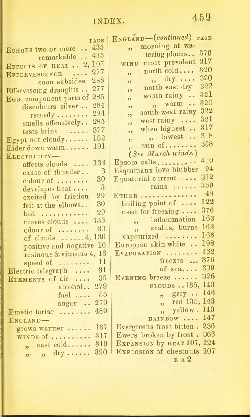 469 PAGE Echoes two or more .. 435 remarkable .. 435 Effects of heat .. 2, 107 Effervescence 277 soon subsides 288 Effervescing draughts .. 277 Egg, component parts of 285 discolours silver .. 284 remedy 284 smells offensively.. 285 tests brine 377 Egypt not cloudy 132 Eider down warm 191 Electricity— affects clouds .... 133 cause of thunder .. 3 colour of 30 developes heat .... 3 excited by friction 29 felt at the elbows.. 30 hot 29 moves clouds .... 136 odour of 30 of clouds 4, ]36 positive and negative 16 resinous & vitreous 4, 16 speed of 11 Electric telegraph .... 31 Elements of air .... 35 alcohol.. 279 fuel .... 35 sugar .. 279 Emetic tartar 480 England— grows warmer 167 WINDS of 317 „ east cold 319 » dry 320 England—(continued) pagb „ morning at wa- tering places.. 376 WIND most prevalent 317 „ north cold.... 320 „ dry .... 320 „ north east dry 322 „ south rainy .. 321 „ warm .. 320 „ south west rainy 322 „ west rainy .... 321 „ when highest .. 317 „ lowest .. 318 ,, rain of 358 (See March winds.) Epsom salts • • 4=10 Esquimaux love blubber 94 Equatorial current 313 rains 359 Ether ^8 boiling point of .... 122 used for freezing .... 376 ,, inflammation 163 „ scalds, burns 163 vapoi.irized 168 European skin white .. 198 EVAPOBATION 162 freezes ... 376 of sea.... 309 Evening breeze 326 CLOUDS . .135, 143 „ grey .. 146 „ red 135, 143 „ yellow. 143 RAINBOW .... 147 Evergreens frost bitten . 236 Ewers broken by frost . 366 Expansion by heat 107, 124 Explosion of chestnuts 107