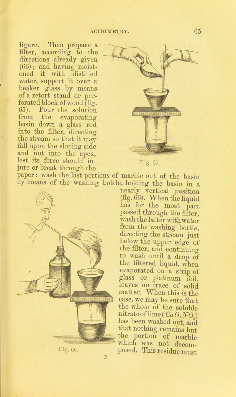 Fig. 65. figure. Tlien prepare a filter, according to the directions already given (66); and having moist- ened it with distilled water, support it over a beaker glass by means of a retort stand or per- forated block of wood (fig. 65). Pour the solution from the evaporating basin down a glass rod into the filter, directing the stream so that it may fall upon the sloping side and not into the apex, lest its force should in- jure or break through the paper: wash the last portions of marble out of the basin means of the washing bottle, holding the basin in a nearly vertical position (fig. 66). When the liquid has for the most part passed through the filter, wash the latter with water from the washing bottle, directing the stream just below the upper edge of the filter, and continuing to wash until a drop of the filtered liquid, when evaporated on a strip of glass or platinum foil, leaves no trace of solid matter. When this is the case, we may be sure that the whole of the soluble nitrate of lime ( Ca 0,N0 ) has been washed out, and that nothing remains but the portion of marble which was not decom- posed. This residue must