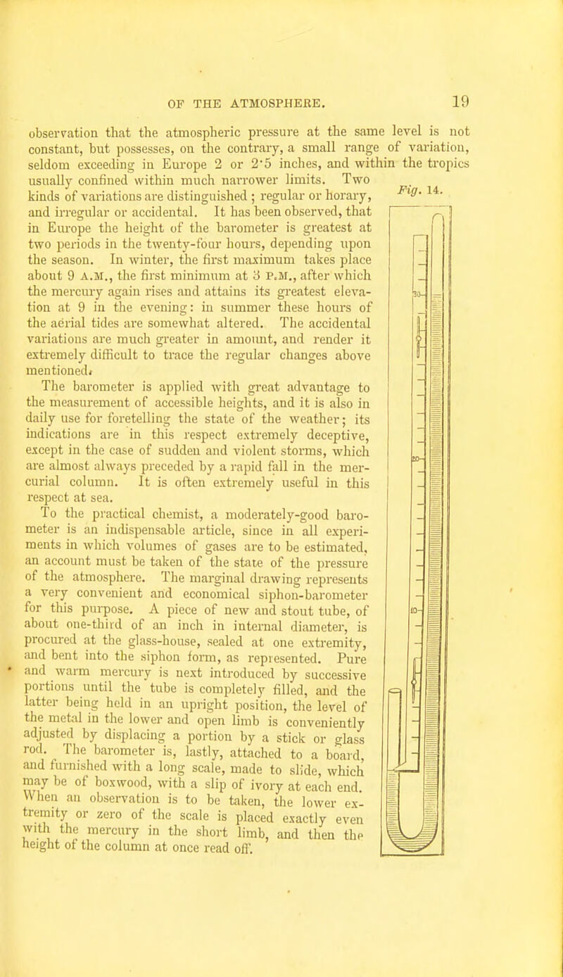 Fig. 14. r obserration that the atmospheric pressure at the same level is not constant, but possesses, on the contrary, a small range of variation, seldom exceeding in Europe 2 or 2'5 inches, and within the tropics usually confined within much narrower limits. Two kinds of variations are distinguished ; regular or horary, and irregular or accidental. It has been observed, that in Europe the height of the barometer is greatest at two periods in the twenty-four hours, depending upon the season. In winter, the first maximum takes place about 9 A.M., the first minimum at 3 p.m., after which the mercury again rises and attains its greatest eleva- tion at 9 in the evening: in summer these hours of the aerial tides are somewhat altered. The accidental variations are much greater in amount, and render it extremely difficult to trace the regular changes above mentionedj The barometer is applied with great advantage to the measurement of accessible heights, and it is also in daily use for foretelling the state of the weather; its indications are in this respect extremely deceptive, except in the case of sudden and violent storms, which are almost always preceded by a rapid fall in the mer- curial column. It is often extremely useful in this respect at sea. To the practical chemist, a moderately-good baro- meter is an indispensable ai'ticle, since in all experi- ments in which volumes of gases are to be estimated, an account must be taken of the state of the pressure of the atmosphere. The marginal drawing represents a very convenient and economical siphon-barometer for this purpose. A piece of new and stout tube, of about one-third of an inch in internal diameter, is procured at the glass-house, sealed at one extremity, and bent into the siphon form, as represented. Pure and warm mercury is next introduced by successive portions until the tube is completely filled, and the latter being held in an upright position, the level of the metal in the lower and open limb is conveniently adjusted by displacing a portion by a stick or glass rod. The barometer is, lastly, attached to a boaid, and furnished with a long scale, made to slide, which may be of boxwood, with a slip of ivory at each end. When an observation is to be taken, the lower exl tremity or zero of the scale is placed exactly even with the mercury in the short limb, and then the height of the column at once read ofl'.