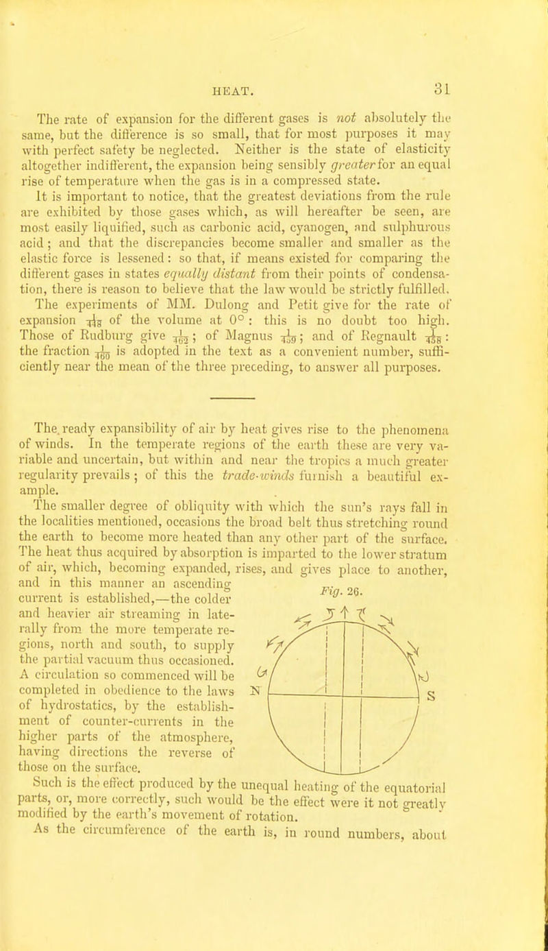 The rate of expansion for the different gases is not absolutely the same, but the difterence is so small, that for most purposes it may with perfect safety be neglected. Neither is the state of elasticity altogether indiflerent, the expansion being sensibly grcaterfor an equal rise of temperature when the gas is in a compressed state. It is important to notice, that the greatest deviations from the rule are exhibited by those gases which, as will hereafter be seen, are most easily liquified, such as carbonic acid, cyanogen, nnd sulphurous acid ; and that the discrepancies become smaller and smaller as the elastic force is lessened: so that, if means existed for comparing the dift'erent gases in states equally distant from their points of condensa- tion, there is reason to believe that the law would be strictly fulfilled. The experiments of MM. Dulong and Petit give for the rate of expansion of the volume at 0° : this is no doubt too high. Those of Rudburg give ; of Magnus :[Jg; and of Regnault -^g: the fraction is adopted in the text as a convenient number, suffi- ciently near the mean of the three preceding, to answer all purposes. Fig. 26. The. ready expansibility of air by heat gives rise to the phenomena of winds. In the temperate regions of the eai'th these are very va- riable and uncertain, but within and near tlie tropics a much greater regularity prevails; of this the trade-winds furnish a beautiful ex- ample. The smaller degree of obliquity with which the sun's rays fall in the localities mentioned, occasions the broad belt thus stretching roiuid the earth to become more heated than any other part of the surface, The heat thus acquired by absorption is imparted to the lower stratum of air, which, becoming expanded, rises, and gives jjlace to another, and in this manner an ascending current is established,—the colder and heavier air streaming in late- rally from the more temperate re- gions, north and south, to supply the partial vacuum thus occasioned. A circulation so commenced will be completed in obedience to the laws of hydrostatics, by the establish- ment of counter-currents in the higher parts of the atmosphere, having directions the reverse of those on the surface. _ Such is the effect produced by the unequal heating of the equatorial parts, or, more correctly, such would be the effect were it not greatly modified by the earth's movement of rotation. As the circumference of the earth is, in round numbers, about