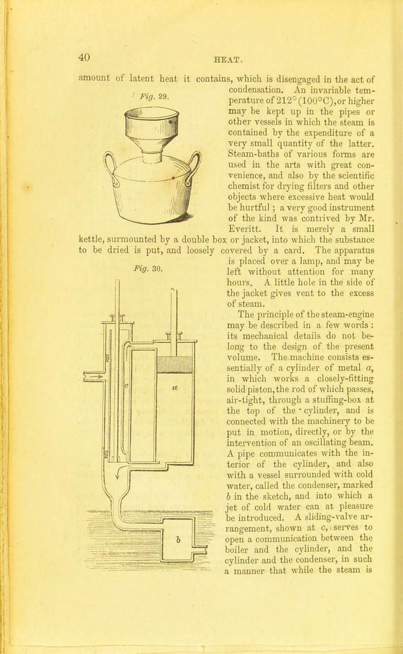 amount of latent heat it contains, which is disengaged in the act of . . condensation. An invariable tem- perature of 212'^(100°C),or higher may be kept up in the pipes or other vessels in which the steam is contained by the expenditure of a vejy small quantity of the latter. Steam-baths of various fonns are used in the arts with great con- venience, and also by the scientific chemist for diying filters and other objects where excessive heat would be hurtful ; a very good insti-ument of the kind was contrived by Mr. Everitt. It is merely a small kettle, surmounted by a double box or jacket, into which the substance to be dried IS put, and loosely IHg. 30. covered by a card. The apparatus is placed over a lamp, and may be left without attention for many hours. A little hole in the side of the jacket gives vent to the excess of steam. The principle of the steam-engine may be described in a few words : its mechanical details do not be- long to the design of the present volume. The machine consists es- sentially of a cylinder of metal a, in which works a closely-fitting solid piston, the rod of which passes, air-tight, through a stuffing-box at the top of the  cylinder, and is connected with the machinery to be put in motion, directly, or by the intervention of an oscillating beam. A pipe communicates with the in- terior of the cylinder, and also with a vessel surrounded with cold water, called the condenser, marked 6 in the sketch, and into which a jet of cold water can at pleasure be introduced. A sliding-valve ar- rangement, shown at c, serves to open a communication between the boiler and the cylinder, and the cylinder and the condenser, in such a manner that while the steam is