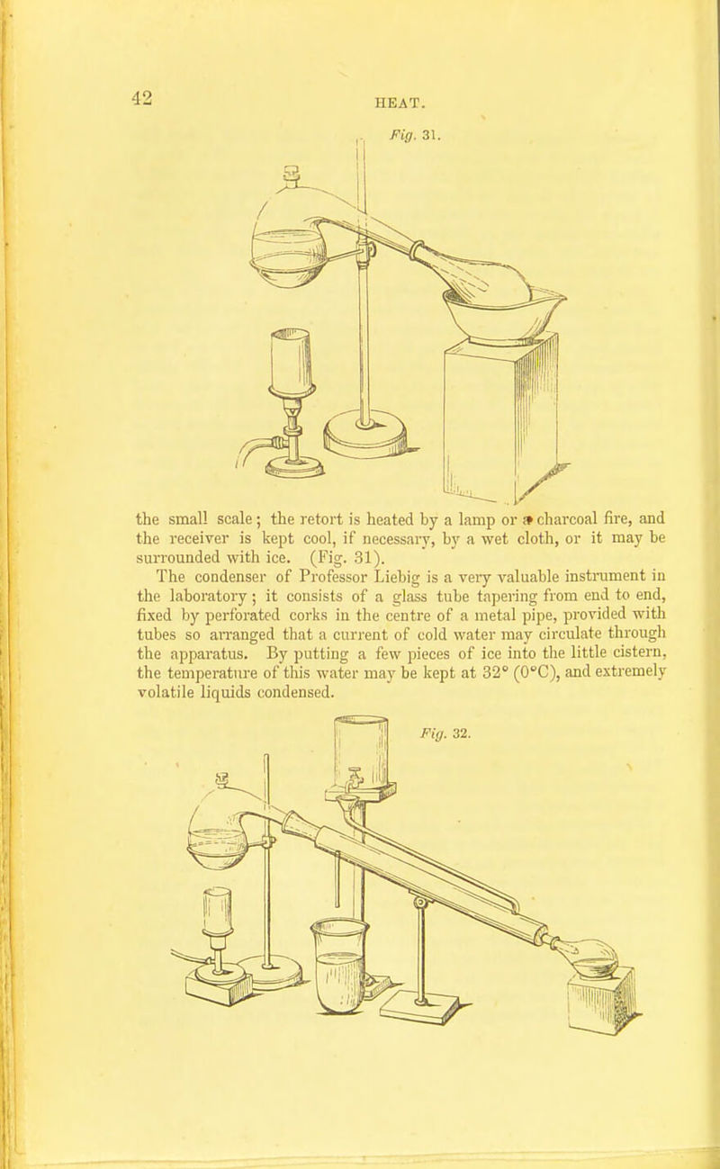 Fig. 31. the small scale ; the retort is heated by a lamp or » charcoal fire, and the receiver is kept cool, if necessary, by a wet cloth, or it may be surrounded with ice. (Fig. .31). The condenser of Professor Liebig is a veiy valuable instrument in the laboratory ; it consists of a glass tube tapering from end to end, fixed by perforated corlss in the centre of a metal pipe, provided with tubes so arranged that a current of cold water may circulate through the apparatus. By putting a few pieces of ice into the little cistern, the temperature of'this water may be kept at 32 (O'C), and extremely volatile liquids condensed. Fig. 32.