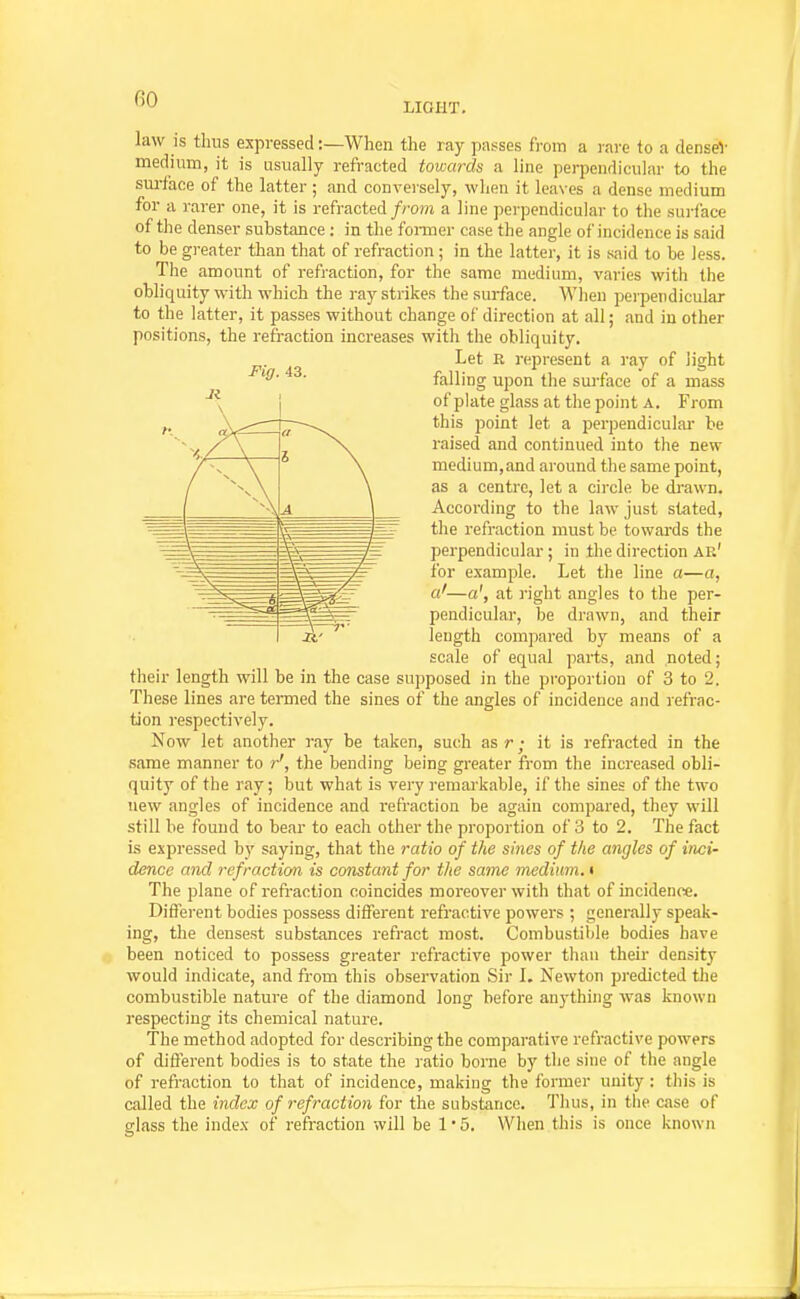 law is thus expressed;—When the ray passes from a i-arc to a denseV medium, it is usually refracted towards a line pei-pondicular to the surface of the latter ; and conversely, when it leaves a dense medium for a rarer one, it is refracted/ro?7i a line perpendicular to the surface of the denser substance : in the foiToer case the angle of incidence is said to be greater than that of refraction; in the latter, it is said to be less. The amount of refraction, for the same medium, varies with the obliquity with which the ray strikes the surface. Wlien perpendicular to the latter, it passes without change of direction at all; and iu other positions, the refraction increases with the obliquity. Let E represent a ray of light falling upon the surface of a mass of plate glass at the point A. From this point let a perpendicular be raised and continued into the new medium,and around the same point, as a centre, let a circle be drawn. According to the law just stated, the refraction must be towards the perpendicular ; iu the direction ar' for example. Let the line a—a, a'—a', at right angles to the per- pendicular, be drawn, and their length compared by means of a scale of equal parts, and noted; their length will be in the case supposed in the proportion of 3 to 2. These lines are termed the sines of the angles of incidence and refrac- tion respectively. Now let another ray be taken, such as r; it is refracted in the same manner to r', the bending being greater from the increased obli- quity of the ray; but what is very remarkable, if the sines of the two new angles of incidence and refraction be again compared, they will Ls expressed by saying, that the 7-atio of the sines of the angles of inci- dence and refraction is constant for the same medium, i The plane of refi'action coincides moreover with that of incidence. Diffei-ent bodies possess different refractive powers ; generally speak- ing, the densest substances refract most. Combustible bodies have been noticed to possess greater refractive power than their density would indicate, and from this observation Sir I. Newton predicted the combustible nature of the diamond long before anything was known respecting its chemical nature. The method adopted for describing the comparative refractive powers of different bodies is to state the I'atio borne by the sine of tlie angle of refraction to that of incidence, making the former unity : this is called the index of refraction for the substance. Thus, in the case of glass the index of refraction will be 1*5. When this is once known
