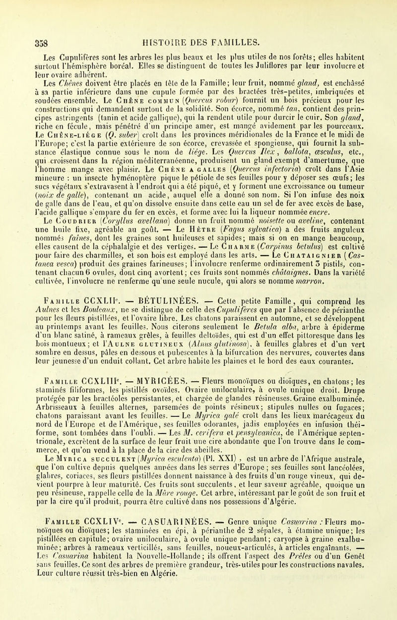 Les Cupulifères sont les arbres les plus beaux et les plus utiles de nos forêts; elles habitent surtout l'hémisphère boréal. Elles se distinguent de toutes les Juliflores par leur involucre et leur ovaire adhérent. Les Chênes doivent être placés en lèle de la Famille; leur fruit, nommé gland, est enchâssé à sa partie inférieure dans une cupule formée par des bractées très-petites, imbriquées et soudées ensemble. Le Chêne commun [Quércus robur) fournit un bois précieux pour les constructions qui demandent surtout de la solidité. Son écorce, nommé tan, contient des prin- cipes astringents (tanin et acide galliqué), qui la rendent utile pour durcir le cuir. Son gland, riche en fécule, mais pénétré d'un principe amer, est mangé avidement parles pourceaux. Le Chêne-liége (Q. suber) croît dans les provinces méridionales de la France et le midi de l'Europe; c'est la partie extérieure de son écorce, crevassée et spongieuse, qui fournit la sub- stance élastique connue sous le nom de liège. Les Quercus Ilex, ballota, œsculus, etc., qui croissent dans la région méditerranéenne, produisent un gland exempt d'amertume, que l'homme mange avec plaisir. Le Chêne a galles (Quercus infectoria) croît dans l'Asie mineure : un insecte hyménoptère pique le pétiole de ses feuilles pour y déposer ses œufs; les sucs végétaux s'exlravasent à l'endroit qui a été piqué, et y forment une excroissance ou tumeur {noix de galle), contenant un acide, auquel elle a donné son nom. Si l'on infuse des noix de galle dans de l'eau, et qu'on dissolve ensuite dans cette eau un sel de fer avec excès de base, l'acide gallique s'empare du fer en excès, et forme avec lui la liqueur nommée encre. Le Coudrier (Coryllus avellana) donne un fruit nommé noisette on aveline, contenant une huile fixe, agréable au goût. — Le Hêtre (Fagv.s sylvatica) a des fruits anguleux nommés faines, dont les graines sont huileuses et sapides; mais si on en mange beaucoup, elles causent de la céphalalgie et des vertiges. — Le Charme (Carpinus betulus) est cultivé pour faire des charmilles, et son bois est employé dans les arts. — Le Châtaignier (Cas- tanea vesca) produit des graines farineuses; l'involucre renferme ordinairement 5 pistils, con- tenant chacun6 ovules, dont cinq avortent; ces fruits sont nommés châtaignes. Dans la variété cultivée, l'involucre ne renferme qu'une seule nucule, qui alors se nomme marron. Famille CCXLIK — BÉTULINÉES. — Cette petite Famille, qui comprend les Aulnes et les Bouleaux, ne se distingue de celle des Cupulifères que par l'absence de périanthe pour les fleurs pistillées, et l'ovaire libre. Les chatons paraissent en automne, et se développent au printemps avant les feuilles. Nous citerons seulement le Belula alba, arbre à épiderme d'un blanc satiné, à rameaux grêles, à feuilles deltoïdes, qui est d'un effet pittoresque dans les bois montueux; et I'Aulne glutineux (Alnus glulinosa), à feuilles glabres et d'un vert somhre en dessus, pâles en dessous et puhesccntes à la bifurcation des nervures, couvertes dans leur jeunesse d'un enduit collant. Cet arbre habile les plaines et le bord des eaux courantes. Famille CCXLIIF. — MYRICÉES. — Fleurs monoïques ou dioïques, en chatons; les staminés filiformes, les pistillés ovoïdes. Ovaire uniloculaire, à ovule unique droit. Drupe protégée par les bractéoles persistantes, et chargée de glandes résineuses. Graine exalbuminée. Arbrisseaux à feuilles alternes, parsemées de points résineux; stipules nulles ou fugaces; chatons paraissant avant les feuilles. — Le Myrica galé croît dans les lieux marécageux du nord de l'Europe et de l'Amérique, ses feuilles odorantes, jadis employées en infusion théi- forme, sont tombées dans l'oubli. — Les M. cerifera etpensylvanica, de l'Amérique septen- trionale, excrètent de la surface de leur fruit une cire abondante que l'on trouve dans le com- merce, et qu'on vend à la place de la cire des abeilles. LeMYRiCA succulent (Myrica esculenta) (Pl. XXI) , est un arbre de l'Afrique australe, que l'on cultive depuis quelques années dans les serres d'Europe ; ses feuilles sont lancéolées, glabres, coriaces, ses fleurs pistillées donnent naissance à des fruits d'un rouge vineux, qui de- vient pourpre à leur maturité. Ces fruits sont succulents, et leur saveur agréable, quoique un peu résineuse, rappelle celle de la Mûre rouge. Cet arbre, intéressant par le goût de son fruit et par la cire qu'il produit, pourra être cultivé dans nos possessions d'Algérie. Famille CCXLIVe. — CASUAÎUNÉES. — Genre unique Casuarina : Fleurs mo- noïques ou dioïques; les staminées en épi, à périanthe de 2 sépales, à étamine unique ; les pistillées en capitule; ovaire uniloculaire, à ovule unique pendant; caryopse à graine exalbu- minée; arbres à rameaux verticillés, sans feuilles, noueux-articulés, à articles engaînants. — Les (Casuarina habitent la Nouvelle-Hollande; ils offrent l'aspect des Prêles ou d'un Genêt sans feuilles. Ce sont des arbres de première grandeur, très-utiles pour les constructions navales. Leur culture réussit très-bien en Algérie.