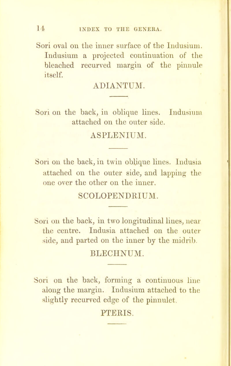 Sori oval on the inner surface of the Indusium. Indusium a projected continuation of the bleached recurved margin of the pinnule itself. ADIANTUM. Sori on the back, in oblique lines. Indusium attached on the outer side. ASPLENIUM. Sori on the back, in twin oblique lines. Indusia attached on the outer side, and lapping the one over the other on the inner. SCOLOPENDRIUM. Sori on the back, in two longitudinal lines, near the centre. Indusia attached on the outer side, and parted on the inner by the midrib. BLECHNUM. Sori on the back, forming a continuous lino along the margin. Indusium attached to the slightly recurved edge of the pinnulet. PTERIS.