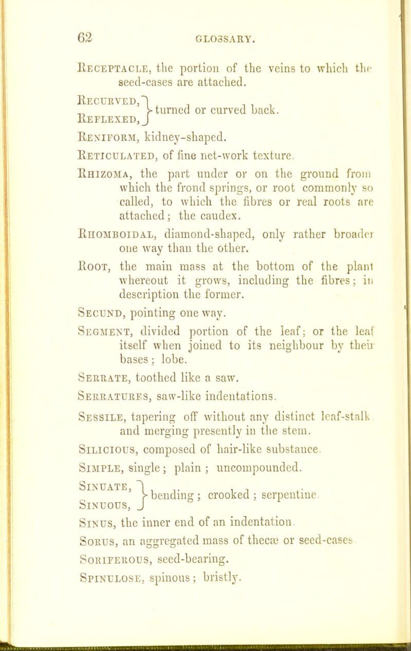 Eeceptacle, the portion of the veins to which tln- seed-cases are attached. Recurved,1 ^ ■, , , _ >-turned or curved back. ReFLEXED, J Rexiform, kidney-shaped. Reticulated, of fine net-work texture. Rhizoma, the part under or on the gi'ound from which the frond springs, or root commonlv so called, to which the fibres or real roots are attached; the caudex. Rhomboidal, diamond-shaped, only rather broadei one way than the other. Root, the main mass at the bottom of the plani whereout it grows, including the fibres; in description the former. Secund, pointing one way. Segment, divided portion of the leaf; or the leaf itself when joined to its neighbour by theii bases; lobe. Serrate, toothed like a saw. Seeratures, saw-like indentations. Sessile, tapering oflF without any distinct leaf-stalK and merging presently in the stem. SiLicious, composed of hair-like substance. Simple, single; plain; uncompounded. Sinuate, \ ^gjj(jj,.,g . crooked; serpentine. Sinuous, J Sinus, the inner end of an indentation. SoRUs, an aggregated mass of thecas or seed-cases Soriferous, seed-bearing. Spinulose, spinous; bristly.