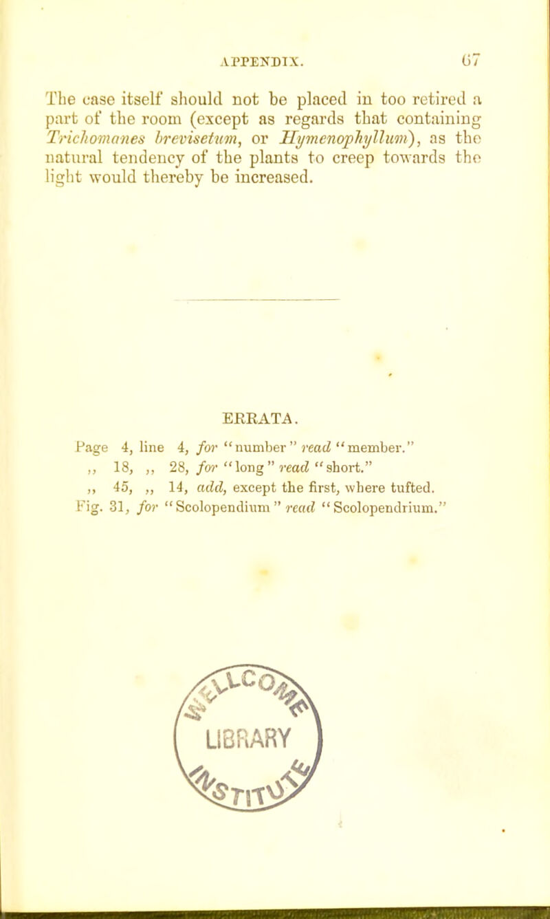 TLe case itself should not be placed in too retired a part of tbe room (except as regards that containing Trichomones hrevisettim, or llymenopliyllum), as the natural tendency of the plants to creep towards the light would thereby be increased. EREATA. Page 4, line 4, /or  number  reacZ  member. „ 18, „ 28, /or long read short. ,, 45, 14, add, except the first, where tufted. Fig. 31, for  Scolopendium  rencZ  Scolopendrium.