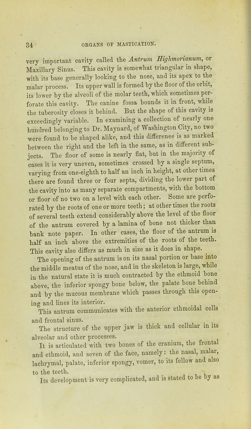 very important cavity called the A-ntrum JUglimovicinum^ or Maxillary Sinus. This cavity is somewhat triangular in shape, with its base generally looking to the nose, and its apex to the malar process. Its upper wall is formed by the floor of the orbit, its lower by the alveoli of the molar teeth, which sometimes per- forate this cavity. The canine fossa bounds it in front, while the tuberosity closes it behind. But the shape of this cavity is exceedingly variable. In examining a collection of nearly one hundred belonging to Dr. Maynard, of Washington City, no two were found to be shaped alike, and this differenee is as marked between the right and the left in the same, as in different sub- jects. The floor of some is nearly flat, but in the majority of cases it is very uneven, sometimes crossed by a single septum, varying from one-eighth to half an inch in height, at other times there are found three or four septa, dividing the lower part of the cavity into as many separate compartments, with the bottom or floor of no two on a level with each other. Some are perfo- rated by the roots of one or more teeth; at other times the roots of several teeth extend considerably above the level of the floor of the antrum covered by a lamina of bone not thicker than hank note paper. In other cases, the floor of the antrum is half an inch above the extremities of the roots of the teeth. This cavity also differs as much in size as it does in shape. The opening of the antrum is on its nasal portion or base into the middle meatus of the nose, and in the skeleton is large, while in the natural state it is much contracted by the ethmoid bone above, the inferior spongy hone below, the palate bone behind and by the mucous membrane which passes through this open- ing and lines its interior. This antrum communicates with the anterior ethmoidal cells and frontal sinus. _ _ ^ The structure of the upper jaw is thick and cellular in its alveolar and other processes. It is articulated with two bones of the cranium, the frontal and ethmoid, and seven of the face, namely: the nasal, malar, lachrymal, palate, inferior spongy, vomer, to its fellow and also to the teeth. Its development is very complicated, and is stated to he by as