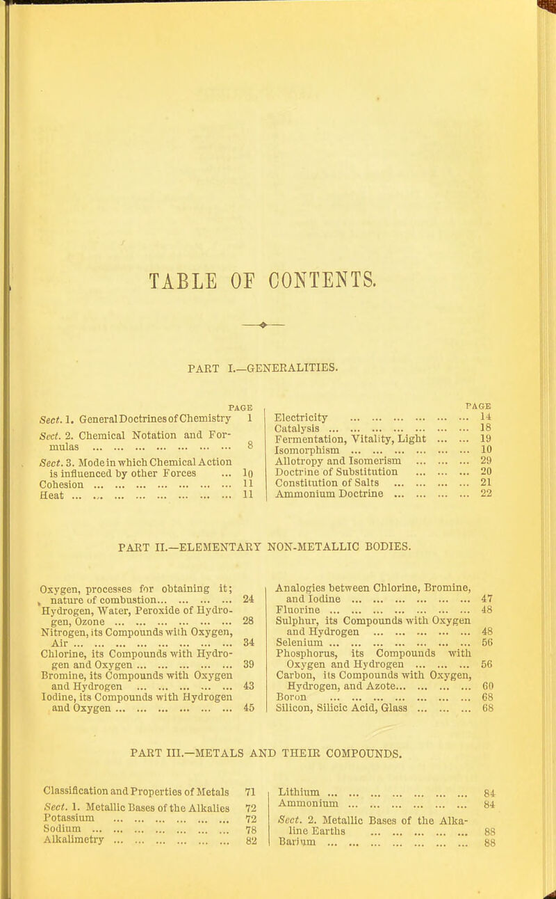 TABLE OE CONTENTS. PART I.—GENERALITIES. PAGE Sect.l. General Doctrines of Chemistry 1 Sect. 2. Chemical Notation and For- mulas 8 Sect. 3. Mode in-which Chemical Action is influenced by other Forces ... lo Cohesion 11 Heat 11 PAGE Electricity 14 Catalysis 18 Fermentation, Vitality, Light 19 IsomoiTihism 10 Allotropy and Isomerism 29 Doctrine of Substitution 20 Constitution of Salts 21 Ammonium Doctrine 22 PART II.—ELEMENTARY NON-METALLIC BODIES. Oxygen, processes for obtaining it; , nature of combustion 24 Hydrogen, Water, Peroxide of Hydro- gen, Ozone 28 Nitrogen, its Compounds with Oxygen, Air 34 Chlorine, its Compounds with Hydro- gen and Oxygen 39 Bromine, its Compounds with Oxygen and Hydrogen 43 Iodine, its Compounds with Hydrogen and Oxygen 45 Analogies between Chlorine, Bromine, and Iodine 47 Fluorine 48 Sulphur, its Compounds with Oxygen and Hydrogen 48 Selenium 56 Phosphorus, its Compounds with Oxygen and Hydrogen 56 Carbon, its Compounds with Oxygen, Hydi'ogen, and Azote 60 Boron 68 Silicon, Silicic Acid, Glass 68 PART III.—METALS AND THEIR COMPOUNDS. Classification and Properties of Metals 71 Sect.l. Metallic Bases of the Alkalies 72 Potassium 72 Sodium 78 Alkalimetry 82 Lithium 84 Ammonium 84 Sect. 2. Metallic Bases of the Alka- line Earths 88 Barivim 88