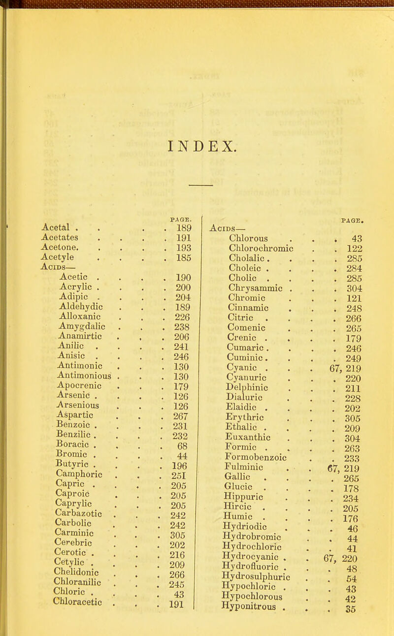 Acetal . Acetates Acetone, Acetyle Acids— Acetic . Acrylic . Aldehydic Alloxanic Amygdalic Anamirtic Anilic Anisic . Antimonic Antimonious Apocrenic Arsenic . Arsenious Aspartic Benzoic . Benzilic . Boracic . Bromic . Butyric . Camphoric Capric . Caproic Caprylic Carbazotic Carbolic Carminic Cerebric Cerotic . Cetylic , Chelidonic Chloranilic Chloric . Chloracetic PAGE. , 189 , 191 , 193 , 185 190 200 189 226 238 206 241 246 130 130 179 126 126 267 231 232 68 44 196 251 205 205 205 242 242 305 202 216 209 266 245 43 191 Acids— Chlorous Chlorochromic Cholalic. Choleic . Cholic . Chrysammic Cinnamic Citric Comenic Crenic . Cumaric. Cuminic. Cyanic . Cyan uric Delphinic Dialuric Elaidic . Erythric Ethalic . Euxanthic Formic . Formobenzoic Fulminic Gallic . Glucic Hippuric Hircic Humic . Hydriodic Hydrobromic Hydrochloric Hydrocyanic . Hydrofluoric . Hydrosulphuric Hypochloric . Hypochlorous Hyponitrous . PAGE.