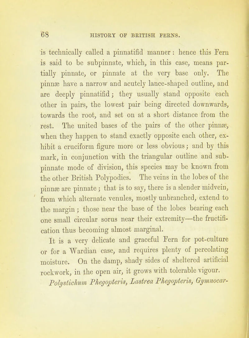 is teclinically called a piunatifid manner : hence tliis Pern is said to be subpinnate, which, in this case, means par- tially pinnate, or pinnate at the very base only. The pinnae have a narrow and acutely lance-shaped outline, and are deeply piunatifid; they usually stand opposite each other in pairs, the lowest pair being directed downwards, towards the root, and set on at a short distance from the rest. The united bases of the pairs of the other pinnae, when they happen to stand exactly opposite each other, ex- hibit a cruciform figure more or less obvious; and by this mark, in conjunction with the triangular outline and sub- pinnate mode of division, this species may be known from the other British Polypodies. The veins in the lobes of the pinnse are pinnate; that is to say, there is a slender midvein, from which alternate venules, mostly unbranched, extend to the margin ; those near the base of the lobes bearing each one small circular sorus near their extremity—the fructifi- cation thus becoming almost marginal. It is a very delicate and graceful Fern for pot-culture or for a Wardian case, and requires plenty of percolating moisture. On the damp, shady sides of sheltered artificial rockwork, in the open air, it grows with tolerable vigour. Polysticlmm PJiegoj^teris, Lastrea PhegojJteris, Gymnoear-