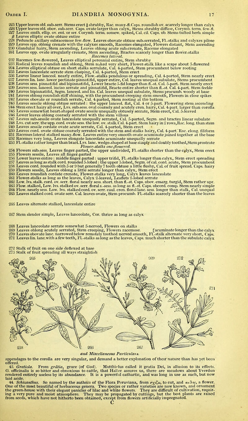 225 Upper leaves obi. sub-serr. Stems erect i shrubby, Kac. many-fl.Caps. roundish ov. scarcely longer than calyx 226 Upper leaves obi. obov. sub-serr. Caps, ovate larger than calyx, Stems shrubby diffuse, Corymb, term, few-fl. 227 Leaves smth. ellip. ov. ent. or ser. Corymb, term, somew. spiked, Cal. ciL Caps. ob. Stems tufted herb, simple /S Leaves elliptic ovate obtuse entire 228 Peduncle axillary subracemose few-flow. Leaves obovate obtuse sub-serrated, Fl.-stalks_ and calyxes pilose 229 Leaves opp. oblong crenate with the calyxes smooth, Racemes elongated, Flowers distant, Stem ascending 230 Glandular hairy, Stem ascending, Leaves oblong acute sub-crenate, Raceme elongated 231 Leaves opp. ovate irregularly crenate, Stem ascending, Bractes scarcely longer than flower-stalks Racemes lateral. 232 Racemes few-flowered, Leaves elliptical perennial entire, Stem shrubby 233 Radical leaves roundish and oblong, Stem naked very short, Flower-stalk like a scape about 3-flowered 234 Leaves elliptical obtuse on short stalks serrulate, CaL 4-parted, Stem procumbent below rooting 235 Leaves lanceolate serrate stem clasping, Cal. 4-parted, Stem erect 336 Leaves linear lanceol. nearly entire, Flow.-stalks pendulous or spreading, Cal. 4-parted, Stem nearly erect 237 Leaves lin. lane, lower pectinate pinnatifid, upper entire, CaL leaves unequal subulate, Stems procumbent 238 Leaves sess. pinnatifid and bipinnatifid, Lower bracte 3-fid longer than fl.-st. CaL 5-part. Stem nearly erect 239 Leaves sess. lanceol. inciso serrate and pinnatifid, Bracte entire shorter than fl.-st. CaL 4-part. Stem feeble 240 Leaves bipinnatifid, Segm. lanceol. and lin. Cal. leaves unequal subulate, Stems procumb. woody at base 241 Leaves oblong roundish stiff shining, with the procumbent creeping stem smooth, Flowers in close spikes 242 Leaves obovate or roundish serrate, Cal. 4-parted, Stem rooting at the bottom 243 Leaves sessile oblong obtuse serrated : the upper lanceoL flat, Cal. 4 or 5-part. Flowering stem ascending 244 Stem erect hairy all over, Lvs. sub-sess. oval coarsely and acutely cren. hairy, Cal. 4-part. larger than corolla 245 Leaves somewhat heart-shaped ovate sessile unequally obtusely serrate, Stem erect, Cal. 5-Ieaved 246 Lower leaves oblong coarsely serrated with the stem villous 247 Leaves sub-sessile ovate lanceolate unequally serrated, CaL 5-parted, Segm. and bractea linear subulate 248 Lvs. cutserr. theupp. cord, ovate sess. the low. ov. stalk. Cal. 4-part. Stem hairy in2rows,Rac. long, than stem 249 Leaves sessile cordate ovate acute serrate, CaL 4-parted, Stem erect > 250 Leaves cord, ovate obtuse coarsely serrated with the stem and stalks hairy, CaL 4-part.Rac. elong. filiform 251 Racemes lateral stalked many-flow. Leaves entire very smooth ovate acuminate joined together at the base 252 Racemes very long, Leaves elongate lanceolate acuminate unequally serrate 253 Fl.-stalks rather longer than bract. Lvs. lane, wedge-shaped at base simply and doubly toothed,Stem prostrate Flower-stalks one-Jiowered. 254 Flowers sub-sess. Leaves finger-parted, the upper undivided, Fl.-stalks shorter than the c^lyx, Stem erect 255 Flowers sessile, Leaves all finger-parted 256 Lower leaves entire: middle finger-parted: upper trifid, FL-stalks longer than calyx, Stem erect spreading 257 Leaves as long as stalk cord, rounded 5-lobed: the upper 3-lobed, Segm. of cal. cord, acute, Stem procumbent 258 Leaves cord, rounded with 5 or 9 but generally 7 teeth obtuse a little fleshy, CaL of fruit spread. Caps, hairy 259 Flowers sessile, Leaves oblong a little serrate longer than calyx, Stem erect 260 Leaves roundish cordate crenate, Flower-stalks very long, Calyx leaves lanceolate 261 Flower-stalks as long as the leaves, Calyx 2-leaved, Leaflets 2-lobed serrate 262 Low. lvs. stalk, cord. ov. serr. floral nearly sess. short, than fl.-st. Caps. obov. emarg. turgid, Stem rather upr. 263 Flow, stalked, Low. lvs. stalked ov. serr. floral s.-sess. as long as fl.-st. Caps, obcord. comp. Stem nearly simple 264 Flow, nearly sess. Low. lvs. stalked cord. ov. serr. caul. cren. floral lane. sess. longer than stalk, CaL unequal 265 Leaves stalked cord, ovate serr. Cal. leaves ovate, Stem procumb. Fl.-stalks scarcely shorter than the leaves 266 Leaves alternate stalked, lanceolate entire 2C7 Stem slender simple, Leaves lanceolate, Cor. thrice as long as calyx 268 Leaves lanceolate serrate somewhat 3-nerved, Flowers on stalks 269 Leaves oblong acutely serrated, Stem creeping, Flowers racemose. [acuminate longer than the calyx 270 Leaves obovate lane, narrowed below remotely toothed nerved smooth, FL-stalk alternate very short, Caps. 271 Leaves lin. lancwith a few teeth, FL-stalks as long as the leaves, Caps, much shorter than the subulate calyx 272 Stalk of fruit on one side deflexed at base and Miscellaneous Particular s. appendages to the corolla are very singular, and demand a better explanation of their nature than has yet been offered. 43. Gratiola. From gratia, grace (of God). Matthiolus called it gratia Dei, in allusion to its effects. G. officinalis is so bitter and obnoxious to cattle, that Haller assures us, there are meadows about Yverdun rendered entirely useless by its abundance. It is a powerful cathartic, and was long in use as such, but now laid aside. 44. Schixanthus. So named by the authors of the Flora Peruviana, from to cut, and avSof, a flower. One of the most beautiful of herbaceous genera. Two species or rather varieties are now known, and ornament the green-house with their elegant panicles of lilac and white flowers. They are difficult of cultivation, requir- ing a very pure and moist atmosphere. They may be propagated by cuttings, but the best plants are raised from seeds, which have not hitherto been obtained, except from flowers artificially impregnated. c