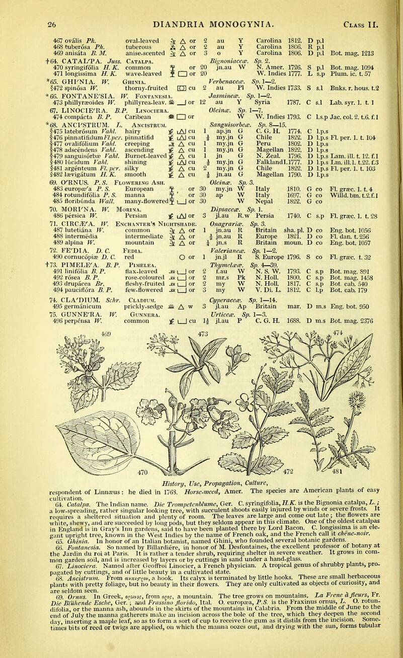 467 ovalis Ph. 468tuber6sa Ph. 469 anisata B. M. + 64. CATAL'PA. Juss. 470 syringifolia H. K. 471 longissima H. K. *65. GHI'NIA. W. §472 spinosa W. *6G. FONTANE'SIA. 473 phillyrseoides W. oval-leaved 5l A »' tuberous A A or anise-scented ^ A or Catalpa. common or wave-leaved J □ or Ghinia. thorny-fruited ED cu W. FoNTANESIA. phillyrea-leav. S£ | or 67. LINOCIE'RA. B.P. Linociera. 474 compacta B. P. Caribean * □ or 68. ANCI'STRUM. /.. Ancistrum. §475 latebrosum Vahl. hairy j£ iAJ cu §476 pinnatifidumfV.7J(fA pinnatifid ]£ lAJ cu §477 ovalifolium Vahl. creeping J; A ™ §478 adscendens Vahl. ascending j A cu §479 sanguisorba; Vahl. Burnet-leaved £ §480 lueidum Vahl. shining £ §481 argenteum Fl. per. silky j£ §482 lajvigatum H. K. smooth £ 69. O'RNUS. P. S. Flowering Ash. 483 europa/a P. S. European * 484 rotundifolia P. S. mauna 485 floribunda Wall. many-flowered; 70. MORI'NA. W. Mori ima. Persian £ lAJ or Enchanter's Nightshade. common ^ A or intermediate ^ A or noniacccu. W 2 au Y 2 au Y 3 o Y 20 jn.au 20 Verbenacea?. 2 au Fl Jasminex. 12 D p.l R p.l D p.l S p.l L s.p Carolina 1812. Carolina 1806. Carolina 1806. Sp. 2. N. Amer. 1726. W. Indies 1777. Sp. 1—2. W. Indies 1733. S s.l Sp. 1—2. Y Syria 1787. C s.l Oleince. Sp. 1—7. W W. Indies 1793. au Sanguisorbece. A cu iAJ cu A cu A cu i I 1 or Sp. 3. 486 persica W. 71. CIRCiE'A. W. 487 1utetiana W. 488 intermedia 489alpina W. 72. FE'DIA. D. C. 490 cornucopia? D. C. +73. PIMELE'A. B.P. 491 linifolia B. P. 492 rosea B. P. 493 drupacea Br. 494 pauciflora B. P. mountain Fedia. red PlMELEA. flax-leaved rose-coloured M \ | or fleshy-fruited jt* \ | or few-flowered jet \ | or ^ A or O or js i | or ap.jn J my.jn my.jn my.jn jn \ my.jn my.jn jn.au Oleince. my.jn W Italy ap W Italy W Nepal DipsaceiE. Sp. 1. jl.au R.w Persia Onagrarice. Sp. 3. jn.au R J jn.au R e jn.s R Valerianae. jn.jl R Thymclwa?. f.au W mr.s Pk my W my W Sp. 8—15. C. G. H. 1774. Chile 1822. Peru 1802. Magellan 1822. N. ZeaL 1796. Falklandl.1777. Chile 1822. Magellan 1790. Bot. mag. 1213 Bot. mag. 1094 Plum. ic. t. 57 Bnks. r. hous. t.2 Lab. syr. 1. 1.1 C l.s.p Jac. col. 2. t.6. f.l C l.p.s D l.p.s Fl. per. 1. t. 104 D l.p.s D l.p.s D l.p.s D l p.s D l.p.s D l.p.s Lam. ill. 1.12. f.l Lm. ill.l. t.22.f.3 Fl. per. 1. 1.103 1810. 1697. 1822. G co G co G co Fl. grjec. 1.1.4 Willd.bm. t.2.f.l 1740. C s.p Fl. graec. 1. t. 28 Britain Europe Britain sha. pi. 1821. moun. D co D co D co Eng. bot. 1056 Fl. dan. t. 256 Eng. bot. 1057 Sp. 1-2. S. Europe 1796. Sp. 4—39. N. S. W. N. Holl. N. Holl. V. Di. L. S co Fl. grax. t. 32 1793. 1800. 1817. 1S1L'. Bot. mag. 891 Bot. mag. 1458 Bot cab. 540 Bot. cab. 179 74. CLA'DIUM. Schr. Cladiom. 495 germanicum prickly-sedge M A w 75. GUNNE'RA. W. Gunnera. 496 perpensa W. common £ \ | cu Cyperacetc. Sp. 1—14. 3 jl.au Ap Britain Urticece. Sp. 1—3. li jl.au P C. G. H. 1688. D m.s Eng. bot. 950 D m.s Bot. mag. 2376 History, Use, Propagation, Culture, respondent of Linnjeus: he died in 1763. Horse-weed, Amer. The species are American plants of easy cultivation. _ . ' 64. Catalpa. The Indian name. Die Trompetenblume, Ger. C. syringifolia, H.K. is the Bignonia catalpa, L ; a low-spreading, rather singular looking tree, with succulent shoots easily injured by winds or severe trosts. It requires a sheltered situation and plenty of room. The leaves are large and come out late ; the flowers are white, shewy, and are succeeded by long pods, but they seldom appear in this climate. One of the oldest catalpas in England is in Gray's Inn gardens, said to have been planted there by Lord Bacon. C. longissima is an ele- gant upright tree, known in the West Indies by the name of French oak, and the French call it chene-noir. 65. Ghinia. In honor of an Italian botanist, named Ghini, who founded several botanic gardens. 66. Fontanesia. So named by Billardiere, in honor of M. Desfontaines, the excellent professor of botany at the Jardin du roi at Paris. It is rather a tender shrub, requiring shelter in severe weather. It grows in com- mon garden soil, and is increased by layers or by cuttings in sand under a hand-glass. 67. Linociera. Named after GeofFroi Linocier, a French physician. A tropical genus of shrubby plants, pro- pagated by cuttings, and of little beauty in a cultivated state. 68. Ancistrum. From ararew, a hook. Its calyx is terminated by little hooks. These are small herbaceous plants with pretty foliage, but ho beauty in their flowers. They are only cultivated as objects of curiosity, and are seldom seen. 69 Omits. In Greek, ontvx, from opo;, a mountain. The tree grows on mountains. La trene djleurs, rr. Die Bluhende Esche, Ger. ; and Frassmo florido, ItaL O. europcea, P.S. is the Fraxinus ornus, L. O. rotun- difolia, or the manna ash, abounds in the skirts of the mountains in Calabria. From the middle of June to the end of July the manna gatherers make an incision across the bole of the tree, which they deepen the second day, inserting a maple leaf, so as to form a sort of cup to receive the gum as it distils from the incision. Some- times bits of reed or twigs are applied, on which the manna oozes out, and drying with the sun, forms tubular