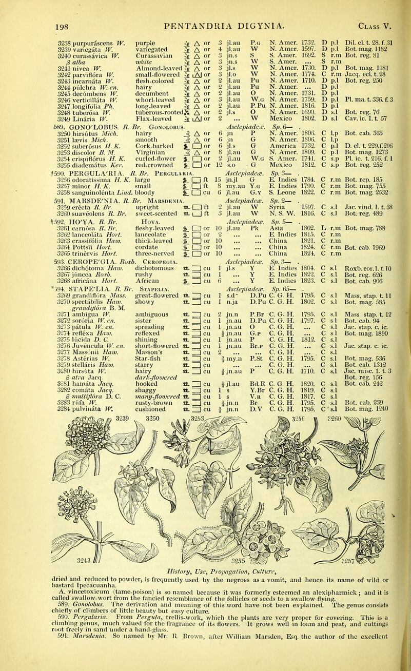 32,38 purpurascens W. 3239 variegata VV. 3240 curassavica VV. 13 alba 3241 nivea VV. 3242 parviflora W. 3243 incamata VV. 3244pulchra VV. en. 3245 decumbens W. 3246 verticillata VV. 3247 longifcilia Ph. 3248 tuberosa VV. 3249 Linaria VV. purple ^ A or variegated ^ A or Curassavian A or white 3i A or Almond-leaved 3j A or small-flowered ifc lAI or flesh-colored ^ A or hairy Si A or decumbent ^ A or whorl-leaved ^ A or long-leaved i A ot tuberous-rootedS A or Flax-leaved St iAI or 589. GONO'LOBUS. It. Br. Gonolobus. 3250 hirsi'itus Mich. 3251 hevis Mich. 3252 suberosus K. 3253 discolor B. M. 3254 crispiflorus H. K. 3255 diadematus Ker. hairy smooth Cork-barked Virginian curled-flower red-crowned A A or J, A or i_CDor A A or £_ CD or £. CD or jl.au jn.s jn.s jl.s jl.o jl.au jl.au jl au jl.au jl.au jl.s P.u VV S w w w Pu Pu O W.G N. Amer. N. Amer. S. Amer. S. Amer. N. Amer. N. Amer. N. Amer. N. Amer. N. Amer. N. Amer. P.Pu N. Amer. O N. Amer. W Mexico Asclcpiade.c. jn P jls jl.au jl.au S.O G G G W.G G Sp. 6— N. Amer. N. Amer. America N. Amer. S. Amer. Mexico 1732. 1597. 1692. 17*30. 1774. 1710. 1731. 1759. 1816. 1690. 1802. 1806. 1806. 1732. 1809. 1741. 1812. D p.l D p.l S r.m S r.m D p.l C r.m D p.l D p.l D p.l D p.l PI. ma. t. 336. f. 3 D p.l D s.l D s.l Dil. el. t. 28. f. 31 Bot. mag. 1182 Bot. reg. 81 Bot. mag. 1181 . Jacq. eel. t. 28 Bot. reg. 250 Bot. reg. 76 Cav. ic. 1.1. 57 Bot. cab. 355 D. el. t. 229X295 Bot. mag. 1273 PI. ic. t. 216. f. 1 Bot. reg. 252 t590. PERGULA'RIA. B.Br. Pergularia. 3256 odoratissima H. K. large Jj_ CD ft 3257 minor H. K. small £_ □ ft 3258 sanguinolenta hind, bloody %_ CD cu 591. MARSDE'NIA. R. Br. Marsdenia. 3259 erecta R. Br. upright a. I I ft 3260 suaveolens /{. Br. sweet-scented a. i | ft Hoya. fleshy-leaved lanceolate thick-leaved cordate three-nerved S.O or S_dor $_ CD or $_ □ or 2-Oor a. ZD cu tt_ ZD cu S.—leu Stapelia. groat-flowered it- ZD cu showy it. ZD cu rushy African 1592. HO'YA. R. Br. 3261 carnosa /{. Br. 3262 lanceolata Hort. 3263 crassifolia Ham. 3264 Pottsii Hort. 3265 trinervis Hort. 593. CEROPE'GIA. Roxb. Ceropegia. 3266 dichotoma Haw. dichotomous 3267 juncea Roxb. 3268 africana Hort. *394. STAPE'LIA. R. Br 3269 grandiflura Mass. 3270 spectabilis Haw. grandiflora B. M. .3271 ambigua IV. 3272 sororia VV. en. S273 patula VV. en. 3274 reflexa Haw. 3275 lucida D. C. 3276 Juvencula VV. en. 3277 Massonii Haw. 3278 Asterias W. 3279 stellaris Haw. 3280 hirsuta Wi /3 atra Jacq. 3281 hamata Jacq. 3282 comata Jacq. 13 mvUifiara D. C. 3283 rdfa VV. 3284 pulviuata VV. 3239 «- ZD cu a. ZD cu ambiguous sister spreading reflexed a. | cu shining it ZD cu short-flowered a. ZD cu Masson's «- ZD cu Star-fish e. ZD cu starry tL ZD cu hairy a. ZD cu dark-Jiowered hooked a. ZD cu shaggy a- Icu many-flowered a. ZD cu rusty-brown a. ZD cu cushioned a. ZD cu Asclcpiadece. Sp. 3— 15 jn jl G E. Indies 1784. r.m Bot. rep. 185 g my.au Y.G E. Indies 1790 Q r.m Bot. mag. 755 Q jl.au G.Y S. Leone 1822. Q r.m Bot. mag. 2532 Aselepiadeaj. Sp. 2— 2 jl.au W Syria 1597. c S.1 Jac. vind. 1.1.38 3 jl.au W N. S. W. 1816. c s.l Bot. reg. 489 Asclepiadea?. Sp.5- 10 jl.au Pk Asia '1802. L r.m Bot. mag. 788 2 E. Indies 1815. c r.m 10 China 1821. c r.m 10 China 1824. c r.m Bot. cab. 1969 10 China 1824. c r.m .■hclrpiadece. Sp.3— 1 jl.s Y E. Indies 1804. c S.l Roxb.cor.l. t.10 1 Y E. Indies 1822. c s.1 Bot. reg. 626 6 Y E. Indies 1823. c s.1 Bot. cab. 906 AsclepiadeaJ. Sp. 63— 1 s.d- D.Pu C. G. H. 1795. c s.l Mass. stap. 1.11 1 n.ja D.Pu C. G. H. 1802. c s.l Bot. mag. 585 2 jn.n P.Br C. G. H. 1795. c s.l Mass stap. t. 12 1 jn.au D.Pu C. G. H. 1797. c si Bot. cab. 94 1 jn.au O C. G. H. c s.1 Jac. stap. c. ic. ] jn.au G.p C. G. H. c si Bot. mag. 1890 1° jn.au P C. G. H. 1812. c s.1 1 jn.au Br.p C. G. H. c s.1 Jac. stap. c. ic. 2 C. G. H. c s.l my.n P.St C. G. H. 1795. c s.l Hot. mag. 536 C. G. H. c s.1 Bot. cab. 1312 jn.au P ' C. G. H. 1710. c s.1 Jac. misc. 1.1. 3 Bot. reg. 155 i jl.au Bd.R C. G. H. 1820. c s.1 Bot. cab. 242 1 s Y.Br C. G. H. 1819. c s.1 1 s V.R C. G. H. 1817. c s.1 jn.n Br C. G. H. 1795. c s.1 Bot. cab. 239 jn.n D.V C. G. H. 1795. c s.1 Bot. mag. 1240 History, Use, Propagation, Culture, dried and reduced to powder, is frequently used by the negroes as a vomit, and hence its name of wild or bastard Ipecacuanha. A. vincetoxicum (tame-poison) is so named because it was formerly esteemed an alexipharmick ; and it is called swallow-wort from the fancied resemblance of the follicles or seeds to a swallow flying. 589. Gonolobus. The derivation and meaning of this word have not been explained. The genus consists chiefly of climbers of little beauty but easy culture. 590. Pergularia. From Perguln, trellis-work, which the plants are very proper for covering. This is a climbing genus, much valued for the fragrance of its flowers. It grows well in loam and peat, and cuttings root freely in sand under a hand-glass. 591. Marsdenia. So named by Mr. R Brown, after William Marsden, Esq. the author of the excellent