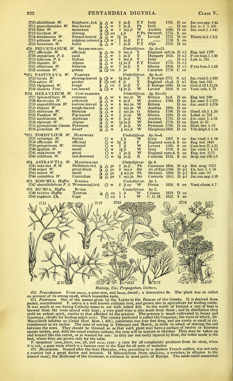 3710 sllaifolium W. 3711 peucedanoides W. 3712 Siler W. 3713 lflcidum W. 3714 ferulaceum W. 3715 pilosum W. en. 3716 hirsutum W. 670. PEUCE'DANUM. 3717 officinale W. 3718 arenarium P. S. 3719 italicum P. S. 3720alpestre W. 3721 sibfricum W. 3722aureum W. •671. PASTINA'CA. W. 37231ucida W. 3724 sativa W. 3725 Opopanax W. 3726 dissecta Vent. t672. HERA'CLEUM. W. Sulphurw.-lvd. ^ fine-leaved ^[ mountain ifc shining ^ Fennel-leaved ^ sulphur-colored^ hairy ^ W. Sulphurwort. officinal sand Italian ^ Alpine ^ Siberian 3t golden ^ Parsnep. shining-leaved garden % rough ■% cut-leaved ^ Cow-parsnep. 3727 Sphondylium W. 3728 flavescens W. 3729 angustifolium W. Sim elegans W 3731 sibiricum W. 3732 Panaces W. 3733 austriacum W. 3734 alpinum W. 3735 pyrenaicum Cusson. Pyrenean 3736 pumilum W. dwarf common yellowish ^£ narrow-leaved rough-leaved ^ Siberian Fig-leaved ^ Austrian Alpine *673. TORDY'LIUM. W. 3737 syrlacum W. 3738 officinale W. 3739 peregrinum W. 3740apulum W. 3741 maximum W. 3742 siifolium W. 674. ASTRAN'TIA. W. 3743 mfixima B. M. 3744 major W. 3745 minor W. 3746 carniolica W. 675. ZOSI'MIA. Hoffm. 3747 absinthifolium P. S. 676. RU'MIA. Hoffm. 3748 taurica Hoffm. 3749 capensis Lk. Hartwort. Syrian officinal oriental small great red-flowered Masterwort. Hellebore-lvd. J A pr great-black ^ A pr A w A w A w Q) cu A w Q) w. A w A m A w A w A w A w Q> cu Q> w CS cul A cu Q> w A ec A w A w A w A w A w A w A w A w A w O w O w O w O w O w O w 2 jn.jl 2 jn.jl 3 my.jl ill 11 jn 1 jn.jl 1 jn.jl P.Y Pk W P.Pu W P.Y P.Y Umbclliferce. my.jl Y Y Y P.Y Y Y jn.jl 8 my.jl 1* jn.jl 3 jn.jl 3 jn Umbelliferce. 1J jn.jl Y 4 jl Y 6 jnjl Y li jn.jl W Umbelliferce. 4 my.jn W 4 jn.jl W 4 my.jn W 3 my.jn W 2 my.jn 3 jl.au 2 jn.jl H jnjl 3 jn.jl i my.jl G W w w w w Umbelliferce. f jl 2i jl 2 jl 1* jl 2 jn.jl 1* jn.jl W F W W W R small Carniolian Zosimia. Wormwood-lvd. RlTMIA. Taurian ^ A cu Cape O cu 3j A pr a A pr O w Umbelliferce. 2 jn.jl Pk 2 my.s Str i my.jn Pk 1 my.jn Str Umbelliferce. 2 jl.au W Umbelliferce. 1 jl W 1 s W Italy 1791. Italy Austria 1640. Switzerl. 1775. Levant 1752. 1759. Alps 1759. Sp. 6—21. England saltm. Hungary 1816. Italy France Siberia Canaries Sp. 4—6. S. Europe 1771. England ch.pL S. Europe 1640. Levant 1816. Sp. 10—19. Britain hed. Austria Britain Austria Siberia Siberia Austria Switzerl. Pyrenees 1798. Dauphinyl800. Sp.6—8. Syria 1597. England cornfi. Levant 1596. Italy 1739. England corn fi. Carniola 1816. Sp. 4. Caucasus 1804. Al.ofEur.1596. Switzerl. 1686. Carniola 1739. 1804. 1779. 1789. 1800. 1768. 1596. 1732. 1739. 1812. D co D co D co S co T) co S co D co D c.I D c.I D c.l D c.l D c.l C co S s.l S s.l D co S co D co D co D co D co D co D co D co D co D co D co S S s S s s D s.p D p.l D pi D p.l Jac.aus.app. t.44 Jac. ic.2. t.350 Jac.aust.2. t.145 Tourn.it.2.t.l21 Eng. bot. 1767 P.rar.hun.l.t.20 Lob. ic. 781 P.rar.hun.l. t.60 Jac. vind.2.1199 Eng. bot. 556 Gou.il.l9.t. 13,14 Vent. eels. t. 78 Eng. bot 939 Jac.aust. 2. t.173 Jac. aust.2. t.174 Gmel. sib.l. t.50 Lobel. ic. 701 Jac. aust. 1. t. 61 Barr. ic. 55 Hort. ber. 153 Vill.delph.2. t.14 Jac. vind. 1.1.54 Eng. bot. 2440 Cam.hor.37. t.ll Jac. vind. 1.1. 53 Eng. bot. 1173 Scop.car.l94.t.8 Bot. mag. 1553 Ex. bot. 2. t. 76 Bot. cab. 93 Jac.aus.app. t.10 Sp. 1. Persia Sp.2. Crimea C. G. H. 1816. S co Vent choix. t. 7 1819. 1822. D co S co History, Use, Propagation, Culture, 670. Peucedanum. From mux-*, a pine-tree, and S«vo?, dwarf; a diminutive fir. The plant was so called on account of its strong smell, which resembles resin. 671. Pastinaca. One of the names given by the Latins to the Daucus of the Greeks. It is derived from pastus, nourishment. P. sativa is a well known culinary root, and grown also in agriculture for feeding cattle. It was much in use during Catholic times to eat with salted fish. In the north of Ireland a sort of beer is brewed from the roots mixed with hops ; a very good wine is also made from them ; and by distillation they yield an ardent spirit, similar to that afforded by the potatoe. The parsnep is much cultivated in Jersey and Guernsey, chiefly for feeding milch cows. The variety preferred is called the Coquaine, the roots of which, Dr. Macculloch informs us (Caled. Hort. Mem. i. 408.), sometimes run four feet deep, and are rarely so small in cir- cumference as six inches. The time of sowing is February and March, in drills to admit of stirring the soil between the rows. They should be thinned so as that each plant may have a surface of twelve or fourteen square inches, and, with the usual routine culture, the crop will be mature in October. They may be taken up and housed like the carrot, or as wanted for use : as they are not easily injured by frost, the latter mode is the best, where they are grown only for the table. P. opopanax (oots,juice, otiv, all, and uzos, cure: a cure for all complaints) produces from its stem, when it is cut, a gum resin which is a famous cure in the East for all sorts of maladies. 672. Heracleum. Named after the hero Hercules, who, according to a modern French author, was not only a warrior but a great doctor and botanist. H. Sphondylium (from {nprnduhos, a vertebra, in allusion to the jointed stem), the Heilkraut of the Germans, is common in most parts of Europe. The seeds smell somewhat