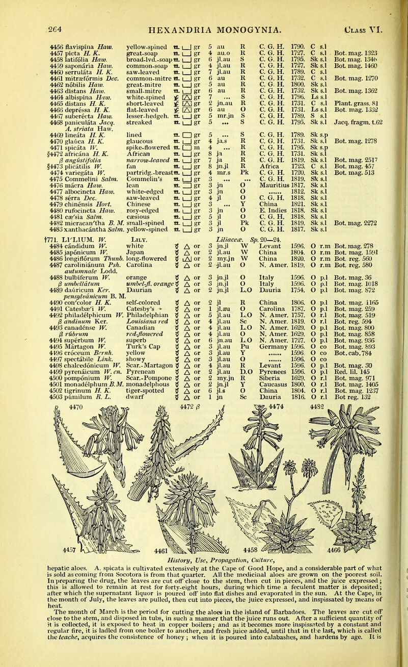 4456 flavispina Haw. 4457 picta H. K. 4458 latifolia Haw. 4459 saponaria Haw. 4460 serrulata H. K. 4461 mitra?formis Dec. 4462 nobilis Haw. 4463 distans Haw. 4464 albispina Haw. 4465 distans H. K. 446S depressa H. K. 44fi7 suberecta Haw. 4468 paniculata Jacq. A. striata Haw. 4469 1ineata H. K. 4470 glaftca H. K. 4471 spicata W. §4472 africana H. K. (3 angtistifolia §4473 plicatilis W. 4474 variegata IV. 4475 Commelini Sairo. 4476 macra Haw. 4477 albocincta Haw. 4478 serra Dec. 4479 chinensis Hort. 4480 rufocincta .Haw. 4481 cassia Sahn. 4482 micracan'tha B. M. 4483 xanthacantha SaftK. 1771. Ll'LIUM. W. 4484 candidum W. 4485 japonicum If. 4486 longiflorum Tkunb. 4487 carolinianum PsA. autumnale Lodd. 4488 bulbiferum W. (i umbellatum 4489 dauricum Ker. pensylvdnicum B. M. 4490 con'color H. K. 4491 Catesbae'i W. 4492 philadelphicum W. /3 andinum Ker. 4493 canadense UK /3 rtibrum 4494 superbum W. 4495 Martagon W. 4196 croceum Bernh. 4497 spectabile Li»/c. 4498 chalcedonicum W. 4199 pyrenaicum W. en. 4500 pomponium W. 4501 monadelphum Zf.A/. 4502 tigrinum H. K. 4503 pumilum R. L. yellow-spincd great-soap broad-lvd.-soap common-soap saw-leaved common-mitre great-mitre small-mitre white-spined short-leaved flat-leaved lesser-hecigeh. streaked «-!_! gr a. l_| gr a- 1_J gr «-l_)gr *L l_l gr a- L_J gr «-l_Jgr a-l_|gr £ E3gr £ ESgr £ E3gr a-l_|gr a-Ljgr lined O- glaucous «. spike-flowered tt. African it- narrow-leaved tL fan «- partridg.-breasttt. Commelin's n. lean a. white-edged «. saw-leaved a. Chinese a. rosy-edged tt- ceesious tt. small-spined tt. yellow-spined tL Lily. white Japan tf long-flowered 5 Carolina $ □ gr uJ gr □ m I I gr I Igr I I gr l_Jgr I I gr □ gr 1 I gr I I gr I I gr 1 I gr 1 I gr I I gr l_Jgr A or A or i Al or A or 5 au R C. G. H. 1790. C s.l 4 au.o K C. G. H. 1727. C s.l Bot. mag. 1323 6 jl.au S C. G. H. 1795. Sk s.l Bot. mag. 134b 4 jl.au R C. G. H. 1727. Sk s.l Bot mag. 1460 7 jl.au R C. G. H. 1789. C s.l 6 au R C. G. H. 1732. C s.l Bot. mag. 1270 5 au R C. G. H. 1800. Sk s.l 6 au R C. G. H. 1732. Sks.l Bot. mag. 1362 7 S C. G. H. 1796. Ls s.l 2 jn.au R C. G. H. 1731. C s.l Plant, grass. 81 (i au O C. G. H. 1731. Ls s.l Bot. mag. 1332 5 mr.jn S C. G. H. 1789. S s.l 5 ■•• s C. G. H. 1795. Sk s.l Jacq. fragm. t.62 5 s C. G. H. 1789. Sk s.p 4 ja.s R C. G. H. 1731. Sk s.l Bot. mag. 1278 4 R C. G. H. 1795. Sk s.p 8 ja R C. G. H. 1731. Sk s.l 7 ja R C. G. H. 1819. Sk s.l Bot. mag. 2517 8 jn.jl R Africa 1723. C s.l Bot. mag. 457 4 mr.s Pk C. G. H. 1720. Sk s.l Bot. mag. 513 3 C. G. H. 1819. Sk s.l 3 j™ O Mauritius 1817. Sk s.l jn o 1812 Sk s.l 4 jl O C. G. H. 1818. Sk s!l 3 Y China 1821. Sk s.l 3 jn O E. Indies 1818. Sk s.l 5 jl O C. G. H. 1818. Sk s.l 3 jl Pk C. G. H. 1819. Sk s.l Bot. mag. 2272 3 jn O C. G. H. 1817. Sk s.l LUiacece. Sp. 20—24. 3 jn.jl W Levant 1596. 2 jl.au W 2 my.jn W 2 jl.au O China 1804. China 1820. N. Amer. 1819. O r.m Bot. mag. 278 O r.m Bot. mag. 1591 O r.m Bot. reg. 560 O r.m Bot. reg. 580 orange umbeL-fl. orange 3 Daurian tf self-colored Catesby's ■* Philadelphian Louisiana red Canadian red-flowered superb Turk's Cap yellow showy Scar.-Martagon 3 Fyrenean 5 Scar.-Pompone tf monadelphous 3 tiger-spotted S dwarf $ A or 3 jn jl O Italy 1596. O p.] Bot. mag. 36 A or 3 jn.jl O Italy 1596. C) p.l Bot. mag. 1018 A or 2 jn.jl L.O Dauria 1754. o p.l Bot. mag. 872 A or 2 jl R China 1806. 0 pi Bot. mag. 1165 A or 1 jl.au O Carolina 1787. o pi Bot. mag. 259 A or 5 jl.au L.O N. Amer. 1757. 0 r.l Bot. mag. 519 A or 4 jl.au Sc N. Amer. 1819. () r.l Bot. reg. 594 A or 4 jl.au L.O N. Amer. 1629. 0 p.l Bot. mag. 800 A or 4 jl.au O N. Amer. 1629. o P-1 Bot. mag. 858 A or 6 jn.au L.O N. Amer. 1727. () P.l Bot. mag. 936 A or 3 jl.au Pu Germany 1596. G CO Bot. mag. 893 A or 3 jl.au Y 1596. <) CO Bot. cab.784 A or 3 jl.au O 1596. 0 CO A or 4 jl.au R Levant 1596. o p.l Bot. mag. 30 A or 2 jl.au r>.o Pyrenees 1596. 0 p.l Red. liL 145 A or 2 my.jn R Siberia 1629. o r.l Bot. mag. 971 A or 2 jn.jl Y Caucasus 1800. o r.l Bot. mag. 1405 A or 6 jLs O China 1804. 0 r.l Bot. mag. 1237 A or 1 jn Sc Dauria 1816. 0 r.l Bot reg. 132 History, Use, Propagation, Culture, hepatic aloes. A. spicata is cultivated extensively at the Cape of Good Hope, and a considerable part of what is sold as coming from Socotora is from that quarter. All the medicinal aloes are grown on the poorest soil. In preparing the drug, the leaves are cut off close to the stem, then cut in pieces, and the juice expressed; this is allowed to remain at rest for forty-eight hours, during which time a feculent matter is deposited; after which the supernatant liquor is poured off into flat dishes and evaporated in the sun. At the Cape, in the month of July, the leaves are pulled, then cut into pieces, the juice expressed, and inspissated by means of heat. The month of March is the period for cutting the aloes in the island of Barbadoes. The leaves are cut off close to the stem, and disposed in tubs, in such a manner that the juice runs out. After a sufficient quantity of it is collected, it is exposed to heat in copper boilers; and as it becomes more inspissated by a constant and regular fire, it is ladled from one boiler to another, and fresh juice added, until that in ti e last, which is called the tcac/ie, acquires the consistence of honey ; when it is poured into calabashes, and hardens by age. It is