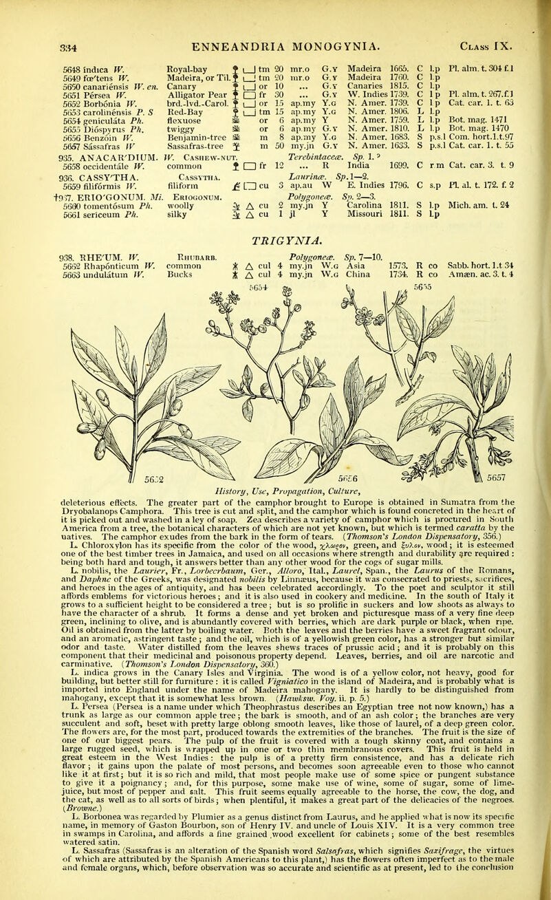 5648'mdica IV. 5649 fce'tens W. 5650 canadensis W. en. 5651 Persea W. 5652 Borbonia W. 565.3 carolinensis P. S 5654 geniculata Ph. 5655 IMospyrus Ph. 5656 Benzoin W. 5657 Sassafras IV 935. ANACAR'DIUM. 5658 occidentale W. 936. CASSY'TH A. 5659 filiformis W. +937. ERIO'GONUM. 5600 tomentosum Ph. 5661 sericeum Royal-bay J Madeira, or Til. J Canary T Alligator Pear J brd.-lvd.-Carol. J Red-Bay $ flexuose 3k twiggy Sis Benjamin-tree 3£ Sassafras-tree W. Cashew-nut. common ^ Cassytiia. filiform ^ Ekiogo.vum. woolly ^ silky ^ 1 | tm 20 mr.o G.Y I j 20 G Y | or 10 G.Y □ & 30 G.Y 1 1 or 15 ap.my Y.G l | tm 15 ap.my Y.G or 6 ap.my Y or 6 ap.my G.Y m 8 ap.my Y.G m 50 my.jn G.Y Tcrebintacea?. □ ft 12 R Madeira 1665. Madeira 1760. Canaries 1815. W. Indies 1739. N. Amer. 1739. N. Amer. 1806. N. Amer. 1759. N. Amer. 1810. N. Amer. 1683. N. Amer. 1633. Sp. 1. » India □ cu A cu A cu 1699. Laurince. SpA—2. 3 ap.au W E. Indies 1796. Polygonete. Sp. 2—3. 2 my.jn Y Carolina 1811. 1 jl Y Missouri 1811. C l.p PI. aim. t. 304 f. 1 C l.p C l.p C lp PI. aim. t. 267. f.J C 1 p Cat. car. 1. t. 63 L l.p L l.p Bot. mag. 1471 L l.p Bot. mag. 1470 S p.s.l Com. hort.l.t.97 S p.s.l Cat. car. 1.1. 55 C r m Cat. car. 3. t. 9 C s.p PI al. t. 172. f. 2 S l.p Mich. am. t. 24 S Lp TRIG YNIA. 938. RHE'UM. TV. Rhubarb. Polygonece. Sp. 7—10. 56S2 Rhaponticum IV. common $ A cul 4 my.jn W.g Asia 1573. R co Sabb. hort. 1 .t 34 5663 undulatum IK Bucks ^ A cul 4 my.jn W.g China 1734. R co Amam. ac. 3. t. 4 History, Use, Propagation, Culture, deleterious effects. The greater part of the camphor brought to Europe is obtained in Sumatra from the Dryobalanops Camphora. This tree is cut and split, and the camphor which is found concreted in the heart of it is picked out and washed in a ley of soap. Zea describes a variety of camphor which is procured in South America from a tree, the botanical characters of which are not yet known, but which is termed caratla by the natives. The camphor exudes from the bark in the form of tears. (Thomson's London Dispensatory, 356.) L. Chloroxylon has its specific from the color of the wood, xXm^sv, green, and |l»Xov, wood; it is esteemed one of the best timber trees in Jamaica, and used on all occasions where strength and durability arc required : being both hard and tough, it answers better than any other wood for the cogs of sugar mills. L. nobilis, the Laurier, Fr., Lorbecrbaum, Ger., Alloro, Ital., Laurel, Span., the Lauras of the Romans, and Daphne of the Greeks, was designated nobilis by Linna?us, because it was consecrated to priests, sacrifices, and heroes in the ages of antiquity, and has been celebrated accordingly. To the poet and sculptor it still affords emblems for victorious heroes; and it is also used in cookery and medicine. In the south of Italy it grows to a sufficient height to be considered a tree ; but is so prolific in suckers and low shoots as always to have the character of a shrub. It forms a dense and yet broken and picturesque mass of a very fine deep green, inclining to olive, and is abundantly covered with berries, which are dark purple or black, when ripe. Oil is obtained from the latter by boiling water. Both the leaves and the berries have a sweet fragrant odour, and an aromatic, astringent taste ; and the oil, which is of a yellowish green color, has a stronger but similar odor and taste. Water distilled ftom the leaves shews traces of prussic acid; and it is probably on this component that their medicinal and poisonous property depend. Leaves, berries, and oil are narcotic and carminative. (Thomson's London Dispensatory, 360.) L. indica grows in the Canary Isles and Virginia. The wood is of a yellow color, not heavy, good for building, but better still for furniture: it is called Vigniatico in the island of Madeira, and is probably what is imported into England under the name of Madeira mahogany. It is hardly to be distinguished from mahogany, except that it is somewhat less brown. (Hrnvksw. Voy. ii. p. 5.) L. Persea (Persea is a name under which Theophrastus describes an Egyptian tree not now known,) has a trunk as large as our common apple tree; the bark is smooth, and of an ash color; the branches are very succulent and soft, beset with pretty large oblong smooth leaves, like those of laurel, of a deep green color. The flowers are, for the most part, produced towards the extremities of the branches. The fruit is the size of one of our biggest pears. The pulp of the fruit is covered with a tough skinny coat, and contains a large rugged seed, which is wrapped up in one or two thin membranous covers. This fruit is held in great esteem in the West Indies: the pulp is of a pretty firm consistence, and has a delicate rich flavor; it gains upon the palate of most persons, and becomes soon agreeable even to those who cannot like it at first; but it is so rich and mild, that most people make use of some spice or pungent substance to give it a poignancy; and, for this purpose, some make use of wine, some of sugar, some of lime- juice, but most of pepper and salt. This fruit seems equally agreeable to the horse, the cow, the dog, and the cat, as well as to all sorts of birds; when plentiful, it makes a great part of the delicacies of the negroes. (Browne.) L. Borbonea was regarded by Plumier as a genus distinct from Laurus, and he applied what is now its specific name, in memory of Gaston Bourbon, son of Henry IV. and uncle of Louis XIV. It is a very common tree in swamps in Carolina, and affords a fine grained .wood excellent for cabinets; some of the best resembles watered satin. L. Sassafras (Sassafras is an alteration of the Spanish word Salsajras, which signifies Saxifrage, the virtues of which are attributed by the Spanish Americans to this plant,) has the flowers often imperfect as to the male and female organs, which, before observation was so accurate and scientific as at present, led to the conclusion