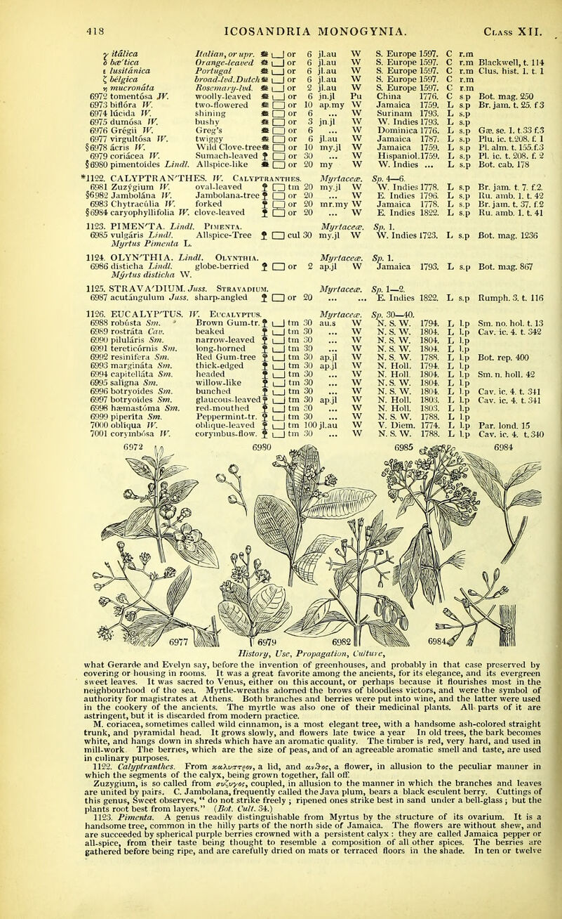 y itdlica S bce'tica e lusitdnica £ belgica y mucrondta 6972 tomentosa JV. 6973bifl6ra W. 6974 1ucida W. 6975 dumosa IV. 6976 Gregii W. 6977 virgultosa IV. §6978 acris W. 6979 coriacea IV. §6980 pimentoiiles Line//. *1122. CALYPTRAN'THES. IV. Calyptranthes. 6981 Zuzygium IV. oval-leaved J □ tm 20 §6982 Jambolana IV. Jambolana-tree J O or 20 6983 Chytraculia JV. forked ? □ or 20 §6981 caryophyllifolia W. clove-leaved J l5 or 20 1123. PIMEN'TA. Lindl. Pimenta. 6985 vulgaris Lindl. Allspice-Tree J I I cul 30 Myrtus Pimenta L. 1124. OLYN'THIA. Lindl. Olynthia. Myrtacece. 6986 disticha Lindl. globe-berried J □ or 2 ap.jl W Myrtus disticha W. Italian, or upr. * i 1 or 6 jl.au W Orange-leaved *( i I or 6 jl.au \v Portugal St i_J or 6 jl.au \v broad-lvd.DutchM i I or 6 jl.au \v Uosemary-lvd. *s I | or 2 jl.au w woolly-leaved *t 1 I or 6 jn.jl Pu two-flowered M 1 1 or 10 ap.ray w shining * □ or 6 w bushy ft 1 1 or 3 jn.jl w Greg's *CDor 6 w twiggy ft 1 1 or 6 jl.au w Wild Clove-tree* O or 10 my.jl W Sumach-leaved ? \~~\ or 30 w Allspice-like * CD or 20 my w Myrtacece. my.jl W ... W mr.my W ... W Myr/acea?. my.jl W S. Europe 1597. S. Europe 1597. S. Europe 1597. S. Europe 1597. S. Europe 1597. China 1776. Jamaica 1759. Surinam 1793. W. Indies 1793. Dominica 1776. Jamaica 1787. Jamaica 1759. Hispaniol.1759. W. Indies ... Sp. 4—6. W. Indies 1778. E. Indies 179t3. Jamaica 1778. E. Indies 1822. Sp. 1. W. Indies 1723. Blackwell, t. 114 Clus. hist. 1. t. 1 Bot. mag. 250 Br. jam. t. 25. f3 Ga?. se. 1.1.33 f.3 Plu. ic. t.208. C 1 PI. aim. t. 155.f.3 PI. ic. t. 208. f. 2 Bot. cab. 178 Br. jam. t. 7. f.2. Ru. amb. 1. t. 42 Br. jam. t. 37. f.2 Ru. amb. 1.1. 41 L s.p Bot. mag. 1236 Sp. 1. Jamaica 1793. L s.p Bot. mag. 857 1125. STRAVA'DIUM. Juss. Stravadium. 6987 acutangulum Juss. sharp-angled J CD or 20 Myrtacece. 1126. EUCALYP'TUS. 6988 robusta Sm. * 6989 rostrata Cav. 6990 pilularis Sm. 6991 tereticornis Sm. 6992 resinifera Sm. 6993 marginata Sm. 6994 capitellata Sm. 6995 saligna Sm. 6996 botryo'ules Sm. 6997 botryoides Sm. 6998 ha?mastt>ma Sm. 6999 piperita Sm. 7fK)0obliqua IV. 7001 corymbusa JV. W. Eucalyptus. Brown Gum-tr. J beaked $ narrow-leaved J long-horned $ Red Gum-tree T thick-edged ^ headed ♦ willow-like J bunched J glaucous-leaved f red-mouthed ▼ Pe|>permint-tr. $ oblique-leaved T ■ I I tm 30 I tm 30 I tm 30 | tm 30 j tm 30 J tm 30 I tm 30 | tm 30 | tm 30 i tm 30 | tm SO I tm 30 | tm 100 I tm 30 ap.jl ap.jl Myrtacew. au.s W ... W ... W w w w w w w w w w w w Sp. 1—2. E. Indies 1822. Sp. 30—40. N. S. W. N. S. W. N. S. W. N. S. W. N. S. W. N. Holl. N. Holl. N. S. W. N. S. W. N. Holl. N. Holl. N. S. W. V. Diem. N. S. W. 1794. 1804. 1804. 1804. 1788. 1794. 1804. 1804. 1804. 1803. 1803. 178 1774. 17 L s.p Rumph. 3. t. 116 L I.p Sm. no. hoi. 1.13 L l.p Cav. ic. 4. t. 342 L, I.p L l.p L l.p Bot. rep. 400 L l.p Sm. n. holl. 42 Cav. ic. 4. t. 341 Cav. ic. 4. t. 341 History, Use, Propagation, Culture, what Gerarde and Evelyn say, before the invention of greenhouses, and probably in that case preserved by covering or housing in rooms. It was a great favorite among the ancients, for its elegance, and its evergreen sweet leaves. It was sacred to Venus, either on this account, or perhaps because it flourishes most in the neighbourhood of tho sea. Myrtle-wreaths adorned the brows of bloodless victors, and were the symbol of authority for magistrates at Athens. Both branches and berries were put into wine, and the latter were used in the cookery of the ancients. The myrtle was also one of their medicinal plants. All parts of it are astringent, but it is discarded from modern practice. M. coriacea, sometimes called wild cinnamon, is a most elegant tree, with a handsome ash-colored straight trunk, and pyramidal head. It grows slowly, and flowers late twice a year In old trees, the bark becomes white, and hangs down in shreds which have an aromatic quality. The timber is red, very hard, and used in mill-work The berries, which are the size of peas, and of an agreeable aromatic smell and taste, are used in culinary purposes. 1122. Ca/yptrant/ies. From xxXvcrr^m, a lid, and «»S-s?, a flower, in allusion to the peculiar manner in which the segments of the calyx, being grown together, fall off. Zuzygium, is so called from irv^vyos, coupled, in allusion to the manner in which the branches and leaves are united by pairs. C. Jambolana, frequently called the Java plum, bears a black esculent berry. Cuttings of this genus, Sweet observes,  do not strike freely ; ripened ones strike best in sand under a bell-glass ; but the plants root best from layers. (Bot. Cult. 34.) 1123. Pimenta. A genus readily distinguishable from Myrtus by the structure of its ovarium. It is a handsome tree, common in the hilly parts of the north side of Jamaica. The flowers are without shew, and are succeeded by spherical purple berries crowned with a persistent calyx : they are called Jamaica pepper or all-spice, from their taste being thought to resemble a composition of all other spices. The berries are gathered before being ripe, and are carefully dried on mats or terraced floors in the shade. In ten or twelve