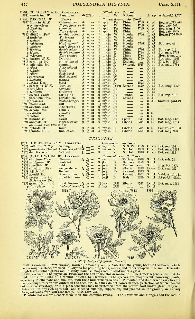 tl201. CUHATEL'LA. W. Cuiiatislla. DUleniacece. Sp. 1—2. 7811 americana W. American • □or 8 W S. Amer. L s.p Aub.gui.l. t,232 1202. PJEO'NIA. W. P«;onv. Ranuncul icea;. Sp. 15—17. 7812 Moutan H. K. Chinese tree or 3 ap.j Pu China 1789. c D 1 Bot rep.373. 448 Pottpu-flouiered Si or 3 ap.j W China 1789. c 1> 1 Bot cab. 347 (3 BdiiksicE common & or 3 Pu China 1789. 11 1 Rnt mA0 1 1 54 DUL. IUag< »'•'• Rose-colored it or 3 ap.j Pk China c I) 1 Bot. cab. 1035 7813 albiflora Pall. eatable-rooted A or 2 my. j W Siberia 1784. K S.l Bot. m. 1756.2888 Tartarian * A or 2 my. in W Siberia r S.I 5* sioivicd Siberian * A or 2 my. in W Siberia r S.l J > m//('.'<< i /?s blush-colored t A or 2 my. in Pk Siberia 1784. r sll Bot. reg. 42 single-flowered A or 2 my. in W Siberia U s'l T Vffhittpii double-white A or 2 my. in W China 1784. 8.1 Bot. rep. 612 v\ lIll7ilCt double-crimson A or 2 my. in R China 1784. r S.l Bot. mag. 1768 .9 f)'d]*Td)tS Rose-scented * A or 2 my in R China 1784. S.l Hort trans c ic 7814 daurica //. Jv. Daurian A or 3 my. in Pu Siberia 1790. r S.l Bot. mag. 1441 7815 corallina J-K. entire-leaved A or 4 my, in R England r S.1 En<r, bot. 1513 7816 officinalis W. common * A or 3 my in R Switzerl. 1548. 1{ S.I Bot mag. 1784 *3 voscft Rose-colored A or 3 my in R R S.l y folfl Jjrffl blush A or 3 my. in Pk ft S.l 5 v(H)Y(t double-red A or 3 my. in R R s!i t cdt'iicscens flesh-colored A or 3 my. in W K s.1 dlbicd7is whitish * A or 3 my. in w K s.l */[ lobdtd Dec. lobed A or 3 my. n R 1823. |; s!i 7817 peregrina H. K. Turkish * A or 2 my. in D.Pu Levant 1629. r s.l Bot. mag. 1050 jS compoctd compact A or 2 my. in Pu It s.l Grcville's * A or 2 my in Pu r s.l 7818'cretica Lindl. early pink * A or 2 my. n Pk Candia \l s.1 Bot. reg 819 781^ paradoxa And. paradoxical * A or 2 my. n Pu Levant R s.1 0 JiriTtbvid td double-fringed A or 3 my. ti Pu n s.\ Qwf»Pf fl ir i J-i 1 1Q owtrtri ii. gtiru. jy 7820 mollis And. soft A or 11 my. ii Pu R 7821 arietina And. Anderson's it! A or 2 lily n Pu R 7822 decora And. comely * A or 2 my. in Pu R cc Pdlldsit Pa/las's A or 2 my. ti Pu \l s.1 (3 el&tio)' tall A LA 2 my. n Pu R s 1 7823 humilis W. dwarf * A or 2 my Pu Spain 1633. It s.1 Bot. mag. 1422 1824 anqmala W. jagged-leaved * A or 2 my. in Pk Siberia 1788. R s.1 Bot. mag. 1754 taciniata Pall. ross. 2. t. 85. 7825 hybrida W. mule * A or 2 my. in R Siberia 1788. Ii s.1 Pall. ross. 2. t.86 7826 tenuifolia W. fine-leaved * A or 3 my. in R Siberia 1765. R s.1 Bot. mag. 926 TRIGYNIA. 1203. HIBBER'TI A. H. 7827 voh'ibilis B. Ri p. 7828 grossulariasfolia Sal. 7829 dentata R. Br. tl204. DELPHI'NIUM. 7830 chinense Fisch. 7831 ambtguum IV. 7832 eon sol ida W. 7833 cuneatum Stev. 7834 Ajacis W. 7835 aconiti IV. 7836 peregrinum W. D. junceum Dec. 7837 grandiflorum IV. yflore-pleno 7812 K. HlBBERTIA. twining 4 i lvd 3 i Gooseberry-i toothed W. Larkspur. Chinese doubtful field wedge-shaped Rocket Aconite-like broad-lvd -ann. %_ 1 I or great-flowered ^ double-flowered ^ 7812,2 ^ A or O or O or A or O or Q) or O or A or A or Dilleniacetp. Sp. 3—19. 4 my.o Y N. S. W. 1790. C sp Bot. rep 126 2 mr.au Y N. Holl. 1803. C s.p Bot. mag. 1218 3 Y N. Holl. 1816. c s-P Bot. reg. 282 Ranunculacece, Sp. 26—53. 2 s.o Pu Tartary 1819. s p.l Bot. cab. 71 3 jl.au B Barbary 1759. s pi 4 jn.jl B England san.fi. s r.m Eng. bot. 1839 4 jn.jl B Siberia 1816. I) CO Bot. reg. 327 2 jnjl Pk Switzerl. 1573. s r.m 1 jn.jl Pu Levant 1801. s p.l Vahl. sym.l.t.13 1 jn.jl B Italy 1629. s p.l Al. ped.2.t.£5.f.3 1; jn.s D.B Siberia 1741. I) p.l Bot. mag. 16S6 g jn.s D.B D p.l '-:->... 7S1.) 7816 7811 <£} <S< 17I&78174 W l^Sl&^^i 7815' History, Use, Propagation, Culture, 1201. Curatella. From curatus, worked ; a name given by Aublet to the genus, because the leaves, which have a rough surface, are used in Guyana for polishing bows, sabres, and other weapons. A small tree with rough leaves, which grows well in sandy loam ; cuttings root in sand under a glass. 1202. Pcsonia. The physician Pa;on was the first to use this in medicine. The Greek legend adds, that he used it to cure Plulo of a wound inflicted by Hercules. The species are magnificent flowering plants, especially P. officinalis and moutan, with their numerous varieties. P. moutan and its different varieties are hardy enough to bear our winters in the open air; but they do not flower in such perfection as when planted out in a conservatory, or in a pit where they may be protected from the severe frost under glass : they will thrive well in any rich light soil; and ripened cuttings, slipped off, and planted in the ground, in a shady place, without cover, will root freely. (Bot. Cult. 234.) P. edulis has a more slender stem than the common Paeony. The Daurians and Mongols boil the root in