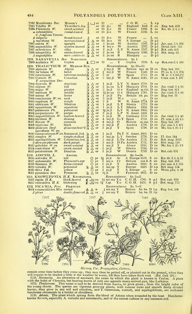 Masson's i | or Traveller's Joy or sweet-scented or round-leaved or A or A or A or A or A or broad-leaved \ narrow-leaved upright ^ narrow-leaved 3[ silky ^ entire-leaved ^ narr.-entire-lv. ^ A or Dee. Naravelia. Ceylon fL □ or IV. Meadow-Rue. Alpine ^ A or fcetid ^ A °r tuberous-rooted A A or & A 982 Mass6niana Dee. 7983 Vitilba W. 798* Flammula JV. a, rotund/folia C. frdgrans Tenore. /3 vulgaris y maritima W. 7985 erecta JV. 7986 angustifolia W. 7987 ochroleiica W. 7988 integri folia IV. $ angustifolia 1228. NARAVE'LIA. 7989 zeylanica W. 1229. THALIC'TKUM. 7990 alpinum IV. 7991 foe'tidum IV. 7992 tuberosum IV. 7993 Cornuti W, T. coryni'llum Dec. 7994 dioicum JV. 7995 elatum JV. 7996 majus W. 7997 medium 7998 minus IV. 7999 concinnum W. en 8000 rugosum W. 8001 sibiricum JV. 8002 squarrosum W. 8003 pubescens Ph. 8004 purpurascens JV. 8005 augustifolium 11'. 8006 lucidum IV. 8007 flavum IK 8008 nigricans JV. 8009 glaucum Desf. specidsum W. en. 8010 ranunculinumlKen.Ranuncul.-lvd- ^ A or 8011 simplex JV. simple-stalked ^ A or 8012 aquilegifolium IV. Columbine-lvd. ^ A or (3 dtro-purp&reum dark-purple ^ A 12 20 jl.s 20 jl.o 20 jl.o W w w C. G. H. England France France bed. 1596. 1596. L s.p S Co Eng. bot. 612 S co Kn. tb. 2. t. c. 9 L co France S. Europe ... Austria 1597. Austria 1787. N. Amer. 1767. Hungary 1596. Hungary Canadian dioecious tall greater middle lesser neat rough Siberian squarrose pubescent purple narrow-leaved shining common black glaucous-leav'd ^ A or jl.o W jn.s W jn.au W my.s W jn.jl L.Y jn.au 15 jn.au B llanunculacea'. Sp. 1. ... . Y Ceylon 1796. Rammculaeete. Sp. 26—52. | my.jl W Britain bgs. m. my.jl W France 1640. jn W Spain 1713. my.jl W N. Amer. 1640. L co D p.l D p.l D p.l D p.l D p.l D p.l Jac. aus. 3. t. 291 Dend. brit. 112 Bot. cab. 661 Bot. mag. 65 L s.p Rox.cor.2. t. i A or A or A or A or A or A °r A or A °f A or A or A or A or A °r A or A 1 jn.jl 2 jn.au 3 jn.jl 1| jn.au 1 jn.jl 3 jn.jl 2 jl 1 jn.jl 1 jn.jl H jn.jl 3 jn.jl 3 jn.jl 4 my.jl 4 my.jl 2 my.jl 5 jn.jl L.Y L.Y G.V G.Y Pu W.G w L.Y L.Y L.Y LP W Li.Y O P Y N. Amer. 1759. Hungary 1794. England m.thi. Hungary 1789. Britain ch. pa. 1774. 1775. 1806. 1806. 1699. 1739. 1739. m.me. 1798. 1798. N. Amer. Siberia Siberia N. Amer. N. Amer. Germany Spain Britain Austria Spain 8013 galioides IV. en. 8014 contortum IV. 8015 petaloideum JV. 12,30. ADO'NIS. L. 8016 a?stivalis W. 8017 autumnalis IV. 8018 flammea W. 8019vernalis W. 8020flava Fill. 8021 pyrenaica Dec. sweet-scented crook-seeded Daurian Adonis. tall Pheasant's-eye flame-colored perennial yellow Pyrenean A or A or A or O pr O pr O !>r A or O pr A or jn.jl my.jn my.jl my.jl my.jl jn.jl jn.jl Pa.Y N. Amer. 1806. L.Y Sweden 1778. L.Pu Austria D.Pu Austria Y Alsace W Siberia W Dauria 1731, 1731. 1816. 1796. 1799. Ranunculaeece. Sp. 6—14. 1231. KNOWLTtVNIA. H. K. Knowltonia. E022 rigida //. K. thick-leaved £ iAJ cu 8023 vesicatoria H K. blistering £ lAJ cu 1232. FICA'RIA. Pers. Pilewort. 8024 ranunculoides M6n. vernal A A w fi plena double-flowered A A or D co D co D co D co D co D co D co D co D co D co D co D co D co D co D co D co D co D co D co D co D co D co D co D co D co D co D co S co S co S co D s.p S co D co jn.jl Sc S. Europe 1629. my.o Cr Britain cor.fi, jn.jl Y Austria 1800. mr.ap Y Europe 1629. jn.jl Y S. Europe ... ,jl Y Pyrenees 1817. Ptanunculacea?. Sp. 2—5. mr.my Y.c C. G. H. 1780. S p.l f.ap Y.c C. G. H. 1691. S p.l Ranuncvlaceie. Sp. 1—2. mr.my Y Britain he. ba. D l.p mr.my Y Britain he. ba. D l.p Eng. bot. 262 PI. ra. h. 2.1.174 M. ic. 2. t.265.f 2 Corn. can. t. 187 Jac. vind. 3. t. 95 Eng. bot. 611 Jac. vind. 3. t. 96 Eng. bot. 11 Jac. vind. 3. t. 43 PI. aim. t. 65. f.5 Eng. bot. 367 Jac. aus. 5. t. 421 Mo. his. t. 20. f. 1 Fl. dan. 244 Bot. mag. 2025 Bot. mag. 118 Mo. his. t. 20. f.8 Bot. cab. 891 Kn. th. 2. t.A.12 Eng. bot. 308 Jac. aus. 4. t. 355 Bot. mag. 134 Wein. phy. t. 28 Bot. cab. 850 Bot. mag. 775 Eng. bot. 584 History, Use, Propagation, Culture, remain some time before they come up; they may then be petted off, or planted out in the ground, when they wdl require to be shaded a little if the weather be warm, till they have taken fresh root. (Bot. Cult. 281.) 1228. Naravelia. An alteration of narawa-l, the name by which the plant is known in Ceylon. A plant with the habit of Clematis, but bearing leaves of only one opposite many-nerved pair, like Lathyrus. 1229. Thalictrum. This name is said to be derived from S-xX?.u, to grow green ; from the bright color of the young shoots. The species are vigorous growing plants, with ramose roots and smooth finely divided leaves; they grow in any soil and situation, and T. tuberosum, cornuti, and aquilegifolium, are reckoned handsome ornaments in a border or shrubbery. 1230. Adonis. The plant which sprang from the blood of Adonis when wounded by the boar. Handsome border flowers, especially A. vernalis and autumnalis, and of the easiest culture in any common soil.