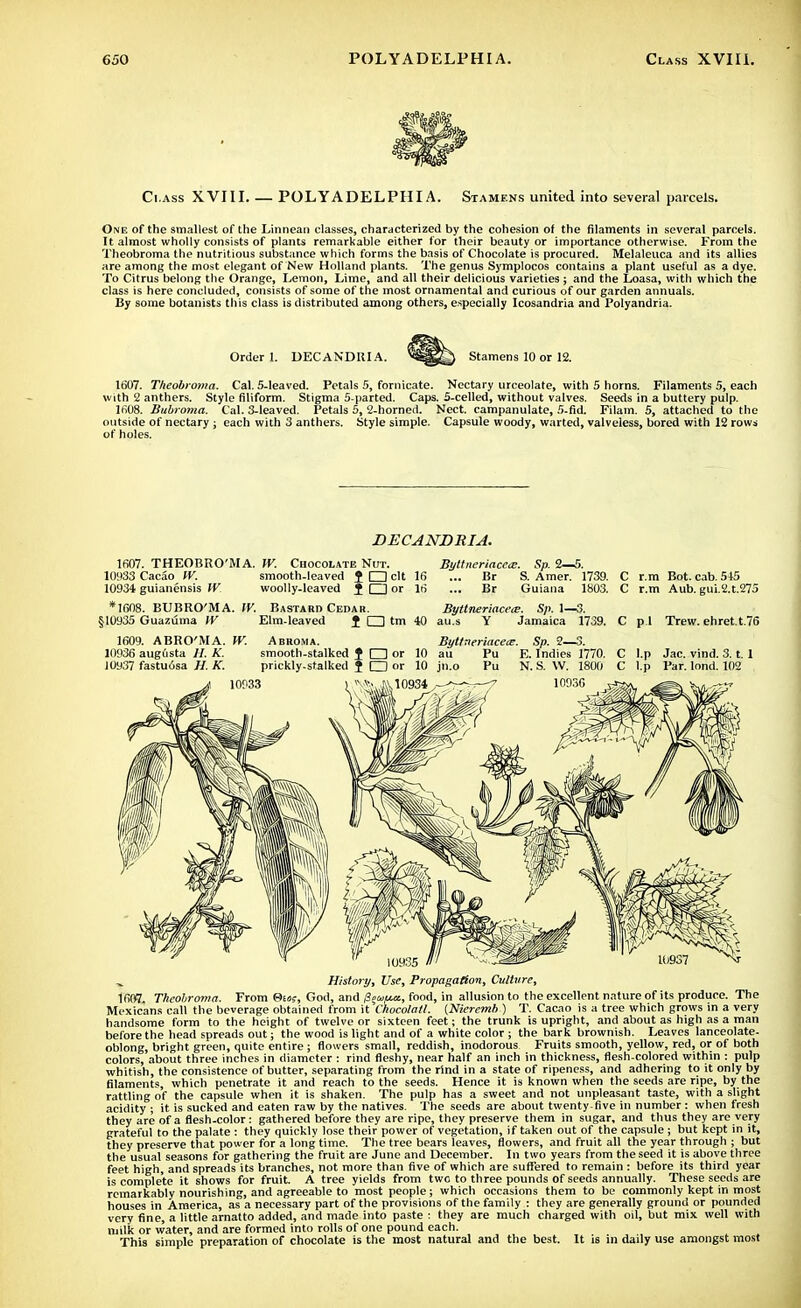 Class XVIII POLYA DEL PHI A. Stamens united into several parcels. One of the smallest of the Linnean classes, characterized by the cohesion of the filaments in several parcels. It almost wholly consists of plants remarkable either for their beauty or importance otherwise. From the Theobroma the nutritious substance which forms the basis of Chocolate is procured. Melaleuca and its allies are among the most elegant of New Holland plants. The genus Symplocos contains a plant useful as a dye. To Citrus belong the Orange, Lemon, Lime, and all their delicious varieties ; and the Loasa, with which the class is here concluded, consists of some of the most ornamental and curious of our garden annuals. By some botanists this class is distributed among others, especially Icosandria and Polyandria. Order 1. DECAND1UA. Stamens 10 or 12. 1607. Theobroma. Cal. 5-leaved. Petals 5, fornicate. Nectary urceolate, with 5 horns. Filaments 5, each with 2 anthers. Style filiform. Stigma 5-parted. Caps. S-celled, without valves. Seeds in a buttery pulp. Ifi08. Bubroma. Cal. 3-leaved. Petals 5, 2-horned. Nect. campanulate, 5-fid. Filam. 5, attached to the outside of nectary ; each with 3 anthers. Style simple. Capsule woody, warted, valveiess, bored with 12 rows of holes. DECANDRIA. 1607. THEOBRO'M A. W. Chocolate Nut. Byltneriacece. Sp. 2—5. 10933 Cacao W. smooth-leaved J □ clt 16 ... Br S. Amer. 1739. C r.m Bot. cab. 5+5 10934 guianensis IV woolly-leaved J □ or 16 ... Br Guiana 1803. C r.m Aub. gui.2.t.275 *1608. BUBRO'MA. IV. Bastard Cedar. Byttneriacece. Sp. 1—3. §10935 Guazuma IV Elm-leaved ± O tm 40 au.s Y Jamaica 1739. C p i Trew. ehret.t.76 History, Use, Propagation, Culture, 1607. Theobroma. From 0s«?, God, and ficu/MZ, food, in allusion to the excellent nature of its produce. The Mexicans call the beverage obtained from \CChocolatl. (Nieremh ) T. Cacao is a tree which grows in a very handsome form to the height of twelve or sixteen feet; the trunk is upright, and about as high as a man before the head spreads out; the wood is light and of a white color ; the bark brownish. Leaves lanceolate- oblong, bright green, quite entire ; flowers small, reddish, inodorous Fruits smooth, yellow, red, or of both colors, about three inches in diameter : rind fleshy, near half an inch in thickness, flesh-colored within : pulp whitish, the consistence of butter, separating from the rind in a state of ripeness, and adhering to it only by filaments, which penetrate it and reach to the seeds. Hence it is known when the seeds are ripe, by the rattling of the capsule when it is shaken. The pulp has a sweet and not unpleasant taste, with a slight acidity ; it is sucked and eaten raw by the natives. The seeds are about twenty-five in number : when fresh they are of a flesh-color: gathered before they are ripe, they preserve them in sugar, and thus they are very grateful to the palate : they quickly lose their power of vegetation, if taken out of the capsule ; but kept in it, they preserve that power for a long time. The tree bears leaves, flowers, and fruit all the year through ; but the usual seasons for gathering the fruit are June and December. In two years from the seed it is above three feet high, and spreads its branches, not more than five of which are suffered to remain : before its third year is complete it shows for fruit. A tree yields from two to three pounds of seeds annually. These seeds are remarkably nourishing, and agreeable to most people; which occasions them to be commonly kept in most houses in America, as a necessary part of the provisions of the family : they are generally ground or pounded very fine, a little arnatto added, and made into paste : they are much charged with oil, but mix well with milk or water, and are formed into rolls of one pound each. This simple preparation of chocolate is the most natural and the best. It is in daily use amongst most