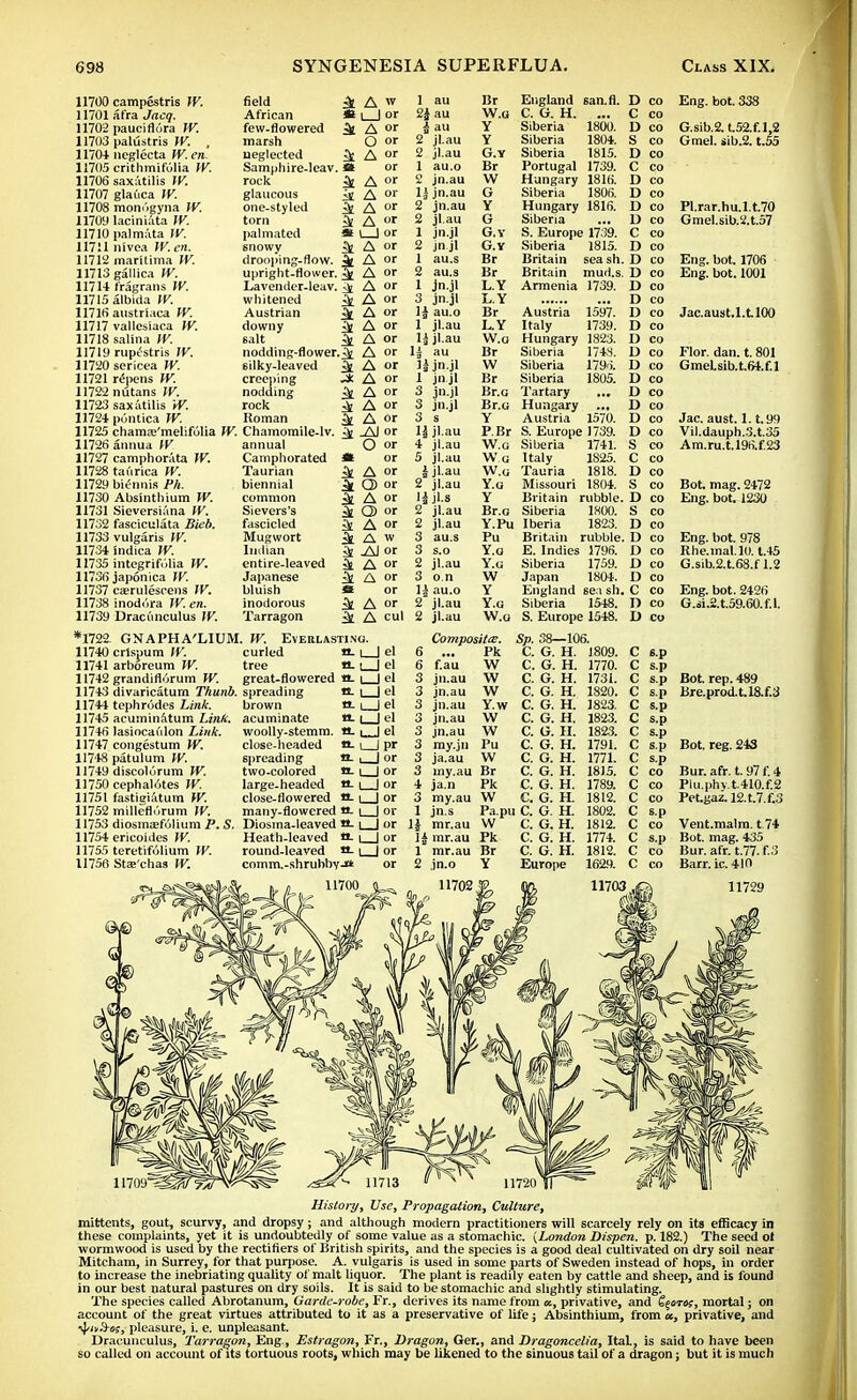 11700 campestris W. 11701 afra Jacq. 11702 pauciflora W. 11703 palustris W. , 11704 neglecta W. en. 11705 crithmifulia W. 11706 saxatilis W. 11707 glauca W. 11708 mom'igyna W. 1170U laciniata W. 11710 palmata W. 11711 nivea W. en. 1171SJ maritima W. 11713 gallica W. 11714 fragrans W. 11715 albida W. 11716 austriaca W. 11717 vallesiaca W. 11718 salina W. 11719 rupestris If. 11720 sericea W. 11721 ripens W. 11722 nutans W. IY123 saxatilis W. 11724 pontica W. 11725 chama?'melifolia W. 11726 annua W. 11727 camphorata W. 11728 taiirica W. 11729 biennis Ph. 11730 Absinthium If. 11731 Sieversiana W. 11732 fasciculata Bieb. 11733 vulgaris 11734 indica W. 11735 integrifolia If. 11736 japonica W. 11737 cajrulescens IK. 11738 inodtira W. en. 11739 Draciinculus IV. *1722 GNAPHA'LIUM 11740 crlspum IV. 11741 arboreum IK 11742 grandifiOrum W. 11743 divaricatum Thunb. 11744 tephrodes L»i4. 11745 acuminatum Link. 11746 lasiocaulon Link. 11747 congestum W. 11748 patulum IK 11749 discolorum W. 11750 cephal6tes W. 11751 fastieiatum IK 11752 milleflurum W. 11753 diosmaifolium P. S. 11754 ericoides W. 11755 teretifulium IK 11750 Stas'chas IK field A w African L_J or few-flowered k A or marsh O or neglected A or Samphire-leav or rock k A or glaucous k A or one-styled k A or torn k A or palmated i—l or snowy A or drooping-flow. k A or upright-flower. k A or Lavender-leav. k A or whitened k A or Austrian k A or downy k A or salt k A or nodding-flower k A or eilky-leaved k A or creeping A or nodding k A or rock k A or Roman k A or Chamomile-lv. k _AJ or annual O or Camphorated St or Taurian k A or biennial k <J> or common k A or Sievers's k Q> or fascicled k A or Mugwort k A Indian k AJ or entire-leaved k A or Japanese k A or bluish m or inodorous k A or Tarragon k A cul . IK Everlasting. curled a. U el tree a. u el great-flowered a. I_J el spreading n. u el brown n. L_J el acuminate «_ L_J el 1 au 2J au i au 2 jl.au 2 jl.au 1 au.o 2 jn.au 1| jn.au 2 jn.au 2 jl.au jn.jl jn jl 1 au.s 2 au.s 1 jn.jl 3 jn.jl 1£ au.o 1 jl.au ljjl.au 1| au n jn.jl 1 jn jl 3 jn.jl 3 jn.jl 3 s lljl.au 4 jl.au 5 jl.au a jl au 2 jl.au Ijjl.> 2 jl.au 2 jl.au 3 au.s 3 s.o 2 jl.au 3 on 1| au.o 2 jl.au 2 jl.au Br W.a Y Y G.Y Br W G Y G G.Y G.Y Br Br L.Y L.Y Br L.Y W.a Br W Br Br.a Br.o Y P.Br W.G Wg W.G Y.G Y Br.a Y.Pu Pu Y.a Y.G W Y Y.G W.a England san. II. C. G. H. ... Siberia 1800. Siberia 1804. Siberia 1815. Portugal 1739. Hungary 1816. Siberia 1806. Hungary 1816. Siberia ... S. Europe 1739. Siberia 1815. Britain sea sh. Britain mud.s. Armenia 1739. 1796. 1805. 1570. Austria 1597. Italy 1739. Hungary 1823. Siberia 1748. Siberia Siberia Tartary Hungary Austria S. Europe 1739. Siberia 1741. Italy 1825. Tauria 1818. Missouri 1804. Britain rubble. Siberia 1800. Iberia 1823. Britain rubble. E. Indies 1796. Siberia 1759. Japan 1804. England sea sh. Siberia 1548. S. Europe 1548. D co C co D co S co D co C co D co D co D co D co C co D co D co D co D co D co D co D co D co D co D co D co D co D co D co D co S co C co D co S co D co S co D co D co D co D co D co C co D co D co Eng. bot. 338 G.sib.2.L52.f.l,2 Gmel. sib.2. t.55 Pl.rar.hu.l.t.70 Gmel.sib.2.t.57 Eng. bot. 1706 Eng. bot. 1001 Jac.aust.l.tlOO Flor. dan. t. 801 Gmel.sib.t.64.f.l Jac. aust. 1.1.99 Vil.dauph.3.t.35 Am.ru.t.l96.f.23 Bot. mag. 2472 Eng. bot. 1230 Eng. bot. 978 Rhe.inal.10. t.45 G.sib.2.t.68.f 1.2 Eng. bot. 2426 G.si.2.t.59.60.f.l. woolly-stemm close-headed Ji- spreading tt- two-colored *l large-headed **- close-flowered n. many-flowered tt. Diosma-leaved **- Heath-leaved li- round-leaved U- comm.-shrubhy-tt a- i_J el 3 pr 3 or 3 or 3 or i or 3 or 1 or 1| or li or 1 Composite. Pk f.au jn.au jn.au jn.au jn.au jn.au my.jn ja.au my.au Br ja.n Pk my.au W jn.s Pa.pu C. G. H. mr.au W C. G. H. mr.au Pk C. G. H. mr.au Br C. G. H. jn.o Y Europe W W W Y.w W W Pu W C. G. H. C. G. H. C. G. H. C. G. H. C. G. H. C. G. H. C. G. H. C. G. H. C. G. H. C. G. H. C. G. H. C. G. H. 1809. c 6.p 1770. c s.p 1731. c s.p Bot. rep. 489 1820. c S.p Bre.prod.t.l8.f.3 1823. c s.p 1823. c s.p 1823. c s.p 1791. c S.p Bot. reg. 243 1771. c s.p 1815. c CO Bur. afr. t. 97 f. 4 1789. c CO Plu.phv.t.410.f.2 1812. c CO Pet.gaz.l2.t.7.f.3 1802. c s.p 1812. c CO Vent.malm. 174 1774. c s.p Bot. mag. 435 1812. c CO Bur. afr. t.77. f.3 1629. c CO Barr.ic. 410 11703 JL 11729 History, Use, Propagation, Culture, mittents, gout, scurvy, and dropsy; and although modern practitioners will scarcely rely on its efficacy in these complaints, yet it is undoubtedly of some value as a stomachic. {London Dispen. p. 182.) The seed ol wormwood is used by the rectifiers of British spirits, and the species is a good deal cultivated on dry soil near Mitcham, in Surrey, for that purpose. A. vulgaris is used in some parts of Sweden instead of hops, in order to increase the inebriating quality of malt liquor. The plant is readily eaten by cattle and sheep, and is found in our best natural pastures on dry soils. It is said to be stomachic and slightly stimulating. The species called Abrotanum, Garde-robe, Fr., derives its name from «, privative, and ieoTos, mortal; on account of the great virtues attributed to it as a preservative of life; Absinthium, from a, privative, and ^v^-off, pleasure, i. e. unpleasant. Dracunculus, Tarragon, Eng., Estragon, Fr., Dragon, Ger., and Dragoncelia, ItaL, is said to have been so called on account of its tortuous roots, which may be likened to the sinuous tail of a dragon; but it is much