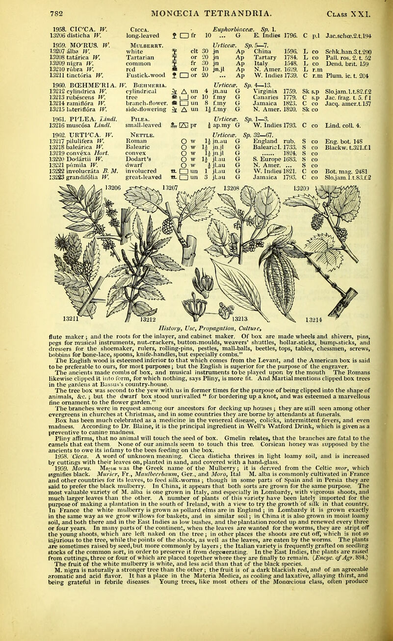 1958. CICCA. W. 13206 disticha W. 1959. MO'RUS. \V. 13207 alba W. 13208 tatarica W. J3209 nigra fV. 13210 rubra W. 13211 tinctoria W. ClCCA. long, leaved Mulberry. white Tartarian common red Fustick-wood 5 □& Euphorbiacece. Sp. 1. 10 ... G E. Indies 1796. C p.l Jac.scho».2.t.l94 Urticete. Sp. 5—7. clt 30 jn Ap China 1596. or 20 jn Ap Tartary 17.84. fr 30 jn Ap Italy 1548. or 10 jn.jl Ap N. Amer. 1629. 1 □ or 20 Ap W. Indies 1739. L co L co L co L r.m C r.m Plum. ic. t. 2C4 Schk.han.3.t.290 Pall. ros. 2. t. 52 Dend. brit. 159 1960. BCEHME'RI A. W. Bceiimf.ria. 13212 cylindrica IV. 13213 rubescens W. 13214 ramiflora W. 13215 lateriflora W. 1961. PI'LEA. Lindl. cylindrical tree branch-flower, side-flowering PlLEA. Vrticece. A li 4 jn.au G *£ l | or 10 f.my G * □ un 8 f.my G ^ A  1| f-my G Sp. 4—13. Virginia 1759. Canaries 1779. Jamaica 1823. N. Amer. 1820. Sk s.p C s.p C co Sk co Slo.jam.1.t.82.f.2 Jac. frag. t. 5. f 1 Jacq. amer.t.157 n 13216 muscosa Lindl. small-leaved $n El pr § 1962. URTI'CA. W. Nettle. 13217 pilulifera W. Roman O w 13218 balearica W. Balearic O w 13219 convexa Hort. convex O w 13220 Dodartii W. Dodart's O w 13221 pumila W. dwarf O vv 1S222 involucrata B. M. involucred o. □ un 13223 grandifolia W. great-leaved tt. □ un Vrticece. Sp. 1—3. ap.my G W. Indies 1793. Vrticece. Sp. 32—67. C co Lind. coll. 4. jn.ai If jn.jl li jn.jl H jl.au I jl-au 1 jl.au 3 jl.au England rub. Balearic 1.1733. 1824. S. Europe 1683. N. Amer. ... W. Indies 1821. Jamaica 1793. Eng. bot. 148 Blackw.t.321.f.l Bot. mag. 2481 Slo.jam.l.t.83.f.2 13211 History, Use, Propagation, Culture, flute maker ; and the roots for the inlayer, and cabinet maker. Of box are made wheels and shivers, pins, pegs for musical instruments, nut-crackers, button-moulds, weavers' shuttles, hollar-sticks, bump-sticks, and dressers for the shoemaker, rulers, rolling-pins, pestles, mall-balls, beetles, tops, tables, chessmen, screws, bobbins for bone-lace, spoons, knife-handles, but especially combs. The English wood is esteemed inferior to that which comes from the Levant, and the American box is said to be preferable to ours, for most purposes; but the English is superior for the purpose of the engraver. The ancients made combs of box, and musical instruments to be played upon by the mouth The Romans likewise clipped it into form, for which nothing, says Pliny, is more fit. And Martial mentions clipped box trees in the gardens at Bassus's country-house. The tree box was second to the yew with us in former times for the purpose of being clipped into the shape of animals, &c.; but the dwarf box stood unrivalled  for bordering up a knot, and was esteemed a marvellous fine ornament to the flower garden. The branches were in request among our ancestors for decking up houses; they are still seen among other evergreens in churches at Christmas, and in some countries they are borne by attendants at funerals. Box has been much celebrated as a medicine in the venereal disease, colicks, intermittent fevers, and even madness. According to Dr. Blaine, it is the principal ingredient in Well's Watford Drink, which is given as a preventive to canine madness. Pliny affirms, that no animal will touch the seed of box. Gmelin relates, that the branches are fatal to the camels that eat them. None of our animals seem to touch this tree. Corsican honey was supposed by the ancients to owe its infamy to the bees feeding on the box. 1958. Cicca. A word of unknown meaning. Cicca disticha thrives in light loamy soil, and is increased by cuttings with their leaves on, planted in sand, and covered with a hand-glass. 1959. Moi-us. M<j;e« was the Greek name of the Mulberry; it is derived from the Celtic mor, which signifies black. Muricr, Fr., Maitlbeerbaum, Ger., and Moro, Ital M. alba is commonly cultivated in France and other countries for its leaves, to feed silk-worms ; though in some parts of Spain and in Persia they are said to prefer the black mulberry. In China, it appears that both sorts are grown for the same purpose. The most valuable variety of M. alba is one grown in Italy, and especially in Lombardy, with vigorous shoots, and much larger leaves than the other. A number of plants of this variety have been lately imported for the purpose of making a plantation in the south of Ireland, with a view to try the growth of silk in that country. In France the white mulberry is grown as pollard elms are in England; in Lombardy it is grown exactiy in the same way as we grow willows for baskets, and in similar soil; in China it is also grown in moist loamy soil, and both there and in the East Indies as low bushes, and the plantation rooted up and renewed every three or four years. In many parts of the continent, when the leaves are wanted for the worms, they are stript off the young shoots^ which are left naked on the tree; in other places the shoots are cut off, which is not so injurious to the tree, while the points of the shoots, as well as the leaves, are eaten by the worms. The plants are sometimes raised by seed, but more commonly by layers; the Italian variety is frequently grafted on seedling stocks of the common sort, in order to preserve it from degenerating. In the East Indies, the plants are raised from cuttings, three or four of which are placed together where they are finally to remain. (Encyc. of Agr. 8S4.) The fruit of the white mulberry is white, and less acid than that of the black species. M. nigra is naturally a stronger tree than the other; the fruit is of a dark blackish red, and of an agreeable aromatic and acid flavor. It has a place in the Materia Medica, as cooling and laxative, allaying thirst, and being grateful in febrile diseases Young trees, like most others of the Monoecious class, often produce