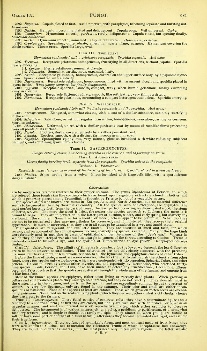 2392. Bulgaria. Cupula closed at first. Asci immersed, with paraphyses, becoming separate and bursting out. Gelatinous. 2393. Ditiola. Hymenium becoming plaited and deliquescent. Cupula open. Veil universal. Corky. 2394. Cenangium. Hymenium smooth, persistent, rarely deliquescent. Cupula closed, but opening finally. Somewhat coriaceous. 2395. Stictis. Hymenium smooth, immersed. Cupula obliterated. Hymenium persistent. 2396. Cryptomyces. Spreading, quite adnate, emerging, nearly plane, carnose. Hymenium covering the whole surtace. Theca; erect. Sporidia large, oval. Class III. Tremellini. Hymenium confounded with a gelatinous receptacle. Sporidia separate. Asci none. 2397. Tremella. Receptacle gelatinous homogeneous, fructifying in all directions, without papilla;. Sporidia nearly emerging. ^ 1. Coryne. Fleshy gelatinous, somewhat clavate. 5 2. Phyllopta. Somewhat cartilaginous, expanded, leafy. 2398. Exidia. Receptacle gelatinous, homogeneous, covered on the upper surface only by a papillose hyme- nium. Sporidia emitted with elasticity. 2399. Dacrymyces. Receptacle gelatinous, homogeneous, filled with assurgent flocci, and sporidia placed in layers inside. When young compact, but finally deliquescent. 2400. Agyrium. Receptacle spherical, smooth, compact, waxy, when humid gelatinous, finally crumbling away in sporidia. 2401. Hymenella. Recep acle flattened, adnate, smooth, like soft leather, very thin, persistent. 2402. Ncetnatelia. Receptacle gelatinous, surrounding a compact heterogeneous nucleus. Sporidia emerging. ClaSS IV. ScLEROTIACEJE. Hymenium confounded both with the fleshy receptacle and the sporidia. Asci none. 2403. Acrospermum. Elongated, somewhat clavate, with a coat of a similar substance, distinctly fructifying at the end. 2404. Sclerotium. Subglobose, or without regular form within, homogeneous, vesiculose, carnose, or corneous. Sporules unknown. 2405. Rhhoctonia. Deformed, united with a similar persistent coat by means of root-like fibres proceeding from all points of its surface. 2406. Periola. Rootless, fleshy, covered entirely by a villous persistent coat. 2407. Acinula. Rootless, smooth, with a distinct farinaceous granular coat. 2408. Erysiphe. Sporangium epiphyllous, very minute, globose, furnished with white radiating subjacent filaments, and containing sporuliferous bodies. Tribe II. GASTEROMYCETES, Fungus entirely closed, and bearing sporidia in the centre ; and so forming an uterus. Class I. Angiogastres. Uterus finally bursting forth, separate from the receptacle. Sporidia lodged in the receptacle. Division I. Phalloidcu;. Receptacle separate, open on account of the bursting of the uterus. Sporidia placed in a mucous layer. 2409. Phallus. Stipes issuing from a volva. Pileus furnished with large cells filled with a sporuliferous slimy substance. Observations. are by modern writers now referred to their proper stations. The genus Mycoderma of Persoon, to which are referred those tough skin-like coatings which are found upon vegetable extracts enclosed in bottles, and which is generally placed among Tremellini, is thought by Fries to be not of a vegetable nature. The species at present known are found in Europe, Asia, and North America, but no material difference seems to be caused in them by their native country. All the species, with one exception, are epiphytes; the most perfect bursting forth from the bark of trees; the least perfect occurring on decorticated wood, the stems of herbs, &c. &c. The more the wood is dried, the nearer the species approach to Lichens; the more it is humid to Algae. They are in perfection in the latter part of autumn, winter, and early spnng, but scarcely any are found in the summer. Some live for a month or more ; others appear to be perennial. When dry they are not to be recognized; they may nevertheless be preserved, and if moistened, they recover their original appearance. It must be observed, that they are in all cases to be examined in a wet and tumid state. Their qualities are refrigerant, and but little known. They are destitute of smell and taste, for which reason, and on account of their mucilaginous texture, scarcely any species is eatable. Many of the large kinds were formerly used in medicine in cases of ophthalmia, under the name of the  Jew's ear. Vinegar in which they had been steeped was also used as a gargle in tumors of the throat, according to Clusius. Tremella fimbriata is said to furnish a dye, and the sporidia of T. mesenterica to dye yellow. Dacrymyces destroys timber. Class IV. Sclerotiacea. The affinity of this class is complex ; for the lower we descend, the less differences are to be found between natural bodies. Thus Sclerotiacei are not only closely connected with the preceding divisions, but have a more or less obvious relation to all the hymenine and epiphytous classes of other tribes. Uefore the time of Tode, a most sagacious observer, who was the first to distinguish the Sclerotia from other fungi, a very few species only were known, which were confounded with Lycoperdon, Spha;ria, Tuber, and other genera. He was followed by various other mycologists, and especially by Decandolle, who described thirty- nine species. Tode, Persoon, and Link, have been unable to detect any fructification; Decandolle, Ehren- berg, and Fries, declare that the sporidia are scattered through the whole mass of the fungus, and emerge from it like hoar-frost. Most of the known species are epiphytes, either upon living or recently dead plants. When growing in cellars and subterraneous places they undergo no alteration, but they do not fructify. They flourish most in the winter, late in the autumn, and early in the spring; and are exceedingly common just at the retreat of winter. A very few Spermodia only are found in the summer. Their odor and smell are either incon- spicuous or nauseous. None of the species at least are eatable. Those which grow on rotten seeds are exceed- ingly poisonous. Some feed on the roots of living plants, which they destroy; others infest sickly herbs, whence they are a pest to the farmers. Tribe II. Gasteromycetes. These fungi consist of concrete cells; they have a determinate figure and a tendency to a spherical form ; at first they are closed, but finally are furnished with an orifice; or burst in an irregular manner, and emit an internal mass of reproductive matter, which either crumbles to pieces or deliquesces. The integument is of various natures, either a volva, a peridium, or perithecium, of a somewhat bladdery texture ; and is simple or double, but rarely multiple. They almost all, when young, are fluxile or soft, or have some part or another of a fluid nature; afterwards they become indurated and rigid, and assume their true forms. Class I. Angiogastres. These are fungi of remarkable forms, and most unusual mode of fructifying ; they were well known to Clusius, not to mention the celebrated Truffle of which Theophrastus had knowledge. They are found in different climates; but the most perfect only in temperate regions. The latter are also 3 R 3