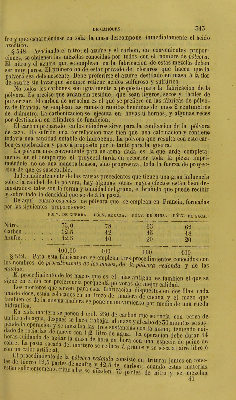 3d5 fre y que esparciéndose en toda la masa descompone inmediatamente el ácido azoótico. § 548. Asociando el nitro, el azufre y el carbon, en convenientes propor- ciones, se obtienen las mezclas conocidas por todos con el nombre de pólvora. El nitro y el azufre que se emplean en la fabricación de estas mezclas deben ser muy puros. El primero ha de estar privado de cloruros que hacen que la pólvora sea delicuescente. Debe preferirse el azufre destilado en masa á la flor de azufre sin lavar que siempre retiene ácidos sulfuroso y sulfúrico No todos los carbones son igualmente á propósito para la fabricación de la pólvora. Es preciso que ardan sin residuo, que sean ligeros, secos y fáciles de pulverizar. El carbon de arraclan es el que se prefiere en las fábricas de pólvo- ra de Francia. Se emplean las ramas ó ramitas hendidas de unos 2 centímetros de diámetro. La carbonización se ejecuta en hoyas ú hornos, y algunas reces por destilación en cilindros de fundición. El carbon preparado en los cilindros sirve para la confección de la pólvora de caza. Ha sufrido una torrefacción mas bien que una calcinación y contiene todavía una cantidad notable de hidrógeno. La pólvora que resulta con este car- bon es quebradiza y poco á propósito por lo tanto para la guerra. La pólvora mas conveniente para un arma dada es la que arde completa- mente en el tiempo que el proyectil tarda en recorrer toda la pieza impri- miéndole, no de una manera nrusca, sino progresiva, toda la fuerza de proyec- ción de que es susceptible. Independientemente de las causas precedentes que tienen una gran influencia sobre la calidad de la pólvora, hay algunas otras cuyos efectos están bien de- mostrados: tales son la forma y tenuidad del grano, el bruñido que puede recibir y sobre todo la densidad que se dé á la pasta. De aquí, cuatro especies de pólvora que se emplean en Francia, formadas por las siguientes proporciones: PÓLV. DE GÜEIIRA. PÓLV. DECAZA. PÓLV. DE MINA. PÓLV. DE SACA. Nitro. Carbon Azufre. 75,0 12,5 12,5 78 12 10 65 15 20 62 18 20 100,00 100 100 100 § 549. Para esta fabricación se emplean tres procedimientos conocidos con los nombres óq procedimiento de los mazos, de h pólvora redonda y de las El procedimiento de los mazos que es el mas antiguo es también el míe se sigue en el día con preferencia porque dá pólvoras de mejor calidad mas cada una ue doce, están colocados en un trozo de madera de encina v el mazo míe hldrâiilîca* por roedlo de uua rueda uo litro^dea'nia'^^desroipf'çp^r^ (luil. 2o0 de carboo que se rocía con cerca de pende la ODeradoa ^ ““z? Y al cabo de 30 minutos sesus- Sadfde rocSriJol^ff “‘ancas con la mano; teniendo cui- hlras cmdaido de a^^^^ 'a apa. La operación debe durar U cobre. La pasta sacóla del m hoia en hora con una especie de peine de clñ Sn calSr a?tiSf '''' » granos y se seca al aire libre « les de Ero'r2™'¿s*draS7'í^^^^ cslán suliclenteroente trituradas se^ a^^dén '78 'pt™^ d nlto v‘si nSan 40