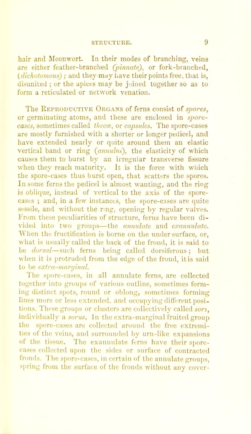 hair and Moon-wort. In their modes of branching, veins are either t'eather-branclied (pinnate), or foriv-branclied, (dich(jlomous) ; and they may liave their points free, that is, disunited ; or the apices may be joined together so as to form a reticulated or network venation. The Reproductive Organs of ferns consist of spores, or germinating atoms, and these are enclosed in sj)ore- cases, sometimes called thecm, or capsules. The spore-cases are mostly furnished with a shorter or longer pedicel, and have extended nearly or quite around them an elastic vertical band or ring (ciniiulus), the elasticity of which causes them to burst by an irregular transverse fissure when they reach maturity. It is the force with which the spore-cases thus burst open, that scatters the spores. In some ferns the pedicel is almost wanting, and the ring is oblique, instead of vertical to the axis of the spore- cases ; and, in a few instances, the spore-cases are quite sessile, and without the ring, opening by regular valves. I'rom tliese peculiarities of structure, ferns have been di- vided into two groups—the annulaie and exannulatc. AVhcn tile fructification is borne on the tinder surface, or, what is usually called the back of tlie frond, it is said to be dursal—such ferns being called dorsiferous; but when it is protruded from the edge of the frond, it is said to be extra-nitn-(jiii(tl. The spore-ca.scs, in all annulate ferns, are collected together into grou[)S of various outline, sonu'timcs form- ing distinct spots, round or oblong, sometimes forming lines more or less extended, and occupying dilfcrent posi- tions. These groups or clusters are collectively called son, individually a. soriis. In the extra-marginal fruited group the spore-cases are collected around the free extrenu- ties of the veins, and surrounded liy urn-like expansions of the tissue. Tlie exannulate ferns have tiudr sjiorc- ca.ses collected upon the sides or surface of contracted fronds. The spore-cases, in certain of the annulate groups, spring from tlie surface of the fronds without any cover-