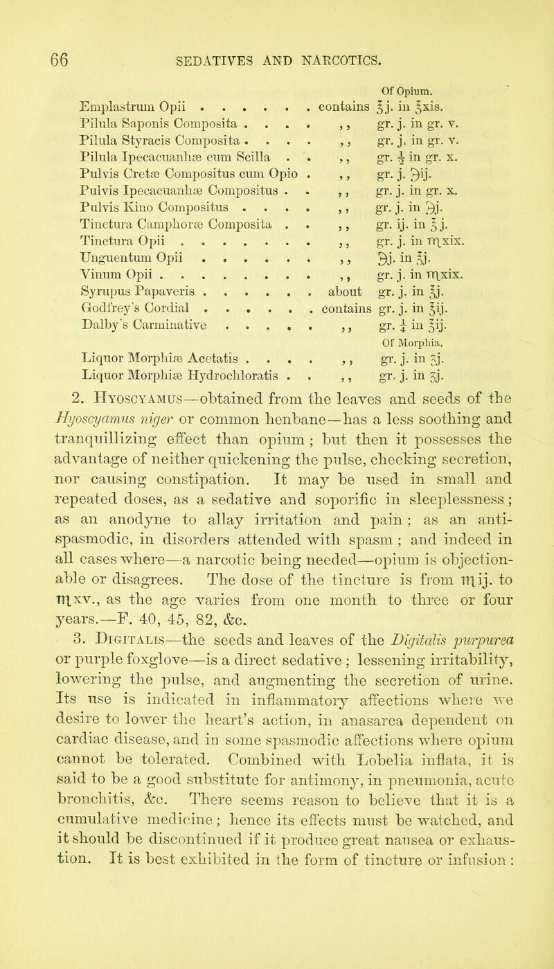 Of Opium. . contains 3j\ in £xis. Pilula Saponis Oomposita . • 5 > gr. j. in gr. v. ? 5 gr. j. in gr. v. Pilula Ipecacuankfe cum Scilla . • 9 1 gr. i in gr. x. Pulvis Cretse Compositus cum Opio > > gr. j. Pulvis Ipecacuankee Compositus . gr. j. in gr. x. Pulvis Kino Compositus . • > ' gr. j. in £j. Tinctura Camphors Composita . * 5 > gr. ij. in Tinctura Opii } ? gr. j. in TTjxix. 5 J * ' J gr. j. in rrvxix. about gr- j. in Si- gr. j- in |ij. gr. i in Of Morphia. Liquor Morpkije Acetatis . ? > gr- j- in 5j. Liquor Morpkise Hydrockloratis . gr- j- in 3J. 2. Hyoscyamus—obtained from the leaves and seeds of the Hyoscyamus niger or common henbane—has a less sootbing and tranquillizing effect than opium ; but tben it possesses the advantage of neither quickening the pulse, checking secretion, nor causing constipation. It may be used in small and repeated doses, as a sedative and soporific in sleeplessness; as an anodyne to allay irritation and pain; as an anti- spasmodic, in disorders attended with spasm; and indeed in all cases where—a narcotic being needed—opium is objection- able or disagrees. The dose of the tincture is from rtiij. to TTlxv., as the age varies from one month to three or four years.—F. 40, 45, 82, &c. 3. Digitalis—the seeds and leaves of the Digitalis purpurea or purple foxglove—is a direct sedative ; lessening irritability, lowering the pulse, and augmenting the secretion of urine. Its use is indicated in inflammatory affections where we desire to lower the heart's action, in anasarca dependent on cardiac disease, and in some spasmodic affections where opium cannot be tolerated. Combined with Lobelia inflata, it is said to be a good substitute for antimony, in pneumonia, acute bronchitis, &c. There seems reason to believe that it is a cumulative medicine; hence its effects must be watched, and it should be discontinued if it produce great nausea or exhaus- tion. It is best exhibited in the form of tincture or infusion:
