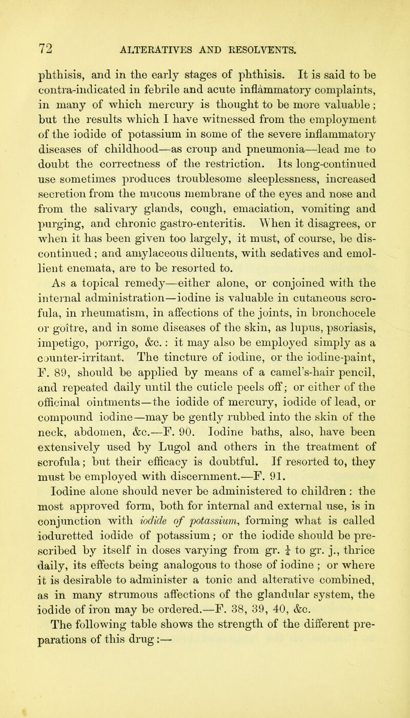 phthisis, and in the early stages of phthisis. It is said to be contra-indicated in febrile and acute inflammatory complaints, in many of which mercury is thought to be more valuable; but the results which I have witnessed from the employment of the iodide of potassium in some of the severe inflammatory diseases of childhood—as croup and pneumonia—lead me to doubt the correctness of the restriction. Its long-continued use sometimes produces troublesome sleeplessness, increased secretion from the mucous membrane of the eyes and nose and from the salivary glands, cough, emaciation, vomiting and purging, and chronic gastro-enteritis. When it disagrees, or when it has been given too largely, it must, of course, be dis- continued ; and amylaceous diluents, with sedatives and emol- lient enemata, are to be resorted to. As a topical remedy—either alone, or conjoined with the internal administration—iodine is valuable in cutaneous scro- fula, in rheumatism, in affections of the joints, in bronchocele or goitre, and in some diseases of the skin, as lupus, psoriasis, impetigo, porrigo, &c.: it may also be employed simply as a counter-irritant. The tincture of iodine, or the iodine-paint, F. 89, should be applied by means of a camel's-hair pencil, and repeated daily until the cuticle peels off; or either of the officinal ointments—the iodide of mercury, iodide of lead, or compound iodine—may be gently rubbed into the skin of the neck, abdomen, &c.—F. 90. Iodine baths, also, have been extensively used by Lugol and others in the treatment of scrofula; but their efficacy is doubtful. If resorted to, they must be employed with discernment.—F. 91. Iodine alone should never be administered to children : the most approved form, both for internal and external use, is in conjunction with iodide of potassium, forming what is called ioduretted iodide of potassium; or the iodide should be pre- scribed by itself in doses varying from gr. i to gr. j., thrice daily, its effects being analogous to those of iodine ; or where it is desirable to administer a tonic and alterative combined, as in many strumous affections of the glandular system, the iodide of iron may be ordered.—F. 38, 39, 40, &c. The following table shows the strength of the different pre- parations of this drug