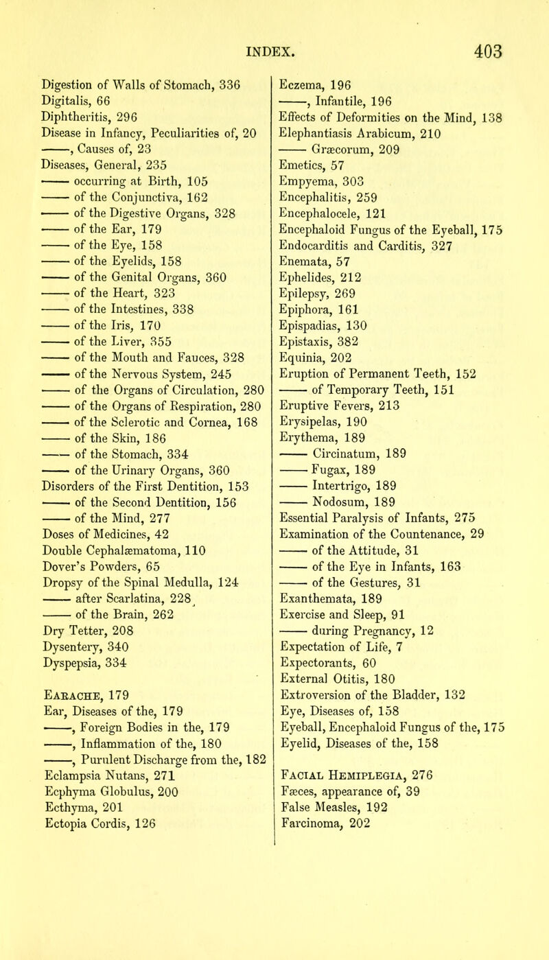 Digestion of Walls of Stomach, 336 Digitalis, 66 Diphtheritis, 296 Disease in Infancy, Peculiarities of, 20 , Causes of, 23 Diseases, General, 235 occurring at Birth, 105 of the Conjunctiva, 162 of the Digestive Organs, 328 of the Ear, 179 of the Eye, 158 of the Eyelids, 158 of the Genital Organs, 360 of the Heart, 323 of the Intestines, 338 of the Iris, 170 of the Liver, 355 of the Mouth and Fauces, 328 ——— of the Nervous System, 245 of the Organs of Circulation, 280 of the Organs of Eespiration, 280 —— of the Sclerotic and Cornea, 168 of the Skin, 186 of the Stomach, 334 of the Urinary Organs, 360 Disorders of the First Dentition, 153 ■ of the Second Dentition, 156 of the Mind, 277 Doses of Medicines, 42 Double Cephalsematoma, 110 Dover's Powders, 65 Dropsy of the Spinal Medulla, 124 after Scarlatina, 228j of the Brain, 262 Dry Tetter, 208 Dysentery, 340 Dyspepsia, 334 Eaeache, 179 Ear, Diseases of the, 179 , Foreign Bodies in the, 179 , Inflammation of the, 180 , Purulent Discharge from the, 182 Eclampsia Nutans, 271 Ecphyma Globulus, 200 Ecthyma, 201 Ectopia Cordis, 126 Eczema, 196 , Infantile, 196 Effects of Deformities on the Mind, 138 Elephantiasis Arabicum, 210 Graecorum, 209 Emetics, 57 Empyema, 303 Encephalitis, 259 Encephalocele, 121 Encephaloid Fungus of the Eyeball, 175 Endocarditis and Carditis, 327 Enemata, 57 Ephelides, 212 Epilepsy, 269 Epiphora, 161 Epispadias, 130 Epistaxis, 382 Equinia, 202 Eruption of Permanent Teeth, 152 of Temporary Teeth, 151 Eruptive Fevers, 213 Erysipelas, 190 Erythema, 189 Circinatum, 189 Fugax, 189 Intertrigo, 189 Nodosum, 189 Essential Paralysis of Infants, 275 Examination of the Countenance, 29 of the Attitude, 31 of the Eye in Infants, 163 of the Gestures, 31 Exanthemata, 189 Exercise and Sleep, 91 during Pregnancy, 12 Expectation of Life, 7 Expectorants, 60 Externa] Otitis, 180 Extroversion of the Bladder, 132 Eye, Diseases of, 158 Eyeball, Encephaloid Fungus of the, 175 Eyelid, Diseases of the, 158 Facial Hemiplegia, 276 Faeces, appearance of, 39 False Measles, 192 Farcinoma, 202