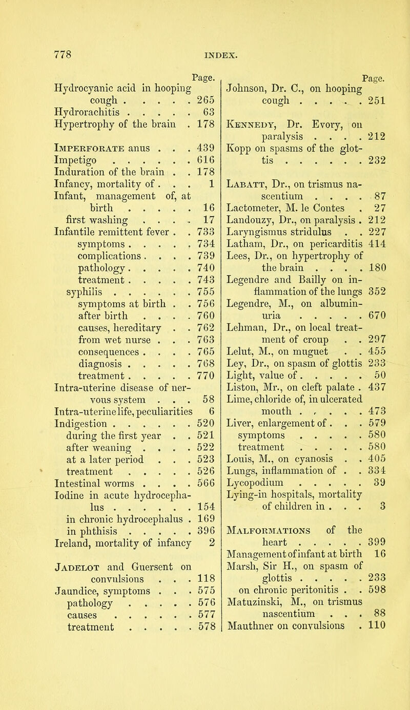 Page. Hydrocyanic acid in hooping cough 265 Hydrorachitis 63 Hypertrophy of the brain . 178 Imperforate anus . . .439 Impetigo 616 Induration of the brain . .178 Infancy, mortality of. . . 1 Infant, management of, at birth 16 first washing 17 Infantile remittent fever . .733 symptoms ..... 734 complications. . . .739 pathology 740 treatment 743 syphilis 755 symptoms at birth . .756 afterbirth .... 760 causes, hereditary . . 762 from wet nurse . . .763 consequences .... 765 diagnosis 768 treatment 770 Intra-uterine disease of ner- vous system . . . 58 Intra-uterine life, peculiarities 6 Indigestion 520 during the first year . .521 after weaning . . . .522 at a later period . . .523 treatment 526 Intestinal worms . . . .566 Iodine in acute hydrocepha- lus 154 in chronic hydrocephalus . 169 in phthisis 396 Ireland, mortality of infancy 2 Jadeeot and Guersent on convulsions . . .118 Jaundice, symptoms . . .575 pathology 576 causes 577 treatment 578 Page. Johnson, Dr. C, on hooping cough 251 Kennedy, Dr. Evory, on paralysis . . . .212 Kopp on spasms of the glot- tis 232 Labatt, Dr., on trismus na- scentium .... 87 Lactometer, M. le Contes . 27 Landouzy, Dr., on paralysis . 212 Laryngismus stridulus . .227 Latham, Dr., on pericarditis 414 Lees, Dr., on hypertrophy of the brain . . . .180 Legendre and Bailly on in- flammation of the lungs 352 Legendre, M., on albumin- uria 670 Lehman, Dr., on local treat- ment of croup . .297 Lelut, M., on muguet . . 455 Ley, Dr., on spasm of glottis 233 Light, value of 50 Liston, Mr., on cleft palate . 437 Lime, chloride of, in ulcerated mouth 473 Liver, enlargement of . . .579 symptoms 580 treatment 580 Louis, M., on cyanosis . .405 Lungs, inflammation of . .331 Lycopodium 39 Lying-in hospitals, mortality of children in . . . 3 Malformations of the heart 399 Management of infant at birth 16 Marsh, Sir H., on spasm of glottis 233 on chronic peritonitis . .598 Matuzinski, M., on trismus nascentium ... 88 Mauthner on convulsions . 110