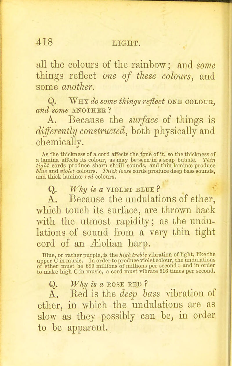 all the colours of the rainbow; and some things reflect one of these colours, and some another. Q. Why do sojne things reflect one coloite, and some another ? A. Because the surface of things is differenthj constructed, both physically and chemically. As the tWckness of a cord affects the tone of it, bo the thickness of a lamina affects its colour, as may be seen in a soap bubble. Thin tight cords produce sharp shrill sounds, and thin laminae produce hhie and violet colours. Thick loose cords produce deep bass sounds, and thick laminEe red colom-s. Q. Why is a tiolet blue ? A. Because the undulations of ether, which touch its sm-face, are thrown back with the utmost rapidity; as the undu- lations of sound from a very thin tight cord of an ^olian harp. Blue, or ratherpurple, is the high ireJ^e vibration of Ught, like the upper C in music. In order to produce violet colour, the undulations of ether must be 699 miUions of millions per second : and in order to make high C in music, a cord must vibrate 516 times per second, Q. WJiy is a rose red ? A. Red is the deep bass vibration of ether, in which the undulations are as slow as they possibly can be, in order to be apparent.