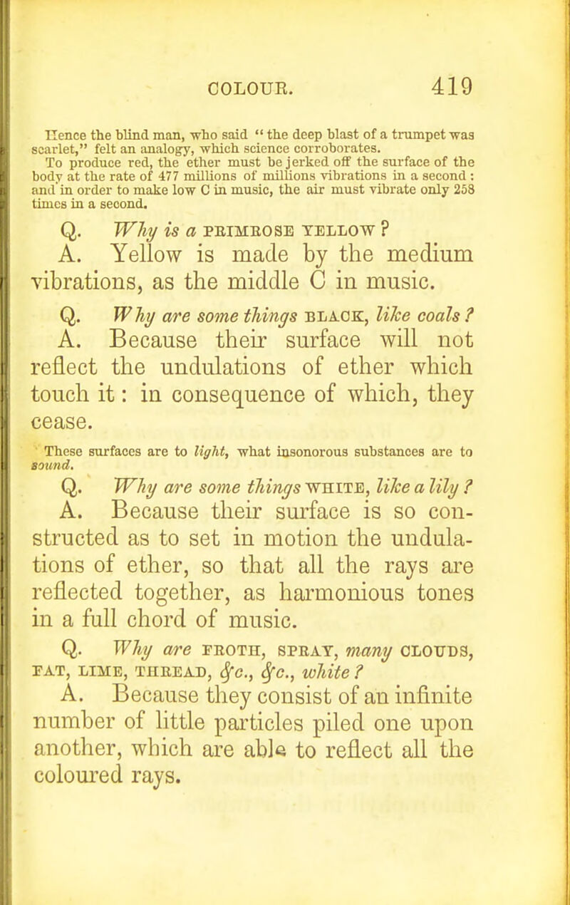 nence the blind man, who said tlie deep blast of a tnunpet was scarlet, felt an analogy, -which science corroborates. To produce red, the ether must be jerked off the surface of the body at the rate of 477 millions of nulUons vibrations in a second : and in order to make low C in music, the air must vibrate only 258 times in a second. Q. Why is a PEIMEOSE YELLOW ? A. Yellow is made by the medium vibrations, as the middle C in music. Q. WJii/ are some tJiings black:, like coals ? A. Because their surface will not reflect the undulations of ether which touch it: in consequence of which, they cease. These surfaces are to light, what iasonorous substances are to sound. Q. Why are some things white, like a lily ? A. Because their sm-face is so con- structed as to set in motion the undula- tions of ether, so that all the rays are reflected together, as harmonious tones in a full chord of music. Q. Why are eeoth, sprat, many olotjds, FAT, LIME, THEEAD, SfC., SfC., wMte ? A. Because they consist of an infinite number of little particles piled one upon another, which are able to reflect all the colom'ed rays.