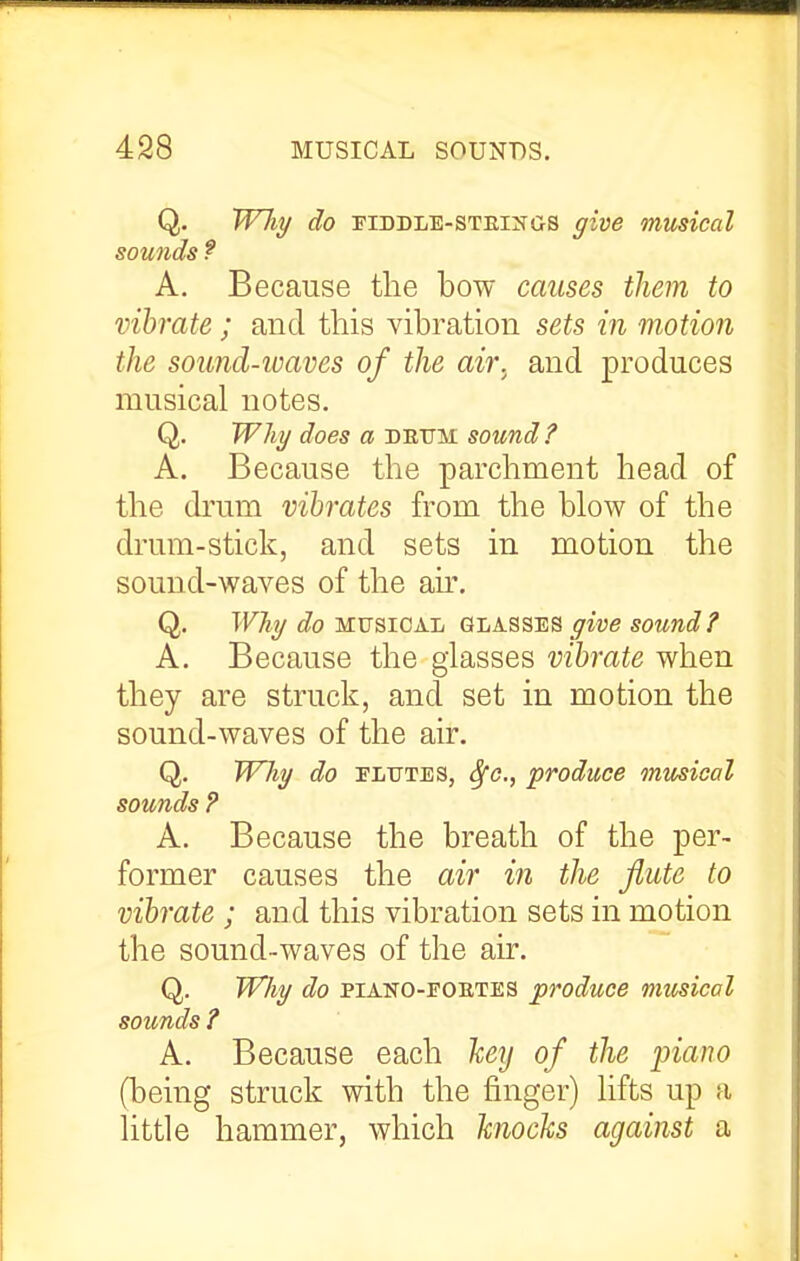 Q. Why do fiddle-steings give musical sowids f A. Because the bow causes tJiem to vibrate ; and this vibration sets in motion the sound-iuaves of the air. and produces musical notes. Q. Why does a dbtjm sound? A. Because the parchment head of the drum vibrates from the blow of the drum-stick, and sets in motion the sound-waves of the air. Q. Why do MUsiOAL glasses give sound? A. Because the glasses vibrate when they are struck, and set in motion the sound-waves of the air. Q. Why do TLTiTES, Sfc., produce musical sounds ? A. Because the breath of the per- former causes the air in the flute to vibrate ; and this vibration sets in motion the sound-waves of the air. Q. Wliy do PiANO-EOETES produce musical sounds ? A. Because each hey of the piano (being struck with the finger) lifts up a httle hammer, which knocks against a